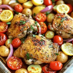 - 4 boneless, skinless chicken thighs - 1 lemon (juiced and zested) - 3 cloves garlic, minced - 2 teaspoons dried oregano - 1 teaspoon dried thyme - 1 teaspoon smoked paprika - 1 teaspoon salt - ½ teaspoon black pepper - 2 tablespoons olive oil - 2 cups baby potatoes, halved - 1 cup cherry tomatoes - 1 bell pepper (any color), sliced - 1 red onion, cut into wedges - Fresh parsley for garnish This recipe is simple yet full of flavor. You’ll love how the chicken thighs soak up the bright lemon and herb mix. The garlic adds warmth, bringing everything together. For seasoning, the dried oregano and thyme add depth. Smoked paprika gives a nice touch of warmth. You control the salt and pepper to suit your taste. The veggies shine too! Baby potatoes become tender and creamy. Cherry tomatoes burst with sweetness. Bell peppers add crunch, while red onion caramelizes nicely in the oven. Fresh parsley makes a lovely finish. It not only adds color but also freshness to the dish. You can find the full recipe for this tasty meal and dive into the details of cooking it to perfection. Enjoy this easy, one-pan delight! 1. Preheat your oven to 425°F (220°C). This makes sure the chicken cooks well. 2. Line a large baking sheet with parchment paper. This helps with easy cleanup. 3. In a small bowl, mix the lemon juice, lemon zest, minced garlic, oregano, thyme, smoked paprika, salt, black pepper, and olive oil. Whisk until smooth. 1. Take the chicken thighs and place them on the lined baking sheet. 2. Pour half of the lemon herb mixture over the chicken. Make sure each piece is well coated. Save the other half for the veggies. 1. In a large bowl, toss the baby potatoes, cherry tomatoes, bell pepper slices, and red onion wedges with the remaining lemon herb mixture. Make sure all the veggies get coated. 2. Arrange the seasoned veggies around the chicken on the baking sheet. 1. Bake everything in the preheated oven for 25 to 30 minutes. Check that the chicken reaches 165°F (75°C) inside. The veggies should be tender and slightly caramelized. 2. When done, take the baking sheet out of the oven. Let it rest for a few minutes before serving. Enjoy your meal bursting with flavor and color. For more details, you can check the Full Recipe. To ensure a juicy result, choose chicken thighs over breasts. Thighs have more fat, which keeps them moist. Marinate the chicken for at least 30 minutes. This allows the flavors to soak in well. You can even marinate overnight for deeper flavor. Using a meat thermometer is key. Insert it into the thickest part of the thigh. It should read 165°F (75°C) to be safe to eat. This method helps avoid undercooked or overcooked chicken. For marinating, a good rule is to let it sit at least 30 minutes. If you have time, let it sit for 2 hours. This helps the chicken absorb more flavor. Want to switch things up? You can use lime juice instead of lemon. Fresh herbs like basil or cilantro add a nice twist, too. For a bit of heat, add red pepper flakes to the marinade. Using a sheet pan has many advantages. It allows for easy cleanup and quick cooking. Everything cooks together, letting the flavors blend. To achieve even cooking, cut veggies into similar sizes. Place denser vegetables, like potatoes, on one side. Less dense ones, like tomatoes, go on the other. This way, all ingredients cook perfectly without burning. For more detailed steps, check the Full Recipe. {{image_2}} You can change the protein in this dish. Instead of chicken thighs, use chicken breasts for a leaner option. They cook fast, too. If you're looking for other proteins, try turkey or tofu. Turkey gives you a similar taste with a bit less fat. Tofu is a great choice for a plant-based meal. Just make sure to press it first to remove excess water. Seasonal veggies can add a fun twist. In spring, use asparagus or peas. In fall, try butternut squash or Brussels sprouts. You can mix colors and textures. Carrots and zucchini work great, too. Toss in some green beans for a crunchy bite. Each veggie brings its own flavor, making your dish unique. Feel free to play with herbs and spices. For a bolder taste, add rosemary or basil. A pinch of red pepper flakes can give it heat. You can also swap out the lemon for lime or orange juice. This small change can refresh the dish. Each citrus fruit adds a different twist to the marinade. For the best results, use fresh herbs when possible. This will enhance the flavor and make your meal pop. For the full recipe, check out the [Full Recipe]. To store leftovers, let the chicken and veggies cool. Place them in an airtight container. They will stay fresh in the fridge for up to four days. Make sure to keep the chicken and veggies together for best flavor. If you want to freeze this meal, first cool it completely. Then, transfer the chicken and veggies to a freezer-safe bag or container. This dish can last in the freezer for about three months. To defrost, move it to the fridge overnight. For reheating, the oven works best to keep the texture. Preheat your oven to 350°F (175°C). Place the chicken and veggies on a baking sheet and cover them with foil. Heat for about 15-20 minutes until warmed through. This method keeps the flavors bright and the chicken juicy. You can also use the microwave, but it may not keep the same texture. Yes, you can prepare this sheet pan recipe ahead of time. You can marinate the chicken and veggies in the lemon herb mixture a few hours before cooking. This helps the flavors soak in. Store them in the fridge until you are ready to bake. This makes it easy to enjoy a fresh meal after a busy day. To check if the chicken is fully cooked, use a meat thermometer. Insert it into the thickest part of the thigh. The chicken should reach an internal temperature of 165°F (75°C). If you don’t have a thermometer, cut into the chicken. The juices should run clear, and the meat should look white, not pink. You can serve this dish with many things. A simple green salad pairs well. You could also add rice or quinoa for a hearty side. Garlic bread is another tasty option. For a fresh twist, try a light yogurt sauce or tzatziki on the side. Yes, you can use other spices for this recipe. Feel free to experiment with flavors. For a kick, add cayenne pepper or red pepper flakes. If you like a sweeter touch, try adding a bit of brown sugar. Fresh herbs like basil or cilantro can also add a nice twist. Just be sure to adjust the amounts to match your taste. This blog post showed you how to make Lemon Herb Chicken and Veggies. We explored the ingredients, preparation steps, and cooking tips. You can make this dish with ease and adjust it to fit your taste. Try different proteins or veggies to keep things fresh. Remember, meal prep can save time and reduce waste. Enjoy the delicious results, and feel free to experiment! The joy of cooking lies in your creativity. Now, get started and treat yourself to a tasty meal!
