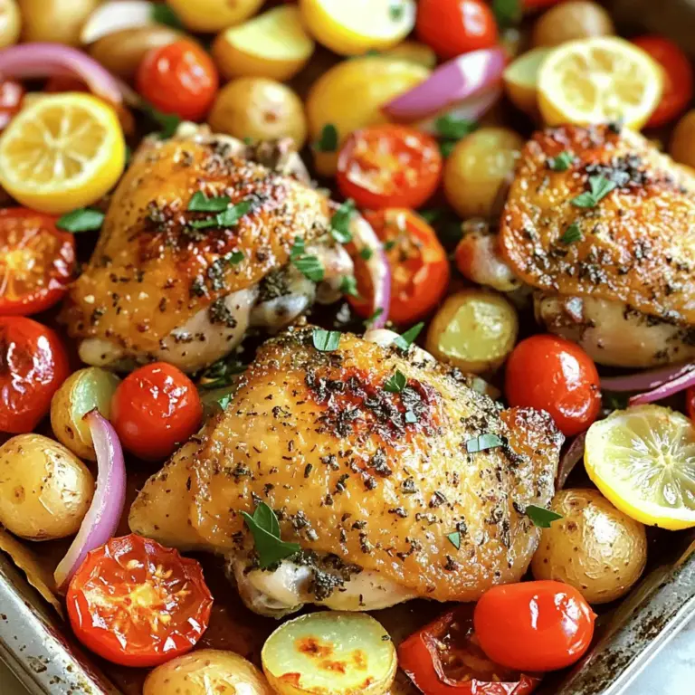 - 4 boneless, skinless chicken thighs - 1 lemon (juiced and zested) - 3 cloves garlic, minced - 2 teaspoons dried oregano - 1 teaspoon dried thyme - 1 teaspoon smoked paprika - 1 teaspoon salt - ½ teaspoon black pepper - 2 tablespoons olive oil - 2 cups baby potatoes, halved - 1 cup cherry tomatoes - 1 bell pepper (any color), sliced - 1 red onion, cut into wedges - Fresh parsley for garnish This recipe is simple yet full of flavor. You’ll love how the chicken thighs soak up the bright lemon and herb mix. The garlic adds warmth, bringing everything together. For seasoning, the dried oregano and thyme add depth. Smoked paprika gives a nice touch of warmth. You control the salt and pepper to suit your taste. The veggies shine too! Baby potatoes become tender and creamy. Cherry tomatoes burst with sweetness. Bell peppers add crunch, while red onion caramelizes nicely in the oven. Fresh parsley makes a lovely finish. It not only adds color but also freshness to the dish. You can find the full recipe for this tasty meal and dive into the details of cooking it to perfection. Enjoy this easy, one-pan delight! 1. Preheat your oven to 425°F (220°C). This makes sure the chicken cooks well. 2. Line a large baking sheet with parchment paper. This helps with easy cleanup. 3. In a small bowl, mix the lemon juice, lemon zest, minced garlic, oregano, thyme, smoked paprika, salt, black pepper, and olive oil. Whisk until smooth. 1. Take the chicken thighs and place them on the lined baking sheet. 2. Pour half of the lemon herb mixture over the chicken. Make sure each piece is well coated. Save the other half for the veggies. 1. In a large bowl, toss the baby potatoes, cherry tomatoes, bell pepper slices, and red onion wedges with the remaining lemon herb mixture. Make sure all the veggies get coated. 2. Arrange the seasoned veggies around the chicken on the baking sheet. 1. Bake everything in the preheated oven for 25 to 30 minutes. Check that the chicken reaches 165°F (75°C) inside. The veggies should be tender and slightly caramelized. 2. When done, take the baking sheet out of the oven. Let it rest for a few minutes before serving. Enjoy your meal bursting with flavor and color. For more details, you can check the Full Recipe. To ensure a juicy result, choose chicken thighs over breasts. Thighs have more fat, which keeps them moist. Marinate the chicken for at least 30 minutes. This allows the flavors to soak in well. You can even marinate overnight for deeper flavor. Using a meat thermometer is key. Insert it into the thickest part of the thigh. It should read 165°F (75°C) to be safe to eat. This method helps avoid undercooked or overcooked chicken. For marinating, a good rule is to let it sit at least 30 minutes. If you have time, let it sit for 2 hours. This helps the chicken absorb more flavor. Want to switch things up? You can use lime juice instead of lemon. Fresh herbs like basil or cilantro add a nice twist, too. For a bit of heat, add red pepper flakes to the marinade. Using a sheet pan has many advantages. It allows for easy cleanup and quick cooking. Everything cooks together, letting the flavors blend. To achieve even cooking, cut veggies into similar sizes. Place denser vegetables, like potatoes, on one side. Less dense ones, like tomatoes, go on the other. This way, all ingredients cook perfectly without burning. For more detailed steps, check the Full Recipe. {{image_2}} You can change the protein in this dish. Instead of chicken thighs, use chicken breasts for a leaner option. They cook fast, too. If you're looking for other proteins, try turkey or tofu. Turkey gives you a similar taste with a bit less fat. Tofu is a great choice for a plant-based meal. Just make sure to press it first to remove excess water. Seasonal veggies can add a fun twist. In spring, use asparagus or peas. In fall, try butternut squash or Brussels sprouts. You can mix colors and textures. Carrots and zucchini work great, too. Toss in some green beans for a crunchy bite. Each veggie brings its own flavor, making your dish unique. Feel free to play with herbs and spices. For a bolder taste, add rosemary or basil. A pinch of red pepper flakes can give it heat. You can also swap out the lemon for lime or orange juice. This small change can refresh the dish. Each citrus fruit adds a different twist to the marinade. For the best results, use fresh herbs when possible. This will enhance the flavor and make your meal pop. For the full recipe, check out the [Full Recipe]. To store leftovers, let the chicken and veggies cool. Place them in an airtight container. They will stay fresh in the fridge for up to four days. Make sure to keep the chicken and veggies together for best flavor. If you want to freeze this meal, first cool it completely. Then, transfer the chicken and veggies to a freezer-safe bag or container. This dish can last in the freezer for about three months. To defrost, move it to the fridge overnight. For reheating, the oven works best to keep the texture. Preheat your oven to 350°F (175°C). Place the chicken and veggies on a baking sheet and cover them with foil. Heat for about 15-20 minutes until warmed through. This method keeps the flavors bright and the chicken juicy. You can also use the microwave, but it may not keep the same texture. Yes, you can prepare this sheet pan recipe ahead of time. You can marinate the chicken and veggies in the lemon herb mixture a few hours before cooking. This helps the flavors soak in. Store them in the fridge until you are ready to bake. This makes it easy to enjoy a fresh meal after a busy day. To check if the chicken is fully cooked, use a meat thermometer. Insert it into the thickest part of the thigh. The chicken should reach an internal temperature of 165°F (75°C). If you don’t have a thermometer, cut into the chicken. The juices should run clear, and the meat should look white, not pink. You can serve this dish with many things. A simple green salad pairs well. You could also add rice or quinoa for a hearty side. Garlic bread is another tasty option. For a fresh twist, try a light yogurt sauce or tzatziki on the side. Yes, you can use other spices for this recipe. Feel free to experiment with flavors. For a kick, add cayenne pepper or red pepper flakes. If you like a sweeter touch, try adding a bit of brown sugar. Fresh herbs like basil or cilantro can also add a nice twist. Just be sure to adjust the amounts to match your taste. This blog post showed you how to make Lemon Herb Chicken and Veggies. We explored the ingredients, preparation steps, and cooking tips. You can make this dish with ease and adjust it to fit your taste. Try different proteins or veggies to keep things fresh. Remember, meal prep can save time and reduce waste. Enjoy the delicious results, and feel free to experiment! The joy of cooking lies in your creativity. Now, get started and treat yourself to a tasty meal!