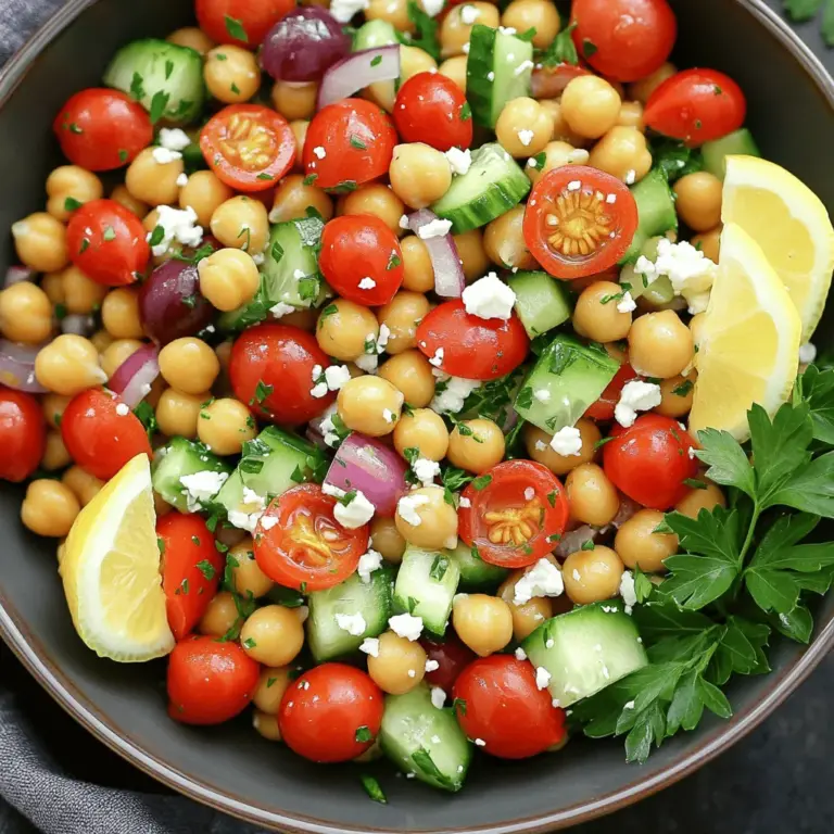 - Canned chickpeas - Cherry tomatoes - Cucumber - Red onion - Kalamata olives - Feta cheese - Fresh parsley - Olive oil - Lemon juice - Dried oregano - Salt and black pepper - Chickpeas provide high protein content. - Cherry tomatoes are rich in antioxidants. - Olive oil offers healthy fats. Chickpeas are the star of this salad. They add a hearty feel and protein. I love using canned chickpeas because they save time. Just rinse and drain, and you’re ready to go! Cherry tomatoes bring a burst of sweetness and color. I cut them in half for easy bites. Cucumber adds crunch and freshness to the dish. I dice it into small pieces for texture. Red onion gives a mild zing, but you can use less if you prefer. Kalamata olives add a briny flavor. Their deep taste brightens the salad. Feta cheese gives a creamy touch. I crumble it right over the top. Fresh parsley adds a bright green pop and earthy flavor. It’s the perfect herb to finish this dish. For the dressing, I use simple ingredients. Olive oil is the base and adds richness. Lemon juice brings a bright, zesty kick. Dried oregano gives an herbal note that ties it all together. I season with salt and black pepper to taste. This salad is not just tasty; it’s packed with nutrition. The protein from chickpeas keeps you full. Cherry tomatoes help fight free radicals due to their antioxidants. The healthy fats from olive oil support heart health. You can find the full recipe at the end of the article. Enjoy making this delightful Mediterranean chickpea salad! - In a large mixing bowl, combine the chickpeas, cherry tomatoes, cucumber, red onion, olives, feta cheese, and parsley. Make sure to rinse and drain the chickpeas first. This step is key to avoid excess salt and liquid in your salad. - In a small bowl, whisk together the olive oil, lemon juice, dried oregano, salt, and black pepper. Whisking well helps blend the flavors. This dressing adds a zesty kick to your salad. - Pour the dressing over the salad mix. This will elevate the taste of the veggies and chickpeas. - Gently toss to combine everything. Be careful not to smash the chickpeas or feta. You want each bite to be delicious and fresh. - Let the salad sit for at least 15 minutes before serving. This allows the flavors to meld beautifully. - For serving suggestions, present the salad in a large bowl. Drizzle a bit more olive oil on top and garnish with fresh parsley and lemon wedges. This makes the dish vibrant and inviting. To make your Mediterranean chickpea salad shine, let it sit before serving. This resting time lets the flavors mix well, making each bite taste better. Fresh herbs add a bright note. Use parsley, basil, or mint for a fresh twist. Add chopped nuts for a fun crunch. Almonds or walnuts work great. For a creamy touch, include avocado. It makes the salad rich and satisfying, balancing the textures nicely. Prepare your ingredients ahead of time. Chop veggies and store them in separate containers. This way, you save time when making the salad. Use an airtight container to keep it fresh. Your salad will taste great even after a few days. For the full recipe, check the earlier section. {{image_2}} You can easily make this salad even more colorful and tasty. Adding bell peppers brings a sweet crunch. Choose any color you like! Carrots also add vibrant color and a nice bite. For a more filling dish, try incorporating quinoa. Quinoa is high in protein and makes the salad heartier. If you want extra protein, grilled chicken or shrimp works great. Just cook them first and slice them up. Canned tuna or salmon are also easy options. They add flavor and more nutrients without much effort. To change the flavor, try different cheeses. Goat cheese or mozzarella can give a fresh twist. Instead of lemon dressing, you might like using balsamic vinaigrette. It adds a rich, sweet taste that pairs well with the salad. Explore these variations to find your favorite mix! For the full recipe, check the details above. To store leftovers of your Mediterranean chickpea salad, place it in an airtight container. This keeps the salad fresh and tasty. Make sure to seal it tightly to avoid air exposure. If you have extra dressing, store it separately. This helps prevent the salad from getting soggy. You can enjoy your salad for up to three days in the fridge. Can you freeze Mediterranean chickpea salad? Freezing is not the best option for this salad. It can change the texture of the veggies and chickpeas. If you need to freeze it, prepare the salad without the dressing. Store the salad in a freezer-safe container. When ready to eat, thaw it in the fridge overnight and then add the dressing. How long does the salad last in the fridge? If stored properly, your salad can last about three days. Always check for signs of spoilage before eating. Signs that the salad has spoiled include a strange smell or slimy texture. If you see any of these signs, it’s best to toss it out. Yes, you can make this salad ahead of time. For the best taste, eat it within three days. The flavors blend nicely when it sits. Store it in an airtight container in the fridge. Make sure to keep the dressing separate if you want it to stay fresh longer. Just add the dressing right before serving. Yes, Mediterranean Chickpea Salad can be vegan! Just skip the feta cheese. You can use avocado or a vegan cheese instead. Both options add creaminess and flavor. This way, anyone can enjoy the salad! This salad pairs well with many dishes. Here are some ideas: - Grilled chicken or fish for a protein boost - Pita bread for a crunchy side - Hummus for a creamy dip - Quinoa for a filling addition These options make a lovely meal together. You can find the Full Recipe for the salad above! This blog post showed you how to make a tasty Mediterranean Chickpea Salad. You learned about the key ingredients, including chickpeas, veggies, and feta cheese. We discussed how to make the dressing, toss the salad, and let flavors blend. You can enhance this salad with nuts, herbs, or extra protein. Remember, store leftovers properly for the best taste. This salad is versatile and easy to customize. Enjoy your healthy dish!
