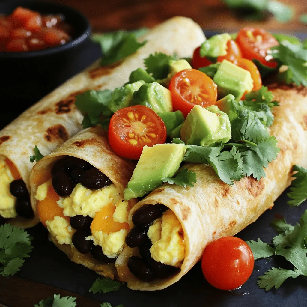 Here’s what you need to make these tasty breakfast burritos. Gather all your ingredients before you start cooking. This makes the process smooth and fun. - 4 large flour tortillas - 6 large eggs - 1 cup black beans, drained and rinsed - 1 cup cherry tomatoes, halved - 1 cup cheddar cheese, shredded - 1 avocado, diced - 1/2 cup bell pepper, finely chopped (red or green) - 1/4 cup red onion, finely chopped - 1 teaspoon ground cumin - 1 teaspoon paprika - Salt and pepper to taste - 2 tablespoons olive oil - Fresh cilantro, chopped (for garnish) - Salsa (for serving) This list ensures you have bright flavors and good textures in each bite. Each ingredient plays a role in making your burrito delicious. For the full recipe, check the other sections. Start by cracking six large eggs into a bowl. Whisk them well until they blend into a smooth mix. Add one teaspoon of ground cumin and one teaspoon of paprika. Sprinkle in salt and pepper to taste. This mix will give your eggs a rich flavor. Next, heat two tablespoons of olive oil in a large skillet over medium heat. Once hot, add half a cup of finely chopped bell pepper and a quarter cup of finely chopped red onion. Sauté these for about three to four minutes until they soften. The smell will make you hungry! Now, pour the egg mixture into the skillet with the vegetables. Stir gently as the eggs begin to cook. This should take about three to five minutes. You want to form soft curds, not dry eggs. Keep an eye on them. When the eggs are nearly done but still fluffy, fold in one cup of drained black beans and one cup of halved cherry tomatoes. Mix gently and let them heat for two to three more minutes. This adds more flavor and texture to your filling. Grab four large flour tortillas. Place some of the egg and vegetable mixture in the center of each tortilla. Be generous! Top it with one cup of shredded cheddar cheese and some diced avocado. This makes each bite creamy and delicious. To wrap, fold the sides of the tortilla in first, then roll it from the bottom up. Make sure the filling stays inside. Now, return the skillet to medium heat. Place the wrapped burritos seam-side down in the skillet. Toast for about two to three minutes on each side until they turn golden brown and crispy. Now you have a tasty breakfast burrito ready to enjoy! For the full recipe, check out the details above. Achieving the Right Egg Consistency For the best texture, whisk the eggs well. This adds air and makes them fluffy. Cook the eggs on medium heat. Stir gently to form soft curds. Remove them from heat when they are still slightly runny. They will continue to cook after you take them off the stove. Getting a Golden Brown Exterior To achieve a perfect golden brown crust, use enough olive oil when toasting. Heat the skillet well before adding the burritos. Place them seam-side down first. Cook for 2-3 minutes on each side until crispy. This gives your burrito a nice crunch. Recommended Spices and Seasonings Spices boost the flavor of your burrito. I suggest using ground cumin and paprika for warmth. You can also try chili powder for extra heat. A pinch of salt and pepper enhances all the flavors. Additional Toppings to Consider Toppings can take your burrito to the next level. Fresh ingredients like diced avocado and cherry tomatoes add creaminess and brightness. You can also add sour cream or Greek yogurt for a tangy touch. Don't forget chopped cilantro for a fresh finish. Pairing Ideas with Salsa Salsa is a perfect side. It adds spice and freshness. I love to use a fresh pico de gallo or a smooth salsa verde. Either choice adds a burst of flavor that complements the burrito well. Presentation Tips To make your dish look great, cut the burrito in half diagonally. This shows off the colorful filling. Serve it on a plate with a scoop of salsa on the side. Garnish with a sprinkle of cilantro for a pop of color. If you want to try making these delightful burritos, check out the Full Recipe for all the details! {{image_2}} For a tasty vegetarian burrito, you can use a mix of fresh vegetables. Try adding spinach, zucchini, or mushrooms. These veggies add great flavor and color to the filling. You could even toss in some sweet corn for a touch of sweetness. When it comes to protein, beans are a great choice. You can use black beans, pinto beans, or chickpeas. They provide a hearty texture and boost the protein level. Tofu is another option. It absorbs flavors well and can be cooked until golden. If you enjoy meat, bacon or sausage brings great flavor to your burrito. Cook the bacon until crisp and crumble it into the egg mixture. For sausage, cook it in the skillet first. Then add the eggs and veggies. This makes the filling rich and savory. For chicken or beef burritos, use cooked shredded chicken or ground beef. Season them with spices that match the burrito flavor. You can even use leftover grilled meats for a quick and tasty meal. If you need a gluten-free option, look for gluten-free tortillas. Many brands offer tasty alternatives made from rice or corn. These work well for wraps and taste great. For low-carb options, try using lettuce leaves instead of tortillas. This gives you a fresh crunch and cuts down on carbs. You can wrap the filling in large leaves, like romaine or butter lettuce. This is a fun and light way to enjoy your burrito! These variations let you create a breakfast burrito that suits your taste and diet. You can explore different flavors and make it your own! Check out the Full Recipe for more ideas on making these delicious burritos. To keep your burritos fresh, store them right away. Wrap each burrito in plastic wrap or foil. Place them in an airtight container. - Refrigeration Guidelines: You can store burritos in the fridge for up to three days. Make sure they cool to room temperature before storing. This helps prevent sogginess. - Freezing Burritos for Later: For longer storage, freeze the burritos. Wrap them tightly in plastic wrap and then foil. Label them with the date. They can last up to three months in the freezer. To enjoy your leftovers, you’ll need to reheat them well. - Best Methods for Softness: The microwave is quick and easy. Unwrap the burrito and place it on a plate. Heat for 1-2 minutes, flipping halfway. For a crispier option, use an oven or skillet. Preheat the oven to 350°F (175°C) and bake for 15-20 minutes. - Avoiding Sogginess: If using a microwave, cover the burrito with a damp paper towel. This keeps moisture in but avoids sogginess. If you use a skillet, keep the heat moderate. This helps the outside stay crispy while heating the inside. For the full recipe, check out the Savory Breakfast Burritos. You can use corn tortillas if you want a gluten-free option. They are smaller, but they hold up well. You can also try whole wheat tortillas for a healthier choice. Lettuce wraps are great for low-carb diets. Yes, you can make burritos ahead of time. Just prepare the filling and wrap them in tortillas. Then, store them in the fridge for up to three days. You can also freeze them for up to three months. Just let them cool completely before wrapping. To make burritos spicy, add jalapeños or diced green chilies to the filling. You can also use spicy salsa or hot sauce when serving. For an extra kick, sprinkle in some cayenne pepper or crushed red pepper flakes during cooking. Many fillings work well in burritos. You can use cooked chicken, beef, or pork for protein. Try sautéed mushrooms, zucchini, or spinach for added veggies. Cheese types like pepper jack or feta can also add great flavor. Yes, you can bake burritos instead of toasting them. Preheat your oven to 375°F (190°C). Place the wrapped burritos seam-side down on a baking sheet. Bake for about 20 minutes until they are golden brown and hot. This method is great for making multiple burritos at once. For the full recipe, check out the Savory Breakfast Burritos section. You’ve learned how to make delicious burritos packed with tasty ingredients. We covered everything from the filling to wrapping techniques. Don’t forget to explore variations to fit your taste and dietary needs. With the tips provided, you can enjoy perfect burritos every time. Have fun with different flavors! Try new ingredients and impress your friends and family. Happy cooking, and enjoy your culinary creations!