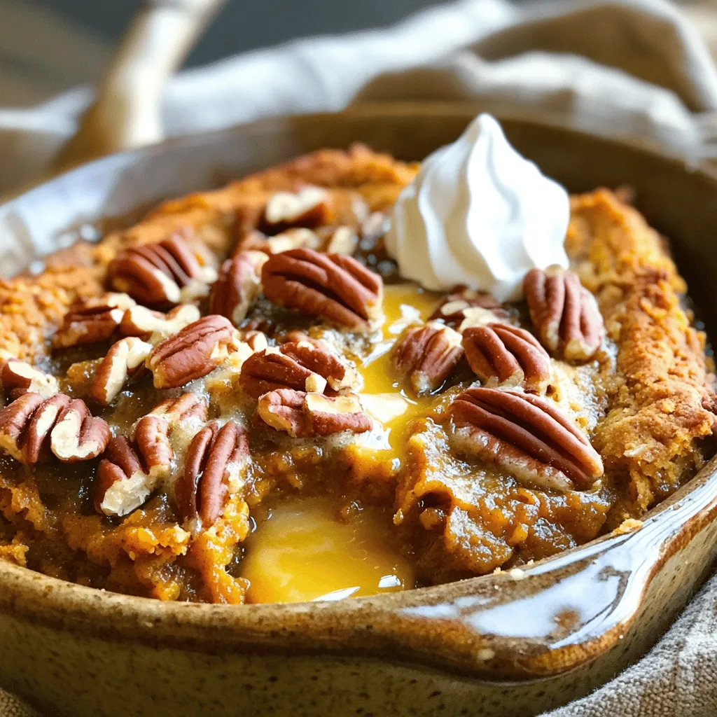 To make a great pumpkin pie dump cake, you need the following: - 1 (15 oz) can of pure pumpkin puree - 1 (12 oz) can of evaporated milk - 1 cup granulated sugar - 3 large eggs - 1 teaspoon vanilla extract - 2 teaspoons pumpkin pie spice - 1/2 teaspoon salt - 1 box of yellow cake mix (15.25 oz) - 1/2 cup unsalted butter, melted - 1 cup chopped pecans (or walnuts) - Whipped cream (for serving, optional) These ingredients come together to create a rich and creamy dessert. The pumpkin puree gives it a smooth texture. The spices add warmth, while the cake mix creates a nice topping. You can change the flavor and texture of your dump cake. Here are some options: - Add chocolate chips for a sweet twist. - Use a spice cake mix for a different flavor. - Swap pecans for walnuts or almonds. - Mix in dried cranberries for a fruity touch. Each of these options brings its own unique taste to the dish. Feel free to experiment and discover what you love most! When picking your ingredients, quality matters. Here are my tips: - Select 100% pure pumpkin puree, not pumpkin pie filling. - Use fresh eggs for better flavor. - Choose high-quality vanilla extract for a deeper taste. - Opt for unsalted butter to control the salt in your dish. By choosing the right ingredients, you enhance the overall flavor and texture of your pumpkin pie dump cake. This recipe is easy and fun, so don't hesitate to explore! For the full recipe, check out the details above. To make the pumpkin filling, grab a large mixing bowl. Add the pumpkin puree, evaporated milk, sugar, eggs, vanilla extract, pumpkin pie spice, and salt. Whisk these ingredients together until the mixture is smooth. This step is key for a tasty filling. Make sure no lumps remain. You want it creamy and rich. This is the heart of your dump cake. Next, take a greased 9x13 inch baking dish. Pour the pumpkin mixture evenly into the dish. Spread it out well. Now, open your box of yellow cake mix. Sprinkle the cake mix over the pumpkin filling. Try to cover the whole surface evenly. Don’t mix it in; this keeps the layers separate. Then, drizzle the melted butter over the cake mix. This adds moisture and flavor. Finally, sprinkle chopped pecans or walnuts on top. This gives a nice crunch. Now, it’s time to bake. Preheat your oven to 350°F (175°C). Place your baking dish in the oven and bake for 45-50 minutes. Check for a golden brown color on top. The pumpkin filling should be set in the center. When it’s done, let the dump cake cool for a few minutes. This allows the flavors to meld. Enjoy your delicious creation warm or at room temperature. For a treat, add whipped cream on top. You can find the complete recipe and details in the Full Recipe section. To bake a great dump cake, always use fresh ingredients. Fresh pumpkin puree gives the best flavor. Also, ensure your eggs are at room temperature. This helps them mix well and makes a smooth filling. When measuring sugar, use a dry measuring cup and level it off for accuracy. For the best texture, mix the pumpkin filling well until it is smooth. This ensures even baking. When you sprinkle the cake mix, do not mix it in. Let it sit on top. This creates a nice crust. The melted butter should cover as much of the mix as possible. This helps it brown nicely. If your dump cake is too dry, it may need more butter. Try adding a bit more next time. If it’s too wet, you may have added too much pumpkin or liquid. Also, bake it longer if the center wobbles. It should be set and firm. For a full recipe, check out the [Full Recipe]. {{image_2}} You can make a gluten-free version of this cake. Swap regular cake mix for a gluten-free mix. Check the label to ensure it has no gluten. The taste stays rich and delicious. You won’t miss the gluten at all! For a vegan dump cake, use plant-based milk instead of evaporated milk. Replace eggs with flax eggs or applesauce. Use vegan butter to drizzle on top of the cake mix. This keeps the flavors intact while making it plant-based. You can add fun flavors to your cake. Mix in chocolate chips or caramel bits for sweetness. Try adding chopped apples or cranberries for a fruity twist. A dash of maple syrup can also enhance the taste. Feel free to get creative with your favorite flavors! To keep leftover pumpkin pie dump cake fresh, let it cool first. Then, cover it tightly with plastic wrap or aluminum foil. Store it in the fridge for up to five days. This helps keep the flavors and texture intact. If you want to save some for later, freezing is a great option. You can freeze pumpkin pie dump cake for up to three months. Cut the cake into squares or keep it whole. Wrap each piece in plastic wrap, then place them in a freezer-safe bag. Label the bag with the date. When you're ready to eat it, just pull it out of the freezer. To reheat your dump cake, preheat your oven to 350°F (175°C). Place the cake in an oven-safe dish. Cover it with foil to keep it moist. Heat it for about 15-20 minutes. You can also microwave it for 30-60 seconds if you want a quicker option. Enjoy the warm flavors just like fresh! Yes, you can make Pumpkin Pie Dump Cake ahead of time. You can prepare the cake and store it in the fridge. Just cover it with plastic wrap or foil. It will stay fresh for a few days. If you want to serve it later, reheat it in the oven. Warm it at 350°F for about 15 minutes. This keeps the flavors rich and the texture great. Pumpkin Pie Dump Cake is great on its own. You can also serve it with whipped cream. Ice cream is another tasty choice. A scoop of vanilla or cinnamon ice cream adds a nice touch. Some people love to add a sprinkle of nuts on top. You could also offer a drizzle of caramel sauce for extra sweetness. No, it is not necessary to use pecans or walnuts. They add a nice crunch and flavor. However, if you prefer, you can skip them. You can also use other nuts, like almonds. If you want a nut-free option, just leave them out. The dump cake will still taste amazing. Yes, you can use fresh pumpkin. First, cook the pumpkin until soft. Then, blend it until smooth. This will give a fresh taste. Make sure to measure out 15 oz of puree for the recipe. Fresh pumpkin might take more time but adds a special touch. When stored correctly, Pumpkin Pie Dump Cake lasts about 3 to 4 days in the fridge. Make sure to keep it in an airtight container. If you want to enjoy it longer, you can freeze it. It can last up to 2 months in the freezer. Just thaw it in the fridge before serving. Yes, you can add chocolate chips! They add a sweet twist to the dump cake. Just sprinkle them on top of the cake mix before baking. Semi-sweet or dark chocolate chips work best. This gives a nice contrast to the pumpkin flavor. If your dump cake turns out too dry, it could be overbaked. Keep an eye on the baking time next time. You can also add more butter on top before baking. This helps to keep it moist. If it’s too dry after baking, serve it with whipped cream or ice cream to add moisture. Yes, you can make a gluten-free version. Just use a gluten-free cake mix. Make sure to check the other ingredients for gluten. The rest of the recipe stays the same. This way, everyone can enjoy a slice! Yes, greasing the baking dish is important. It helps the dump cake come out easily after baking. You can use butter or cooking spray. Make sure to cover the bottom and sides well for best results. You can use a different type of cake mix if you like. Spice cake mix works great for more flavor. Yellow cake mix is the classic choice, but feel free to experiment. Each type gives a unique twist to the dump cake. Enjoy trying out different flavors! This blog covered how to make a delicious Pumpkin Pie Dump Cake. We explored essential and optional ingredients, tips for choosing the best options, and step-by-step baking instructions. You learned how to store leftovers and variations for gluten-free and vegan diets. Remember, small changes can elevate your dessert game. Enjoy experimenting with flavors and textures!