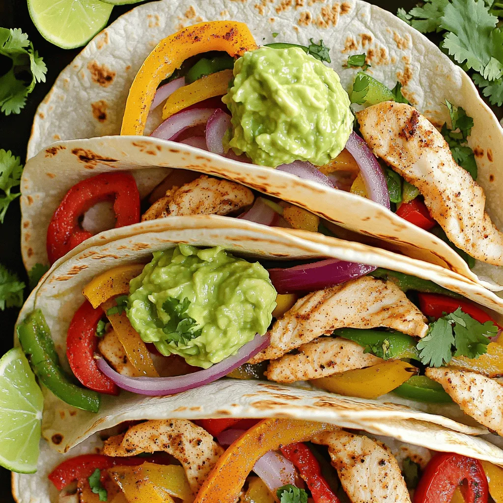 - 1 pound chicken breast, sliced into thin strips - 3 types of bell peppers (red, yellow, green) - 1 red onion, sliced For this dish, you will need fresh chicken and colorful veggies. I love using three bell peppers for their sweet taste and bright colors. The red onion adds a nice bite. When you mix these ingredients, you get a feast for your eyes and stomach! - Chili powder - Cumin - Smoked paprika - Garlic powder - Onion powder - Salt and black pepper to taste Spices make this meal pop! Chili powder adds heat, while cumin and smoked paprika offer deep flavor. Garlic and onion powder give it a savory touch. Don’t forget to season with salt and pepper to make it all come together. - Sour cream - Guacamole - Salsa - Fresh cilantro - Lime wedges Toppings can make your fajitas even better! A dollop of sour cream cools the heat. Guacamole adds creaminess, and salsa brings freshness. A sprinkle of cilantro brightens the dish, and a squeeze of lime gives it a zing. You can find the full recipe above to guide you through this delicious meal. - Preheat your oven to 425°F (220°C). - In a large bowl, combine the sliced chicken, red, yellow, and green bell peppers, along with the red onion. - Drizzle olive oil over the chicken and vegetables. - Add chili powder, cumin, smoked paprika, garlic powder, onion powder, salt, and black pepper. - Toss everything together until well coated. - Spread the mixture evenly on a parchment-lined sheet pan. - Bake for 20-25 minutes. Stir halfway through for even cooking. This simple process gives you a vibrant dish full of flavor. For the full recipe, check out the details above! To get the best texture in your sheet pan fajitas, set your oven to 425°F (220°C). This temperature cooks the chicken and veggies just right. Stir the mix halfway through cooking. This step helps everything cook evenly and prevents burning. You can switch up the protein in your fajitas. Try beef, shrimp, or tofu. Each choice brings a unique taste. You can also add more veggies like zucchini, mushrooms, or corn. These additions can give your dish more color and flavor. There are many fun ways to serve your fajitas. You can let everyone build their own with tortillas and toppings. Some great toppings to try are sour cream, guacamole, and salsa. For sides, consider rice, beans, or a fresh salad. To drink, pair your fajitas with a cold beer or a fruity mocktail. {{image_2}} You can make delicious vegetarian fajitas! Just swap the chicken for plant-based proteins like tofu or tempeh. These options absorb flavors well and add great texture. I like to use extra vegetables like zucchini, mushrooms, or corn. They make the dish colorful and tasty! Do you want more heat? Add sliced jalapeños or your favorite hot sauce to the mix. Start with a small amount, then taste. You can always add more spice if needed. Adjust the heat to your liking, so everyone enjoys their meal. Want to try different flavors? Marinate the chicken ahead of time for extra taste. Use lime juice, soy sauce, or even teriyaki for a fun twist. Mix in fresh herbs like cilantro or basil to change the flavor profile. Each marinade gives your fajitas a unique flair. For the full recipe, check out the Sizzlin' Sheet Pan Fajitas section! To store your fajitas, use an airtight container. Place the chicken and veggies in the container and seal it well. This method keeps your meal fresh. You can refrigerate leftovers for up to three days. Make sure to let them cool down first before sealing. You can freeze the fajita mixture for later use. First, let the cooked fajitas cool completely. Then, place them in a freezer-safe bag. Squeeze out excess air to prevent freezer burn. You can freeze them for up to three months. When you are ready to eat, thaw the mixture in the fridge overnight. To reheat, the oven works best for texture. Preheat it to 350°F (175°C). Spread the fajitas on a baking sheet and warm for about 10-15 minutes. You can also use a microwave for quick reheating. Just place the mixture in a microwave-safe bowl and heat it for one minute. Stir and check if it’s hot enough. If not, heat for 30 more seconds. Use whichever method you prefer, but the oven gives better results. To boost the flavor of your fajitas, you can add a few simple tweaks. First, try marinating the chicken for a few hours. A mix of lime juice, olive oil, and spices works great. You can also add fresh herbs like cilantro or parsley. For more heat, toss in sliced jalapeños. Using fresh vegetables boosts taste too. Don't forget to season with salt and pepper well. This enhances all the flavors. Yes, you can prep the fajitas ahead of time! Slice the chicken and veggies a day before. Store them in an airtight container in the fridge. You can mix the spices in a separate bowl. Just combine everything when you’re ready to cook. If you have leftovers, keep them in the fridge for up to three days. Sheet pan fajitas pair well with many sides. Some great options include: - Mexican rice - Refried beans - Corn on the cob - A fresh green salad - Chips and salsa These sides add variety and make for a fun meal! This blog post shared a simple sheet pan fajitas recipe. You learned about the key ingredients, steps, and tips for cooking. I covered fun variations and smart storage ideas. You can easily make this dish your own, whether you prefer chicken, veggies, or spicy heat. Fajitas are great for meal prep, fun dinners, or a tasty snack. With its vibrant flavors and fresh options, fajitas can please anyone. Dive in and enjoy making this dish again and again!