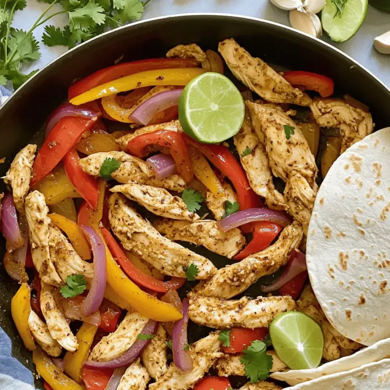 - Boneless, skinless chicken breasts - Bell peppers (red and yellow) - Red onion - Garlic For this dish, I prefer using boneless, skinless chicken breasts. They cook evenly and stay juicy. Slice them into thin strips for quick cooking. I love adding colorful bell peppers, both red and yellow. They add sweetness and crunch. A large red onion also brings great flavor. Don’t forget the garlic! It adds a nice depth to the dish. - Olive oil - Ground cumin - Smoked paprika - Chili powder - Lime juice The right spices make a big difference. I use olive oil to help the spices stick. Ground cumin adds warmth and earthiness. Smoked paprika gives a subtle smokiness that is hard to beat. Chili powder brings a bit of heat and flavor. A splash of fresh lime juice brightens everything up. This mix makes the chicken taste amazing. - Flour or corn tortillas - Fresh cilantro for garnish - Optional toppings like salsa and guacamole To serve, I recommend warm flour or corn tortillas. They hold everything together nicely. Fresh cilantro adds a pop of color and flavor. You can also add toppings like salsa and guacamole for extra taste. These make the meal even more fun and tasty. For the full recipe, you can check the [Full Recipe]. - Slice chicken, vegetables, and mince garlic. - Season the chicken with spices and lime juice. Start by slicing 1 pound of boneless, skinless chicken breasts into thin strips. Next, slice 2 bell peppers and 1 large red onion. Mince 3 cloves of garlic and keep them aside. This step is key for even cooking and great flavor. In a large bowl, combine the chicken with 2 tablespoons of olive oil, 1 teaspoon of ground cumin, 1 teaspoon of smoked paprika, 1 teaspoon of chili powder, ½ teaspoon of salt, and ½ teaspoon of black pepper. Squeeze the juice of 1 lime over the mixture. Toss until the chicken gets a nice coat of spices. - Cook seasoned chicken in a skillet. - Add vegetables and sauté until tender. Heat a large non-stick skillet or cast-iron pan over medium-high heat. Once hot, add the seasoned chicken strips. Cook for about 5 to 7 minutes. Stir occasionally until the chicken is browned and cooked through. Now, it's time to add the vegetables. Toss in the sliced bell peppers, red onion, and minced garlic. Stir everything together. Cook for another 5 to 8 minutes. You want the veggies tender but still crisp. - Adjust seasoning and add optional heat. - Serve with tortillas and garnish. Taste your dish and adjust the seasoning if needed. If you enjoy heat, sprinkle in some crushed red pepper flakes. Remove the skillet from heat and let it rest for a few minutes. Serve warm with tortillas on the side to build your fajitas. Garnish with fresh chopped cilantro. For the full recipe, check out the details above. Enjoy your meal! To achieve the perfect sauté, heat your skillet well. A hot skillet helps the chicken brown nicely. I use a non-stick or cast-iron skillet for best results. Add the chicken strips and let them cook without stirring for a few minutes. This creates a nice sear. Stir occasionally to cook evenly. Ensure your chicken is thoroughly cooked by checking its internal temperature. Use a meat thermometer; it should reach 165°F (75°C). This keeps the chicken safe to eat and juicy. If you don't have a thermometer, cut a piece open. The meat should be white, not pink. For seasoning adjustments, taste your dish as you cook. If you like it spicier, add more chili powder or crushed red pepper. You can also add a pinch of salt to enhance flavors. Fresh lime juice brightens the dish. Serve your One-Pan Chicken Fajitas with sides like rice or beans. A fresh salad pairs well too. Guacamole and salsa bring extra flavor and texture. These sides make the meal feel complete and satisfying. A large non-stick skillet is best for even cooking. It allows the chicken and veggies to brown nicely without sticking. A cast-iron skillet also works well, giving a great char. Utilize kitchen tools like a sharp knife for slicing ingredients. A cutting board helps keep your counter clean. Use measuring spoons for spices to ensure balanced flavor. Preparations become easier with the right tools at hand. {{image_2}} You can swap chicken for shrimp or beef. Shrimp cooks fast, making it a great choice. Just adjust cooking time to avoid overcooking. Beef adds a rich taste. Use flank steak or sirloin for the best flavor. For a vegetarian twist, try plant-based proteins like tofu or tempeh. They soak up flavors well and offer a hearty bite. Want more veggies? Add zucchini, mushrooms, or spinach. These options enhance color and nutrition. You can also use roasted corn for sweetness. For homemade fajita seasonings, mix chili powder, cumin, and paprika. Add onion powder or oregano for extra depth. Make a big batch and store it for later. Fajita bowls are fun! Use rice or quinoa as a base. Layer with your cooked chicken and veggies, then top with salsa or avocado. You can also make fajita salads. Toss the chicken and veggies on a bed of greens. Drizzle with a lime vinaigrette for a fresh kick. Experiment with different sauces like chipotle mayo or creamy ranch. The options are endless! For the full recipe, check out the details above. To store your One-Pan Chicken Fajitas, first let them cool down. Place leftovers in a tight container. I recommend using glass containers or BPA-free plastic ones. These keep the flavors fresh. You can store them for up to four days in the fridge. If you want to save some for later, freezing works well. Pack the cooked fajitas in freezer bags. Remove as much air as you can. They will stay good for about three months. When you are ready to eat, thaw them in the fridge overnight. Reheat them in a skillet or microwave until hot. In the fridge, your fajitas last about four days. Be sure to check for signs of spoilage. If you see any mold or notice a bad smell, toss them out. Fresh food is key to a great meal! Enjoy your delightful one-pan chicken fajitas! For the full recipe, check out the earlier section. Making One-Pan Chicken Fajitas is quick. It takes about 10 minutes to prep. Cooking takes around 10 minutes, making the total time 20 minutes. You can enjoy a tasty meal in no time! Yes, you can prepare One-Pan Chicken Fajitas ahead. Cook them fully, let them cool, and store in an airtight container. They last in the fridge for up to three days. To reheat, warm them in a skillet over low heat. Stir often to heat evenly. You can serve One-Pan Chicken Fajitas with many sides. Here are a few ideas: - Rice or quinoa for a filling base. - Black beans for added protein. - Fresh salsa for a zesty kick. - Guacamole for creaminess. - Sour cream for a cool touch. Check out the Full Recipe for more ways to enjoy these fajitas! In this blog post, I shared a simple recipe for One-Pan Chicken Fajitas. We covered the main ingredients, step-by-step instructions, and tips for storing leftovers. I also explored variations like different proteins and serving styles. These fajitas are easy to make and full of flavor. Whether you use chicken or try new veggies, you can enjoy them your way. Now, grab your skillet and get cooking! Enjoy your tasty meal.