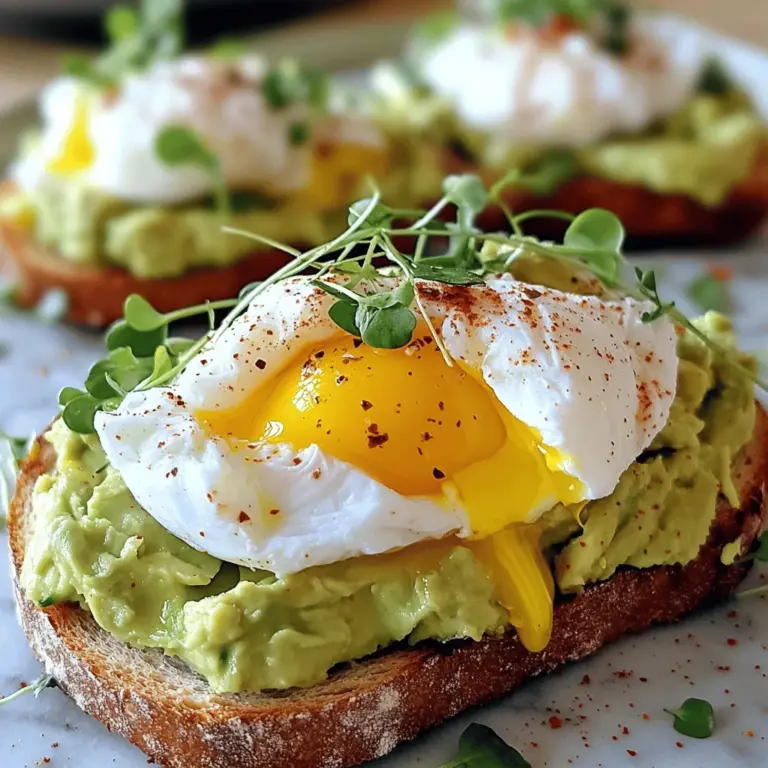 - 2 slices of sourdough bread - 1 ripe avocado - 2 large eggs - 1 tablespoon lemon juice - 1 teaspoon chili flakes - 1 tablespoon olive oil - Salt and pepper to taste - Fresh microgreens or herbs (like cilantro or basil) Creating this dish is simple yet rewarding. First, I choose fresh sourdough bread. It gives a perfect crunch and a nice base. The avocado should be ripe but not too soft. This ensures a creamy texture without being mushy. For flavor, I always add a splash of lemon juice. It brightens up the dish and keeps the avocado green. A sprinkle of chili flakes adds a gentle heat that contrasts with the smooth avocado. I finish it with olive oil, salt, and pepper for a balanced taste. Don't forget the garnishes! Fresh microgreens or herbs can elevate the dish. They add a pop of color and freshness. This recipe is not just about taste; it's about presentation too. You can find the full recipe linked above to guide you through each step. Enjoy making this delightful meal! - Toast the sourdough bread: Start by toasting two slices of sourdough. Toast them until they are golden brown and crispy. This gives a crunchy base for your dish. - Mash the avocado with seasoning: While the bread toasts, cut a ripe avocado in half. Take out the pit and scoop the green flesh into a bowl. Add one tablespoon of lemon juice, salt, and pepper to taste. Use a fork to mash the avocado lightly. You want it creamy but still chunky. - Instructions for creating a whirlpool: Fill a saucepan with about three inches of water. Bring it to a gentle simmer on the stove. Crack one egg into a small bowl. Stir the simmering water to create a gentle whirlpool. This will help the egg white wrap around the yolk. - Timing for achieving the perfect runny yolk: Gently slide the egg into the center of the whirlpool. Poach it for about three to four minutes. This time gives you a nice runny yolk. Use a slotted spoon to remove it from the water and set it on a plate. Repeat for the second egg. - Spreading avocado on toast: Once the bread is toasted, take each slice and spread a generous amount of mashed avocado on top. Make sure to cover the bread well. - Drizzling olive oil and adding chili flakes: Take one tablespoon of olive oil and drizzle it over the avocado. Sprinkle one teaspoon of chili flakes on top for a bit of heat. - Adding the poached egg and garnishing: Carefully place one poached egg on each slice of avocado toast. If you like, add more salt and pepper to taste. Finish with a sprinkle of fresh microgreens or herbs. This adds color and freshness to your dish. For the full recipe, check the details above! To make a perfect poached egg, start with fresh eggs. Fresh eggs hold their shape better. Here are some best practices: - Use a small pot with about three inches of water. - Heat the water until it's just simmering, not boiling. - Crack the egg into a bowl before adding it to the water. - Create a gentle whirlpool with a spoon before sliding in the egg. Common mistakes include using boiling water or not using fresh eggs. Boiling water can make the egg break apart. If the egg spreads too much, it won't look nice on your toast. To boost the flavor of your avocado toast, try these seasonings: - A pinch of salt and freshly cracked pepper - A squeeze of lemon juice for brightness - Chili flakes for a bit of heat You can also add creative toppings like: - Feta cheese for a salty bite - Sliced radishes for crunch - A drizzle of balsamic glaze for sweetness To make your dish look stunning, focus on plating: - Use a vibrant plate to make the colors pop. - Place the avocado toast slightly off-center for a casual look. - Top the poached egg with fresh microgreens or herbs. For complementary sides, consider serving: - A small fruit salad for freshness - A light green salad to balance the meal For more details, check the Full Recipe. {{image_2}} For a lighter take on avocado toast, consider using whole grain or gluten-free bread. These options pack more fiber and nutrients. You can also add toppings like sliced tomatoes or radishes for extra crunch. If you're watching your fat intake, try a low-fat Greek yogurt instead of an egg. It adds creaminess without the extra calories. To switch things up, try a Mediterranean twist. Add crumbled feta and sliced olives on top of your avocado spread. This mix gives a salty burst of flavor. If you love heat, drizzle sriracha or add sliced jalapeños. These will spice up your toast and take it to another level. Fresh herbs can brighten your dish. Try adding basil or cilantro for a pop of flavor. You can also toss in seasonal veggies like arugula or spinach. For a sweet touch, consider thinly sliced strawberries or peaches when they’re in season. These fruits add a delightful contrast to the creamy avocado. For the full recipe, check the details above. To keep your avocado fresh, store it in an airtight container. Always add a splash of lemon juice. This helps slow down browning. You can keep mashed avocado in the fridge for up to two days. For reheating toast, use a toaster or oven. This keeps it crispy. Avoid microwaving, as it can make the bread soggy. For the poached eggs, gently warm them in hot water. Serve the leftovers with fresh herbs for added flavor. When it comes to food safety, always check the eggs. Ensure they are fresh and stored in the fridge. Avocado should also be ripe but not overripe. Discard any avocado that looks brown or mushy. Follow these steps to enjoy safe and tasty meals! You can poach eggs without vinegar by using a few different methods. One option is to use a non-stick pan and plenty of water. Heat the water to a gentle simmer. Create a whirlpool, then add the egg. This helps keep the egg white together. Another method is to use silicone molds. Place the molds in simmering water and crack the eggs inside. This helps the eggs hold their shape. Yes, you can make avocado toast ahead of time, but it’s best to prep wisely. Toast your bread and prepare the avocado mixture separately. Store the avocado in an airtight container. Add lemon juice to slow browning. Assemble the toast just before serving to keep it fresh and tasty. Sourdough bread is a top choice for avocado toast. Its crusty outside and soft inside make a great base. Whole grain bread adds fiber and flavor. You can also try rye or gluten-free bread if you prefer. Choose a bread that you enjoy for the best taste. To keep your avocado fresh, add lemon or lime juice right after cutting. The acid slows down browning. Store the avocado in an airtight container. You can also place the pit in the container with the avocado. This can help keep it green longer. If you cover it with plastic wrap, press it tightly against the surface. Avocado toast with a poached egg is simple but delicious. We explored ingredients, from ripe avocados to sourdough bread. You learned steps for perfect poached eggs and creative ways to enhance flavor. Remember, mastering techniques and presentation makes your dish shine. Try different toppings and seasonal ingredients to keep it fresh. Enjoy your tasty creation, and don’t forget to share your twists with others!