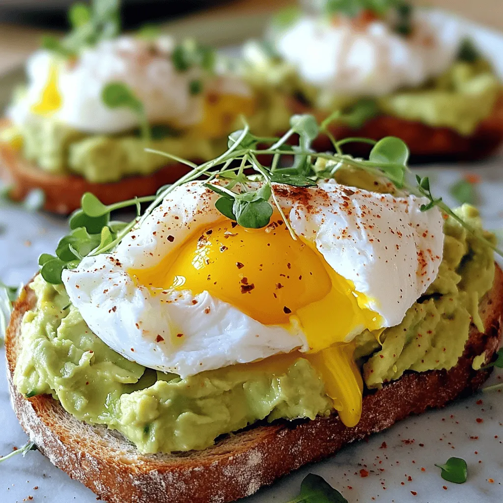 - 2 slices of sourdough bread - 1 ripe avocado - 2 large eggs - 1 tablespoon lemon juice - 1 teaspoon chili flakes - 1 tablespoon olive oil - Salt and pepper to taste - Fresh microgreens or herbs (like cilantro or basil) Creating this dish is simple yet rewarding. First, I choose fresh sourdough bread. It gives a perfect crunch and a nice base. The avocado should be ripe but not too soft. This ensures a creamy texture without being mushy. For flavor, I always add a splash of lemon juice. It brightens up the dish and keeps the avocado green. A sprinkle of chili flakes adds a gentle heat that contrasts with the smooth avocado. I finish it with olive oil, salt, and pepper for a balanced taste. Don't forget the garnishes! Fresh microgreens or herbs can elevate the dish. They add a pop of color and freshness. This recipe is not just about taste; it's about presentation too. You can find the full recipe linked above to guide you through each step. Enjoy making this delightful meal! - Toast the sourdough bread: Start by toasting two slices of sourdough. Toast them until they are golden brown and crispy. This gives a crunchy base for your dish. - Mash the avocado with seasoning: While the bread toasts, cut a ripe avocado in half. Take out the pit and scoop the green flesh into a bowl. Add one tablespoon of lemon juice, salt, and pepper to taste. Use a fork to mash the avocado lightly. You want it creamy but still chunky. - Instructions for creating a whirlpool: Fill a saucepan with about three inches of water. Bring it to a gentle simmer on the stove. Crack one egg into a small bowl. Stir the simmering water to create a gentle whirlpool. This will help the egg white wrap around the yolk. - Timing for achieving the perfect runny yolk: Gently slide the egg into the center of the whirlpool. Poach it for about three to four minutes. This time gives you a nice runny yolk. Use a slotted spoon to remove it from the water and set it on a plate. Repeat for the second egg. - Spreading avocado on toast: Once the bread is toasted, take each slice and spread a generous amount of mashed avocado on top. Make sure to cover the bread well. - Drizzling olive oil and adding chili flakes: Take one tablespoon of olive oil and drizzle it over the avocado. Sprinkle one teaspoon of chili flakes on top for a bit of heat. - Adding the poached egg and garnishing: Carefully place one poached egg on each slice of avocado toast. If you like, add more salt and pepper to taste. Finish with a sprinkle of fresh microgreens or herbs. This adds color and freshness to your dish. For the full recipe, check the details above! To make a perfect poached egg, start with fresh eggs. Fresh eggs hold their shape better. Here are some best practices: - Use a small pot with about three inches of water. - Heat the water until it's just simmering, not boiling. - Crack the egg into a bowl before adding it to the water. - Create a gentle whirlpool with a spoon before sliding in the egg. Common mistakes include using boiling water or not using fresh eggs. Boiling water can make the egg break apart. If the egg spreads too much, it won't look nice on your toast. To boost the flavor of your avocado toast, try these seasonings: - A pinch of salt and freshly cracked pepper - A squeeze of lemon juice for brightness - Chili flakes for a bit of heat You can also add creative toppings like: - Feta cheese for a salty bite - Sliced radishes for crunch - A drizzle of balsamic glaze for sweetness To make your dish look stunning, focus on plating: - Use a vibrant plate to make the colors pop. - Place the avocado toast slightly off-center for a casual look. - Top the poached egg with fresh microgreens or herbs. For complementary sides, consider serving: - A small fruit salad for freshness - A light green salad to balance the meal For more details, check the Full Recipe. {{image_2}} For a lighter take on avocado toast, consider using whole grain or gluten-free bread. These options pack more fiber and nutrients. You can also add toppings like sliced tomatoes or radishes for extra crunch. If you're watching your fat intake, try a low-fat Greek yogurt instead of an egg. It adds creaminess without the extra calories. To switch things up, try a Mediterranean twist. Add crumbled feta and sliced olives on top of your avocado spread. This mix gives a salty burst of flavor. If you love heat, drizzle sriracha or add sliced jalapeños. These will spice up your toast and take it to another level. Fresh herbs can brighten your dish. Try adding basil or cilantro for a pop of flavor. You can also toss in seasonal veggies like arugula or spinach. For a sweet touch, consider thinly sliced strawberries or peaches when they’re in season. These fruits add a delightful contrast to the creamy avocado. For the full recipe, check the details above. To keep your avocado fresh, store it in an airtight container. Always add a splash of lemon juice. This helps slow down browning. You can keep mashed avocado in the fridge for up to two days. For reheating toast, use a toaster or oven. This keeps it crispy. Avoid microwaving, as it can make the bread soggy. For the poached eggs, gently warm them in hot water. Serve the leftovers with fresh herbs for added flavor. When it comes to food safety, always check the eggs. Ensure they are fresh and stored in the fridge. Avocado should also be ripe but not overripe. Discard any avocado that looks brown or mushy. Follow these steps to enjoy safe and tasty meals! You can poach eggs without vinegar by using a few different methods. One option is to use a non-stick pan and plenty of water. Heat the water to a gentle simmer. Create a whirlpool, then add the egg. This helps keep the egg white together. Another method is to use silicone molds. Place the molds in simmering water and crack the eggs inside. This helps the eggs hold their shape. Yes, you can make avocado toast ahead of time, but it’s best to prep wisely. Toast your bread and prepare the avocado mixture separately. Store the avocado in an airtight container. Add lemon juice to slow browning. Assemble the toast just before serving to keep it fresh and tasty. Sourdough bread is a top choice for avocado toast. Its crusty outside and soft inside make a great base. Whole grain bread adds fiber and flavor. You can also try rye or gluten-free bread if you prefer. Choose a bread that you enjoy for the best taste. To keep your avocado fresh, add lemon or lime juice right after cutting. The acid slows down browning. Store the avocado in an airtight container. You can also place the pit in the container with the avocado. This can help keep it green longer. If you cover it with plastic wrap, press it tightly against the surface. Avocado toast with a poached egg is simple but delicious. We explored ingredients, from ripe avocados to sourdough bread. You learned steps for perfect poached eggs and creative ways to enhance flavor. Remember, mastering techniques and presentation makes your dish shine. Try different toppings and seasonal ingredients to keep it fresh. Enjoy your tasty creation, and don’t forget to share your twists with others!