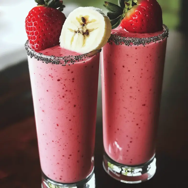 To make a Healthy Strawberry Banana Smoothie, you need fresh and simple ingredients. Here’s what you will gather: - 1 cup fresh strawberries, hulled and sliced - 1 ripe banana, peeled and sliced - 1/2 cup unsweetened almond milk - 1/2 cup Greek yogurt - 1 tablespoon honey or maple syrup - 1 tablespoon chia seeds - 1/2 teaspoon vanilla extract - Ice cubes (optional) Each ingredient plays a key role. Fresh strawberries add a sweet, juicy flavor. Bananas make the smoothie creamy and add natural sweetness. Almond milk keeps it light and dairy-free. Greek yogurt adds protein and richness. Honey or maple syrup can sweeten it further, but adjust to your taste. Chia seeds provide fiber and healthy fats. A hint of vanilla enhances the overall flavor. If you like your smoothie cold and thick, toss in some ice cubes. For the full recipe, check out Berry Bliss Banana Smoothie. To make the Healthy Strawberry Banana Smoothie, follow these easy steps. 1. Prepare the Fruit: Start by washing the strawberries. Remove the green tops and slice them. Next, peel the banana and slice it into rounds. This makes blending easier. 2. Combine Ingredients: In your blender, add the sliced strawberries and banana. Pour in the almond milk and add the Greek yogurt. If you want extra sweetness, add honey or maple syrup. Don't forget the chia seeds and vanilla extract for flavor. 3. Blend Until Smooth: Blend the mixture on high speed. Keep blending until it looks smooth and creamy. If you like it thicker, add a few ice cubes and blend again. Taste the smoothie. If it needs more sweetness, add a bit more honey or syrup and blend again. Pour the smoothie into glasses and enjoy right away for the best taste. This process is quick, taking only about five minutes. For the full recipe, check out the details above. To make your smoothie taste great, you can adjust the sweetness. If you want a sweeter drink, add honey or maple syrup. Start with one tablespoon and taste it. You can always add more if needed. If you prefer natural sweetness, use ripe bananas. They add flavor without extra sugar. For the perfect smoothie consistency, blend until smooth. If your smoothie is too thin, add more yogurt or a few ice cubes. Ice makes it thicker and colder. If it’s too thick, add a splash of almond milk. Blend again until you reach your desired texture. Before blending, prepare your fruits. Slice the strawberries and bananas into smaller pieces. This helps them blend evenly. If you have time, freeze some of the banana slices. Frozen fruit gives a nice chill and creaminess. For a healthy boost, try adding chia seeds. They blend well and add fiber. You can find the full recipe to create this delightful drink. Enjoy your smoothie! {{image_2}} This Healthy Strawberry Banana Smoothie packs a nutritious punch. Each serving has about 200 calories. This makes it a great snack or light meal. Vitamins and minerals in this smoothie are impressive. Strawberries are rich in vitamin C and potassium. Bananas provide vitamin B6 and vitamin C. Together, they offer a nice mix of nutrients. Health benefits of strawberries and bananas are many. Strawberries can help boost your immune system. They also support heart health. Bananas give energy and aid digestion. Together, they create a tasty treat that fuels your body well. For the full recipe, check out the berry bliss banana smoothie. You can easily make this smoothie your own. Dairy-free alternatives and substitutes If you want a dairy-free option, use almond milk or oat milk instead of regular milk. For yogurt, try coconut yogurt. Both options keep the creamy taste. Adding greens for nutritional boosts Want to add some greens? Spinach or kale blends well without changing the flavor. Just a small handful adds vitamins and minerals. You won’t even taste it! Flavor variations Feel free to mix in other fruits. Blueberries or mango add a fun twist. You can also throw in some peaches or a handful of pineapple. Each fruit adds its unique taste and nutrition. Experiment with these tips to find your perfect blend! For the full recipe, check out the Berry Bliss Banana Smoothie. To make this smoothie vegan, simply swap the Greek yogurt for dairy-free yogurt. You can use coconut, almond, or soy yogurt. Also, choose maple syrup instead of honey for sweetness. These small changes keep your smoothie plant-based without losing flavor. If you don’t have chia seeds, flaxseeds work well too. Ground flaxseeds give similar fiber and omega-3 benefits. You can also skip them entirely. The smoothie will still taste great and be healthy without them. You can store the smoothie in the fridge for up to 24 hours. Use an airtight container to keep it fresh. Stir or shake well before drinking, as it may separate. For longer storage, freeze it in ice cube trays. Blend the frozen cubes later for a quick treat. For the full recipe, check out the Berry Bliss Banana Smoothie! This blog post covered how to make a tasty smoothie with strawberries and bananas. You learned the ingredients, steps, and tips to make it great. We also looked at the health benefits and ways to customize your smoothie. Use the tips to mix flavors and boost its nutrition. Enjoy your delicious drink, knowing you made it just right!