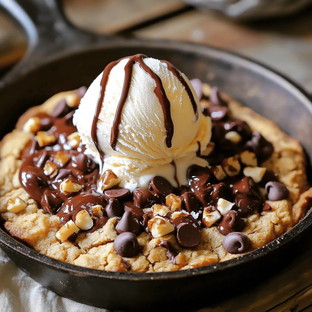 For a great chocolate chip cookie skillet, you need some key ingredients. Here’s what to gather: - 1 cup unsalted butter, softened - 1 cup brown sugar, packed - 1/2 cup granulated sugar - 2 large eggs - 2 teaspoons vanilla extract - 3 cups all-purpose flour - 1 teaspoon baking soda - 1/2 teaspoon salt - 2 cups semi-sweet chocolate chips These ingredients create a rich, gooey cookie that melts in your mouth. The butter and sugars give it a soft texture, while the chocolate chips add that famous sweet touch. You can enhance your cookie skillet with some optional ingredients. They add a twist to the classic flavor: - 1/2 cup chopped walnuts (optional) Adding walnuts gives a nice crunch and a hint of nuttiness. If you don’t like nuts, feel free to skip them. To make this delicious dessert, you will need the right tools. Here’s what you'll need: - A large mixing bowl - A whisk or electric mixer - A 10-inch cast-iron skillet or any oven-safe skillet - Measuring cups and spoons - A spatula for mixing Having the right equipment helps you mix well and bake evenly. You’ll be ready to create this delightful treat in no time! For the full recipe, check the details above. Start by gathering your ingredients. You need: - 1 cup unsalted butter, softened - 1 cup brown sugar, packed - 1/2 cup granulated sugar - 2 large eggs - 2 teaspoons vanilla extract - 3 cups all-purpose flour - 1 teaspoon baking soda - 1/2 teaspoon salt - 2 cups semi-sweet chocolate chips - 1/2 cup chopped walnuts (optional) Make sure your butter is soft. This helps it mix better. Measure your sugars and eggs. It’s best to have everything ready before you start. 1. Preheat your oven to 350°F (175°C). This step is key. 2. In a large bowl, cream the butter, brown sugar, and granulated sugar. Mix until it’s light and fluffy. This takes about 2-3 minutes. 3. Add the eggs, one at a time. Mix well after each egg. Stir in the vanilla extract. 4. In another bowl, whisk the flour, baking soda, and salt together. 5. Gradually add the dry mix to the wet mix. Stir until just combined. Be careful not to overmix. 6. Fold in the chocolate chips and walnuts if you are using them. Now pour the cookie dough into a 10-inch cast-iron skillet. Spread it evenly across the bottom. Bake your cookie skillet in the preheated oven for 25-30 minutes. Keep an eye on it. The edges should be golden brown. The center should be set but still soft. Once baked, remove it from the oven. Let it cool for 10-15 minutes before serving. Enjoy this treat warm! For the full recipe, check out the section above. To get the best texture, you need to cream the butter and sugars well. Aim for a light and fluffy mix. This step adds air, making your cookie soft. Once you add the eggs, mix just enough to blend. Overmixing can make your cookie tough. When adding flour, do it slowly. This helps keep your cookie soft and chewy. Serve your skillet warm. It tastes best fresh from the oven. I love adding a scoop of vanilla ice cream on top. The hot cookie and cold ice cream create a great mix. You can also drizzle some chocolate sauce over it. For a twist, sprinkle a bit of sea salt on top. This gives a sweet and salty flavor that is amazing. One big mistake is overbaking the cookie. Keep an eye on it while it bakes. The edges should be golden, but the center must remain soft. Another common error is not using enough butter. Butter adds richness and flavor to your cookie. Lastly, don't skip the resting time after baking. Let it cool for about 10-15 minutes. This helps the cookie set and makes it easier to cut. For the full recipe, check out the details above! {{image_2}} You can make a gluten-free version of this dish. Use a gluten-free flour blend instead of all-purpose flour. Look for blends that have xanthan gum. This will help the cookies hold together. Follow the same steps as the original recipe. You will still get a soft and chewy cookie skillet. To make a vegan version, swap out the eggs for flaxseed meal. Mix one tablespoon of flaxseed meal with three tablespoons of water. Let it sit for five minutes to thicken. Use coconut oil instead of butter and dairy-free chocolate chips. This will keep the cookie rich and tasty without animal products. You can add fun flavors to your cookie skillet. Try mixing in some chopped nuts like pecans or almonds. You can also add dried fruit like cranberries or raisins for a chewy twist. For a spicy kick, add a pinch of cinnamon or a dash of espresso powder. These small changes can make your dessert even more fun! For the full recipe, check the section above. Enjoy making these variations! Store leftover chocolate chip cookie skillet in an airtight container. Let it cool first. Keep it at room temperature for up to two days. If you want to keep it longer, place it in the fridge. It can last up to a week this way. To reheat, preheat your oven to 350°F (175°C). Place the skillet in the oven for about 10 minutes. This warms it through and keeps it soft. You can also use the microwave. Heat for 20-30 seconds, but it might not be as good. If you want to freeze it, cut the cookie into squares. Wrap each piece in plastic wrap. Then, place them in a freezer-safe bag. It can last up to three months in the freezer. When ready to eat, thaw in the fridge overnight before reheating. Enjoy the sweet flavors again! You can tell the cookie skillet is done when the edges turn golden brown. The center should still look soft but not gooey. Insert a toothpick in the middle; it should come out clean or with just a few crumbs. Keep an eye on it during the last few minutes. You want a nice balance between a chewy center and crisp edges. Yes, you can prepare the cookie dough ahead of time. Simply mix all the ingredients and place the dough in the skillet. Cover it with plastic wrap and store it in the fridge for up to 24 hours. When you're ready to bake, let it sit for about 10 minutes at room temperature before placing it in the oven. This helps with even baking. Serving options are endless! A scoop of vanilla ice cream on top is a must. You can also drizzle some chocolate sauce or caramel over it for extra flavor. Fresh berries or a sprinkle of sea salt can add a nice touch too. For a fun twist, serve with whipped cream or chopped nuts. Enjoy it warm right from the skillet! In this post, I shared a fun way to make a chocolate chip cookie skillet. We covered key ingredients, step-by-step instructions, and helpful tips. Variations like gluten-free and vegan options were included to suit different needs. Remember to store your leftovers right and reheat them for the best taste. Baking this skillet is easy and enjoyable. With these tips, you can create a treat that everyone will love. Give it a try, and enjoy your delicious creation!