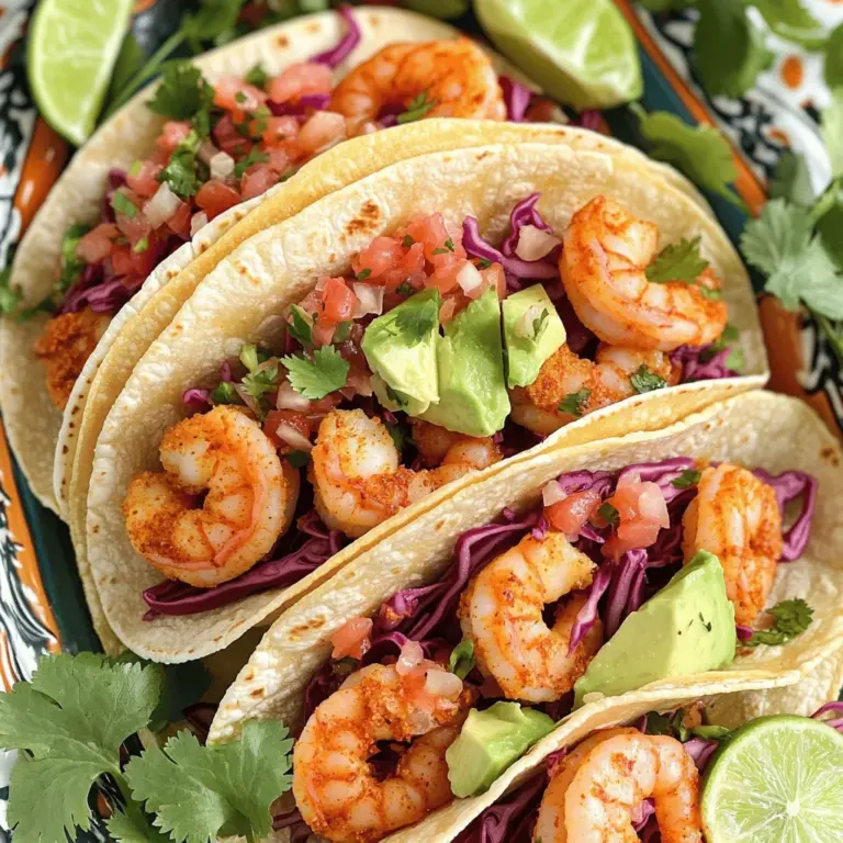 For the best spicy shrimp tacos, you need these key ingredients: - 1 lb (450 g) shrimp, peeled and deveined - 2 tablespoons olive oil - 1 tablespoon chili powder - 1 teaspoon smoked paprika - 1 teaspoon cumin - 1/2 teaspoon cayenne pepper (adjust for spice preference) - 1 lime, zested and juiced - Salt and pepper to taste - 8 small corn tortillas - 1 cup red cabbage, shredded - 1 avocado, sliced - 1/2 cup pico de gallo (store-bought or homemade) - Fresh cilantro, for garnish - Lime wedges, for serving These ingredients work together to create a flavor explosion in each bite. The shrimp soak up the spices and lime, giving them a bright and zesty taste. You can add some optional ingredients to boost the flavor and fun: - Sliced jalapeños for extra heat - Crumbled queso fresco for creaminess - Sour cream or Greek yogurt for tanginess - Hot sauce for an extra kick These additions can elevate your tacos and cater to your taste. Play around and find what works for you! To make your cooking process smooth, gather these tools: - Large bowl for marinating shrimp - Skillet for cooking shrimp - Tongs for flipping shrimp - Small bowl for mixing any extra toppings - Serving platter for tacos Having the right tools helps you stay organized and makes cooking more enjoyable. Plus, it ensures everything comes together nicely for serving! Check out the full recipe for more detailed steps and tips. Start by mixing the shrimp with olive oil, chili powder, smoked paprika, cumin, cayenne pepper, lime zest, lime juice, salt, and pepper. This blend adds layers of flavor. Toss the shrimp well to coat them evenly. Let them marinate for 15 to 20 minutes. This step helps to infuse the shrimp with spice and zest. Heat a large skillet over medium-high heat. Add the marinated shrimp in a single layer. Cook them for about 2 to 3 minutes on each side. Look for the shrimp to turn pink and curl up slightly. This shows they are cooked through. Remove them from heat once done. Overcooking can lead to a rubbery texture, so keep an eye on them. While the shrimp cook, warm the corn tortillas. Use a separate dry skillet over medium heat. Heat each tortilla for about 30 seconds on each side. You want them to be soft and pliable. This makes them easier to fill and fold. Warming also enhances their flavor and texture. Now, it’s time to build your tacos. On each warm tortilla, place a generous amount of shredded red cabbage. Add 3 to 4 shrimp on top. Then, layer a few slices of avocado and a spoonful of pico de gallo. This adds freshness and crunch. Finish with fresh cilantro for a burst of color and flavor. Serve with lime wedges on the side for an extra zing. For the full recipe, check the earlier section. To create the right spicy flavor, balance is key. Start with chili powder and add smoked paprika for depth. Cumin brings warmth, while cayenne pepper adds heat. Adjust the cayenne based on your spice tolerance. Zesting and juicing lime brightens the flavors. This adds freshness that cuts through the richness of shrimp. Cooking shrimp can be tricky. They cook fast and can turn rubbery if overdone. Heat a skillet to medium-high. Add the marinated shrimp in a single layer. Cook for just 2-3 minutes per side. Watch for the shrimp to turn pink and opaque. Remove them from heat right away. This ensures they stay tender and juicy. A great presentation makes your tacos stand out. Use a colorful platter to catch the eye. Start with warm corn tortillas as your base. Add shredded red cabbage for a crunch. Place 3-4 shrimp on each tortilla. Top with creamy avocado slices and pico de gallo. Finish by sprinkling fresh cilantro on top. Serve with lime wedges for added zing. For an extra touch, include a small bowl of pico de gallo on the side. For the full recipe, check out the details I shared earlier. Enjoy making these Spicy Shrimp Tacos! {{image_2}} You can easily swap shrimp for other proteins. Chicken works well in these tacos. Use diced chicken breast and follow the same marinating steps. You can also try firm fish like tilapia or cod. For each, cook until done, just as you would with shrimp. These options give you tasty flavors while keeping the dish fresh and fun. If you want a meatless dish, try using roasted vegetables. Bell peppers, zucchini, and mushrooms add great flavor. Marinate them in the same spices. Cook them until tender and serve them in tortillas. For an extra boost, add black beans for protein. These tacos are colorful and full of taste! Feel free to mix up your toppings and salsas. Instead of pico de gallo, try mango salsa for a sweet twist. You can also use a spicy avocado crema for a creamy texture. Fresh corn, sliced radishes, or pickled onions add crunch and flavor. Remember, the right toppings can change the whole experience of your tacos. For more details on making spicy shrimp tacos, check out the Full Recipe! To keep leftover shrimp fresh, place them in an airtight container. Make sure to let the shrimp cool to room temperature first. This helps avoid extra moisture, which can make shrimp soggy. Store the container in the fridge. Use the leftover shrimp within two days for the best taste. If you have extra tacos, store them separately from the shrimp. Wrap each taco in plastic wrap or foil. This keeps the tortillas from getting soggy. You can also place the wrapped tacos in a container. Keep them in the fridge for up to 24 hours. For best results, eat them fresh. To reheat the shrimp, heat a skillet over medium heat. Add the shrimp for about 2 minutes, flipping them once. This keeps the shrimp tender. For the tortillas, warm them in a dry skillet for about 30 seconds on each side. This makes them soft again. Combine everything and enjoy your spicy shrimp tacos. For the full recipe, check the original instructions. To add heat, use more cayenne pepper. You can also mix in fresh chopped jalapeños. Another option is to top the tacos with a hot sauce of your choice. Don't be afraid to taste as you go. Adjust the spice until it suits your taste. Yes, you can use frozen shrimp. Just make sure to thaw them first. Place the shrimp in a bowl of cold water for about 15-20 minutes. Drain them well before marinating. This step helps to keep the shrimp juicy and flavorful. Spicy shrimp tacos pair well with several sides. Consider serving them with: - Mexican rice - Black beans - Grilled corn - A fresh salad with lime vinaigrette These dishes add balance and extra flavor to your meal. Cooking shrimp on the stove takes about 4-6 minutes. Cook them for 2-3 minutes on each side. You know they are done when they turn pink and curl into a C shape. Overcooking can make them tough, so keep an eye on the time. For the full recipe, check out the Spicy Shrimp Tacos. You learned how to make spicy shrimp tacos from scratch. We covered essential and optional ingredients, key tools, and step-by-step cooking tips. Remember, marinating the shrimp is important, and assembling the tacos right can help you shine. You can also customize these tacos to fit your taste. Keep leftovers in the fridge for later meals. With these tips, your tacos will be a hit at any meal. Enjoy the process and get creative!