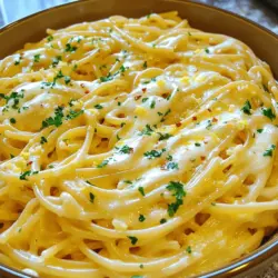 - 12 ounces linguine pasta - 4 tablespoons unsalted butter - 6 garlic cloves, minced - 1 cup heavy cream - 1 cup grated Parmesan cheese - 1 cup shredded mozzarella cheese - 1 teaspoon red pepper flakes - Fresh parsley for garnish - Zest of 1 lemon - You can use gluten-free pasta options if needed. - Dairy-free cheese substitutes work well for a vegan dish. - Olive oil can replace butter for a lighter taste. The main ingredients create a rich and creamy dish. The linguine is the base, holding the sauce well. Butter and garlic bring a savory flavor that everyone loves. Heavy cream adds richness, making the dish feel special. Parmesan and mozzarella create a cheesy goodness that melts in your mouth. If you want a little heat, add red pepper flakes. Fresh parsley brightens the dish and adds color. Lemon zest gives a nice, fresh flavor. You can adjust these flavors to your liking. For those with dietary needs, gluten-free pasta is a great choice. Dairy-free cheese options are available in stores. Using olive oil instead of butter keeps it light and healthy. For the full recipe, check the main article. Enjoy making this tasty dish! First, fill a large pot with water. Add a good amount of salt to the water. Bring the water to a boil. Once it boils, add the linguine. You want to cook it until it is al dente. This means it should be firm but not hard. Follow the package instructions for timing. After cooking, save one cup of the pasta water. Then, drain the linguine and set it aside. In a large skillet, melt the butter over medium heat. Add the minced garlic to the hot butter. If you like a little heat, add the red pepper flakes now. Sauté the garlic for one or two minutes. You want it fragrant but not brown. Next, pour in the heavy cream. Bring the mix to a gentle simmer. Let it cook for about three to five minutes. Stir it occasionally until it thickens a bit. Now, it’s time to stir in the cheeses. Add the grated Parmesan and shredded mozzarella. Mix well until the cheese melts and forms a creamy sauce. Add the cooked linguine to the skillet. Toss it well to coat the pasta in the cheese sauce. If the sauce seems thick, add some of that reserved pasta water. Keep adding until you reach your desired consistency. Season with salt, black pepper, and lemon zest. Finally, mix in the chopped parsley for a fresh touch. You can find the full recipe to guide you along the way! To make your Cheesy Garlic Butter Linguine taste great, you need to balance the salt and seasoning. I recommend starting with a small pinch of salt and adding more if needed. Taste as you go to find the perfect mix. Adding a hint of lemon is another way to boost flavor. The zest adds brightness, which makes the dish pop. Just one lemon’s zest can change the whole dish. It brings freshness to the rich cheese and butter. When sautéing garlic, keep an eye on it. Garlic can burn quickly, which makes it taste bitter. I suggest using medium heat and stirring often. This will help it cook evenly and stay fragrant. To get the right creamy texture, make sure your cream simmers gently. If it boils too hard, it can separate and lose its smooth feel. Stirring in the cheese slowly helps it melt. This way, you create a velvety sauce that clings to the pasta. For the best presentation, serve the pasta in a large bowl. Top it with extra parsley and a sprinkle of Parmesan. A lemon wedge on the side adds a nice touch and looks pretty. Great side dishes include a simple green salad or garlic bread. These complement the rich flavors of the pasta well. They add a fresh crunch and a bit of texture to your meal. For the full recipe, check out the [Full Recipe]. {{image_2}} You can make Cheesy Garlic Butter Linguine even better! Add vegetables like spinach or sun-dried tomatoes. They bring color and nutrition. If you want some protein, try chicken or shrimp. Cook them first, then mix them in. This gives you a filling meal. Cheese is key in this dish. You can switch it up by using different cheese types. Try gouda, cheddar, or feta for a twist. If you prefer vegan options, use vegan cheese. It melts well and keeps the creamy texture. Want some heat? Adjust the red pepper flakes to your taste. Start with a little and add more if you like it spicy. You can also try other spices. Paprika or black pepper adds great flavor without too much heat. Experiment and find your perfect blend! To store leftovers, let the Cheesy Garlic Butter Linguine cool down first. Once cool, place it in an airtight container. This keeps the pasta fresh for up to three days. Use glass or BPA-free plastic containers for the best results. These types help avoid any unwanted flavors or odors from the fridge. When you reheat, keep moisture in mind. The best way to do this is to add a splash of water or cream. Heat it gently on the stove over low heat. Stir often to prevent sticking. You can also use the microwave, but cover it with a damp paper towel. This traps steam and keeps the pasta from drying out. To freeze Cheesy Garlic Butter Linguine, let it cool completely. Then, portion it into freezer-safe bags or containers. Squeeze out excess air before sealing. Label the bags with the date. When you want to enjoy it again, thaw it overnight in the fridge. Reheat it on the stove or in the microwave, adding a little cream or water to restore the creamy texture. This method helps keep the flavor and texture intact. Making Cheesy Garlic Butter Linguine is quick and easy. It takes about 10 minutes to prep and 15 minutes to cook. In total, you can enjoy this dish in just 25 minutes. It’s perfect for busy nights when you want something delicious fast. Yes, you can! Whole wheat linguine is a great option. It has more fiber and nutrients than regular pasta. This small change makes your meal a bit healthier. The taste will still be great, and you won’t lose the cheesy goodness. Absolutely! Cheesy Garlic Butter Linguine works well for meal prep. You can make it ahead of time and store it in the fridge. Just keep it in an airtight container. When you're ready to eat, simply reheat it on the stove or in the microwave. It’s a great way to have a tasty meal ready to go. This dish pairs well with many sides. A simple green salad adds freshness. Garlic bread or crusty rolls make a great addition, too. You can also serve it with grilled vegetables for a balanced meal. Each of these choices enhances the flavors and makes your meal complete. Cheesy garlic butter linguine is a simple, tasty dish. We covered the main ingredients like pasta, butter, and cheeses. I shared step-by-step cooking tips and helpful tricks for great flavor. You can mix in veggies or proteins, too. Remember to store any leftovers well for later. This dish is quick to make and perfect for any meal. Enjoy creating a comforting plate of creamy goodness!