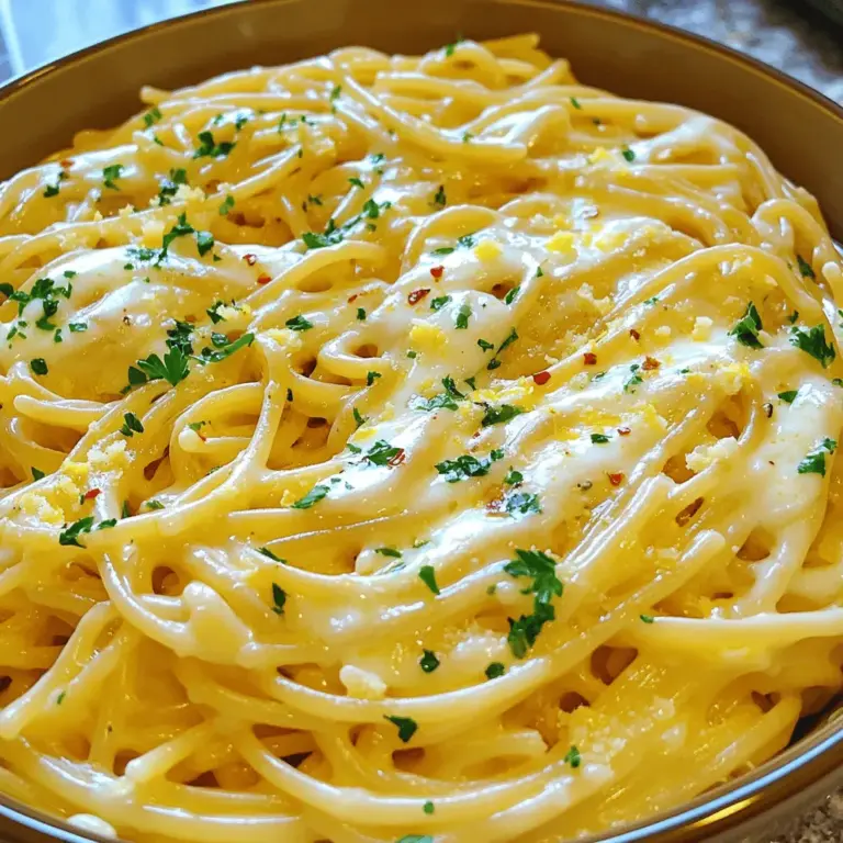 - 12 ounces linguine pasta - 4 tablespoons unsalted butter - 6 garlic cloves, minced - 1 cup heavy cream - 1 cup grated Parmesan cheese - 1 cup shredded mozzarella cheese - 1 teaspoon red pepper flakes - Fresh parsley for garnish - Zest of 1 lemon - You can use gluten-free pasta options if needed. - Dairy-free cheese substitutes work well for a vegan dish. - Olive oil can replace butter for a lighter taste. The main ingredients create a rich and creamy dish. The linguine is the base, holding the sauce well. Butter and garlic bring a savory flavor that everyone loves. Heavy cream adds richness, making the dish feel special. Parmesan and mozzarella create a cheesy goodness that melts in your mouth. If you want a little heat, add red pepper flakes. Fresh parsley brightens the dish and adds color. Lemon zest gives a nice, fresh flavor. You can adjust these flavors to your liking. For those with dietary needs, gluten-free pasta is a great choice. Dairy-free cheese options are available in stores. Using olive oil instead of butter keeps it light and healthy. For the full recipe, check the main article. Enjoy making this tasty dish! First, fill a large pot with water. Add a good amount of salt to the water. Bring the water to a boil. Once it boils, add the linguine. You want to cook it until it is al dente. This means it should be firm but not hard. Follow the package instructions for timing. After cooking, save one cup of the pasta water. Then, drain the linguine and set it aside. In a large skillet, melt the butter over medium heat. Add the minced garlic to the hot butter. If you like a little heat, add the red pepper flakes now. Sauté the garlic for one or two minutes. You want it fragrant but not brown. Next, pour in the heavy cream. Bring the mix to a gentle simmer. Let it cook for about three to five minutes. Stir it occasionally until it thickens a bit. Now, it’s time to stir in the cheeses. Add the grated Parmesan and shredded mozzarella. Mix well until the cheese melts and forms a creamy sauce. Add the cooked linguine to the skillet. Toss it well to coat the pasta in the cheese sauce. If the sauce seems thick, add some of that reserved pasta water. Keep adding until you reach your desired consistency. Season with salt, black pepper, and lemon zest. Finally, mix in the chopped parsley for a fresh touch. You can find the full recipe to guide you along the way! To make your Cheesy Garlic Butter Linguine taste great, you need to balance the salt and seasoning. I recommend starting with a small pinch of salt and adding more if needed. Taste as you go to find the perfect mix. Adding a hint of lemon is another way to boost flavor. The zest adds brightness, which makes the dish pop. Just one lemon’s zest can change the whole dish. It brings freshness to the rich cheese and butter. When sautéing garlic, keep an eye on it. Garlic can burn quickly, which makes it taste bitter. I suggest using medium heat and stirring often. This will help it cook evenly and stay fragrant. To get the right creamy texture, make sure your cream simmers gently. If it boils too hard, it can separate and lose its smooth feel. Stirring in the cheese slowly helps it melt. This way, you create a velvety sauce that clings to the pasta. For the best presentation, serve the pasta in a large bowl. Top it with extra parsley and a sprinkle of Parmesan. A lemon wedge on the side adds a nice touch and looks pretty. Great side dishes include a simple green salad or garlic bread. These complement the rich flavors of the pasta well. They add a fresh crunch and a bit of texture to your meal. For the full recipe, check out the [Full Recipe]. {{image_2}} You can make Cheesy Garlic Butter Linguine even better! Add vegetables like spinach or sun-dried tomatoes. They bring color and nutrition. If you want some protein, try chicken or shrimp. Cook them first, then mix them in. This gives you a filling meal. Cheese is key in this dish. You can switch it up by using different cheese types. Try gouda, cheddar, or feta for a twist. If you prefer vegan options, use vegan cheese. It melts well and keeps the creamy texture. Want some heat? Adjust the red pepper flakes to your taste. Start with a little and add more if you like it spicy. You can also try other spices. Paprika or black pepper adds great flavor without too much heat. Experiment and find your perfect blend! To store leftovers, let the Cheesy Garlic Butter Linguine cool down first. Once cool, place it in an airtight container. This keeps the pasta fresh for up to three days. Use glass or BPA-free plastic containers for the best results. These types help avoid any unwanted flavors or odors from the fridge. When you reheat, keep moisture in mind. The best way to do this is to add a splash of water or cream. Heat it gently on the stove over low heat. Stir often to prevent sticking. You can also use the microwave, but cover it with a damp paper towel. This traps steam and keeps the pasta from drying out. To freeze Cheesy Garlic Butter Linguine, let it cool completely. Then, portion it into freezer-safe bags or containers. Squeeze out excess air before sealing. Label the bags with the date. When you want to enjoy it again, thaw it overnight in the fridge. Reheat it on the stove or in the microwave, adding a little cream or water to restore the creamy texture. This method helps keep the flavor and texture intact. Making Cheesy Garlic Butter Linguine is quick and easy. It takes about 10 minutes to prep and 15 minutes to cook. In total, you can enjoy this dish in just 25 minutes. It’s perfect for busy nights when you want something delicious fast. Yes, you can! Whole wheat linguine is a great option. It has more fiber and nutrients than regular pasta. This small change makes your meal a bit healthier. The taste will still be great, and you won’t lose the cheesy goodness. Absolutely! Cheesy Garlic Butter Linguine works well for meal prep. You can make it ahead of time and store it in the fridge. Just keep it in an airtight container. When you're ready to eat, simply reheat it on the stove or in the microwave. It’s a great way to have a tasty meal ready to go. This dish pairs well with many sides. A simple green salad adds freshness. Garlic bread or crusty rolls make a great addition, too. You can also serve it with grilled vegetables for a balanced meal. Each of these choices enhances the flavors and makes your meal complete. Cheesy garlic butter linguine is a simple, tasty dish. We covered the main ingredients like pasta, butter, and cheeses. I shared step-by-step cooking tips and helpful tricks for great flavor. You can mix in veggies or proteins, too. Remember to store any leftovers well for later. This dish is quick to make and perfect for any meal. Enjoy creating a comforting plate of creamy goodness!
