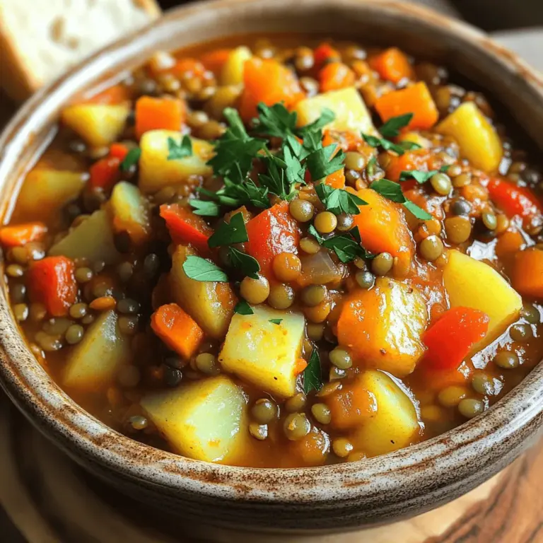 To make a delicious Hungarian Lentil Vegetable Stew, gather these key ingredients: - 1 cup green lentils, rinsed and drained - 2 tablespoons olive oil - 1 large onion, diced - 2 cloves garlic, minced - 2 carrots, diced - 1 bell pepper, diced (red or yellow) - 1 medium potato, peeled and cubed - 1 can (14 oz) diced tomatoes - 4 cups vegetable broth - 1 teaspoon smoked paprika - 1 teaspoon caraway seeds - 1 teaspoon dried thyme - Salt and pepper to taste - Fresh parsley, chopped (for garnish) These ingredients create a hearty base for the stew. The lentils add protein and fiber, making this dish filling and nourishing. You can elevate the stew's flavor with a few optional ingredients: - 1 bay leaf - 1 teaspoon chili powder for a bit of heat - 1 tablespoon soy sauce for umami - 1 cup chopped kale or spinach for added nutrition Adding these ingredients can enhance the taste and bring in new textures. They allow you to customize the stew to match your preferences. For a complete and satisfying meal, consider these serving options: - Crusty bread for dipping - Cooked quinoa or rice for a hearty base - A side salad for freshness These accompaniments balance the stew's flavors and provide a delightful eating experience. They make your meal more enjoyable and nutritious. For the full recipe, check out the details above! Start by heating olive oil in a large pot over medium heat. Add diced onion and sauté until it becomes soft and clear, about five minutes. The onion gives the stew a sweet base. Next, add minced garlic and cook for one more minute. This step brings out the garlic's rich aroma. Now it’s time for the colorful veggies! Add diced carrots and bell peppers to the pot. Cook them for five to seven minutes until they soften. This mix adds crunch and flavor. After that, add the cubed potatoes. Stir well and let them cook for about three minutes. Potatoes make the stew hearty and filling. Now, it's time to bring it all together. Add the rinsed lentils, diced tomatoes, vegetable broth, smoked paprika, caraway seeds, and dried thyme. Stir everything together for a good mix. Bring the stew to a boil, then lower the heat. Let it simmer for thirty to thirty-five minutes. Stir occasionally to keep it from sticking. When the lentils and vegetables are soft, season with salt and pepper to taste. Finally, let the stew sit for a few minutes to let the flavors blend. Check out the Full Recipe for more details on serving and garnishing. To make lentils just right, start with green lentils. They keep their shape well. Rinse and drain them before cooking. This helps remove any dust or debris. When cooking, keep an eye on the time. Cook them for about 30-35 minutes. Check for doneness by tasting a few. They should be tender but not mushy. If they are too soft, try reducing the cooking time next time. Storing leftovers is easy. Let the stew cool down first. Use airtight containers to keep it fresh. Store in the fridge for up to five days. If you want to keep it longer, freeze it. Just make sure to leave some space in the container. This allows the stew to expand as it freezes. When you’re ready to eat, thaw it overnight in the fridge. Making this stew ahead is a smart idea. The flavors deepen and improve overnight. To do this, follow the full recipe, but don’t add salt until you reheat it. Salt can change the texture when stored. After cooking, let it cool, then store it in the fridge. You can also freeze it. Just remember to label your containers. That way, you won’t forget what’s inside. {{image_2}} You can easily make this stew vegetarian or vegan. The recipe is already plant-based. Just ensure your vegetable broth is vegan. You can add more veggies like zucchini or spinach for extra nutrition. This stew stays hearty and filling without meat. If you want to add protein, consider using sausage or chicken. Brown the meat first, then add it to the pot with the other ingredients. For a plant-based option, try adding tofu or tempeh. They soak up flavors well and add texture. You can also use chickpeas for a different taste. This stew is very flexible with vegetables. In spring, use fresh peas and asparagus. In summer, zucchini and bell peppers shine. In fall, add root vegetables like parsnips or sweet potatoes. Each season brings new flavors. Feel free to mix and match based on what you have. The full recipe helps guide you through these variations. After you make your Hungarian lentil vegetable stew, let it cool. Place it in an airtight container. You can keep it in the fridge for about 3 to 5 days. Make sure to label the container with the date. This way, you know when to eat it. If you want to save some for later, freezing is a great option. Use freezer-safe containers or bags. Divide the stew into smaller portions. This makes it easy to thaw just what you need. Hungarian lentil vegetable stew can last up to 3 months in the freezer. Just remember to label and date your containers. When you're ready to eat the stew, pull it from the fridge or freezer. If frozen, let it thaw in the fridge overnight. For reheating, you can use a pot on the stove. Heat it on medium until it's hot throughout. Stir it often to avoid hot spots. You can also use a microwave. Place the stew in a microwave-safe bowl, cover it, and heat for 2-3 minutes. Stir, then heat again if needed. Enjoy your delicious stew! For the full recipe, check out the earlier section. Yes, you can use dried lentils. Just remember to rinse and soak them first. Soaking helps soften the lentils and reduces cooking time. When using dried lentils, add them before the broth and tomatoes. Cook them for about 30-35 minutes, or until they are tender. You can add many vegetables to this stew. Here are some great options: - Zucchini, diced - Spinach or kale, chopped - Celery, diced - Mushrooms, sliced - Peas, fresh or frozen These add color, flavor, and nutrition to your stew. Feel free to get creative with your choices! Hungarian Lentil Vegetable Stew lasts about 4-5 days in the fridge. Store it in an airtight container to keep it fresh. If you want to keep it longer, consider freezing it. This stew freezes well and stays tasty for up to 3 months. Just thaw it in the fridge before reheating. For the full recipe, check the details above. This blog provides a clear guide on making Hungarian Lentil Vegetable Stew. We covered main and optional ingredients, plus tips for texture and storage. You can easily adjust the recipe for vegetarian or seasonal tastes. In the end, this stew is healthy, tasty, and very versatile. Don't hesitate to explore different flavors and ingredients for your perfect bowl. Enjoy your cooking journey!
