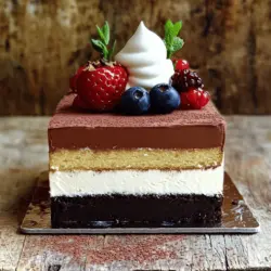 - 6 oz dark chocolate (70% cocoa), chopped - 4 oz milk chocolate, chopped - 4 oz white chocolate, chopped - 3 tablespoons unsalted butter - 4 large eggs, separated - 1/4 cup granulated sugar - 1 1/2 cups heavy cream, divided - 1 teaspoon vanilla extract - A pinch of salt - Cocoa powder for dusting Using the right measurements is key for this mousse. If you need a bit of change, here are some tips: - Dark chocolate: You can swap it with semi-sweet chocolate if you prefer a milder taste. - Milk chocolate: Try using a milk chocolate with a higher cocoa percentage for a richer flavor. - White chocolate: If you want dairy-free, look for dairy-free white chocolate options. - Heavy cream: Coconut cream can be a great substitute for a non-dairy option. These swaps will still give you a great mousse cake! High-quality chocolate can take your mousse to the next level. Here’s why: - Flavor: Good chocolate has a richer taste. It enhances the overall flavor of the cake. - Texture: Quality chocolate melts smoother. This gives your mousse a creamy feel. - Ingredients: High-quality chocolate has fewer additives. You get pure cocoa flavor without unwanted fillers. When you use better chocolate, your mousse cake will impress everyone who tries it. For the best results, check out the [Full Recipe] for detailed steps and tips. Step 1: Melting the Chocolates Start by chopping the dark and milk chocolates. Place them in a heatproof bowl with the unsalted butter. Set this bowl over a pot of simmering water, known as a double boiler. Stir until the mix melts smoothly. This step is key for rich flavors. Let the melted chocolate cool slightly. Step 2: Creating Dark Chocolate Mousse In a different bowl, whisk the egg yolks with granulated sugar. Keep whisking until the mix gets thick and light in color. Next, stir in the cooled dark chocolate mixture. Add half a cup of heavy cream and mix well. Now, gently fold in whipped cream until you see no streaks. Set this aside. Step 3: Milk Chocolate Mousse Process Repeat the same process for the milk chocolate. Melt it in the double boiler. Combine it with egg yolks and sugar, just like before. After mixing, add another half cup of heavy cream. Fold this milk chocolate mix into the dark chocolate mousse gently. Step 4: Making White Chocolate Mousse For the last mousse, melt the white chocolate in the same way. Once melted, whisk it with egg yolks and sugar. Add heavy cream again, mixing well. Fold this final mousse into the dark and milk chocolate blend. You’ll have a rich, three-layered mousse now. Step 5: Whipping the Cream In a chilled bowl, take the last half cup of heavy cream. Whip until you form soft peaks. This will give your mousse a light texture. Carefully fold this whipped cream into the chocolate mixture. Make sure it’s fully mixed but still fluffy. Step 6: Assembling the Cake Now you can assemble your cake. Use a prepared cake pan or jars. Start with a layer of dark chocolate mousse at the bottom. Then add a layer of milk chocolate mousse. Finally, top it with white chocolate mousse. Smooth the tops with a spatula for an even look. Step 7: Chilling the Mousse Place your assembled cake in the fridge. Chill it for at least 4 hours, or overnight if you can wait. This step helps the mousse set properly, making it easy to slice. Step 8: Serving Suggestions When ready to serve, take it out of the fridge. Carefully remove the cake from the pan. Dust the top with cocoa powder for a beautiful finish. Each slice can be garnished with fresh berries or a dollop of whipped cream for an elegant touch. For the Full Recipe, check out the complete ingredients and steps. When making a triple chocolate mousse cake, avoid these common mistakes: - Overheating the chocolate: Melt chocolate on low heat. High heat can burn it. - Not whipping the cream enough: Soft peaks are key. If you whip too little, the mousse will be thin. - Folding too hard: Use a gentle folding motion. This keeps air in and helps the mousse stay light. To get the perfect mousse texture, follow these tips: - Use cold bowls: Chill your mixing bowls and beaters. Cold helps the cream whip faster. - Separate eggs carefully: Make sure no yolk gets in the whites. Even a pinch can stop them from whipping. - Add flavors: A splash of vanilla extract can boost the chocolate taste. For even layers in your mousse cake, do this: - Use a piping bag: Fill a piping bag with mousse. This helps you control the amount in each layer. - Level the layers: After adding each layer, gently shake the pan. This helps settle the mousse evenly. - Chill between layers: If you want distinct layers, chill each layer for about 30 minutes before adding the next. Remember to check out the Full Recipe for all the details on making your cake. Enjoy your baking adventure! {{image_2}} You can easily customize the flavor of your triple chocolate mousse cake. Here are some ideas: - Coffee: Add a splash of brewed espresso to the dark chocolate layer for a rich depth. - Mint: Mix in a few drops of peppermint extract for a refreshing twist. - Orange: Add some orange zest to the white chocolate mousse for a citrus kick. - Spices: A pinch of cinnamon or cayenne can elevate the flavor profile. These additions can create new dimensions in the cake, making it truly yours. You can adapt this recipe for different dietary needs. Here’s how: - Gluten-Free: The cake is naturally gluten-free as it does not use flour. Just double-check all chocolate labels. - Dairy-Free: Use dairy-free chocolate and coconut cream instead of heavy cream. This keeps the mousse light and fluffy. These swaps ensure that everyone can enjoy this dessert without worry. The way you present your cake adds to its charm. Here are some fun ideas: - Fresh Berries: Top each slice with raspberries or strawberries for a pop of color. - Whipped Cream: A dollop of whipped cream enhances the rich chocolate. - Chocolate Shavings: Use a vegetable peeler to create shavings from extra chocolate. - Nuts: Toasted hazelnuts or almonds can add a nice crunch. These garnishes not only look great but also enhance the flavors of your mousse cake. For the full recipe, visit the link provided. To keep your Triple Chocolate Mousse Cake fresh, store it in the fridge. Use an airtight container to prevent it from absorbing other smells. If you made the cake in jars, simply cover them with lids. This cake tastes best chilled, so keep it cool until you’re ready to serve. You can freeze leftovers if needed. Cut the cake into slices for easy servings. Wrap each slice tightly in plastic wrap. Then place them in a freezer bag. This helps to keep the flavors intact. When you’re ready to eat, let the slices thaw in the fridge overnight. The mousse can last for about 3 to 4 days in the fridge. After that, the texture may change. If you freeze it, the mousse can last up to 2 months. However, it’s best to enjoy this sweet treat fresh for the best taste and texture. Yes, you can use different chocolates. You can mix dark, milk, and white chocolates. Each type brings a unique taste and texture. If you want a sweeter mousse, use more milk chocolate. For a richer flavor, add more dark chocolate. You can also try flavored chocolates, like hazelnut or orange, for a twist. Just remember, the balance of flavors is key. The mousse is set when it is firm to the touch. After chilling, gently press the top with your finger. If it holds its shape, it’s ready. You can also check by tilting the pan. If the mousse does not move, it is set. Chill for at least four hours, or overnight for best results. This time allows the layers to meld and create a smooth texture. You can serve many things with this cake. Fresh berries, like strawberries or raspberries, add a nice tartness. A dollop of whipped cream enhances the creaminess. Mint leaves can add a pop of color and flavor. You could also pair it with a scoop of vanilla ice cream for extra richness. Each option adds a fun twist to your dessert experience. For the full recipe, check out the details above. In this article, we explored the process of making a triple chocolate mousse cake. We discussed the ingredients, measurements, and the benefits of using high-quality chocolate. The step-by-step guide included melting chocolates and creating three types of mousse. We also shared tips to avoid common mistakes and ways to enhance your cake's presentation. Remember, the right storage keeps your mousse fresh. With this knowledge, you can create a delicious treat that impresses all. Enjoy your mousse cake journey!