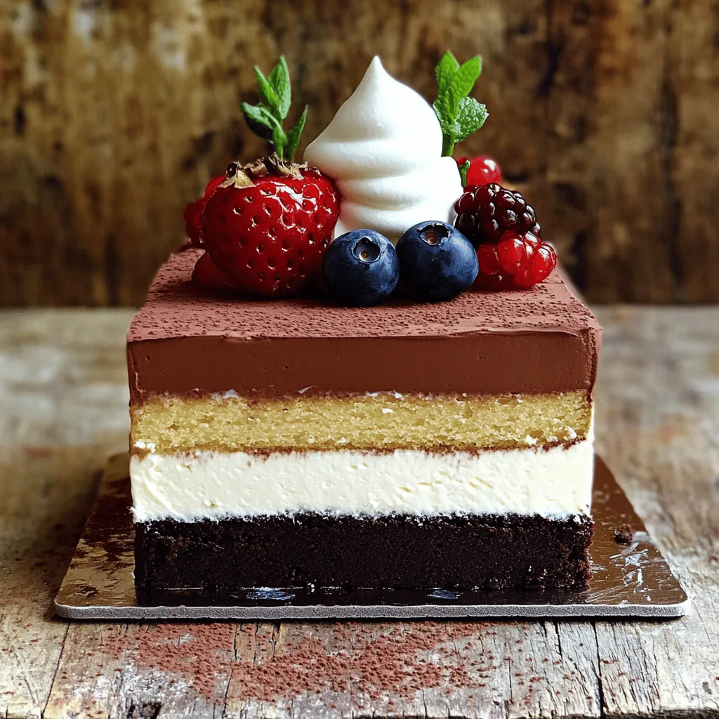 - 6 oz dark chocolate (70% cocoa), chopped - 4 oz milk chocolate, chopped - 4 oz white chocolate, chopped - 3 tablespoons unsalted butter - 4 large eggs, separated - 1/4 cup granulated sugar - 1 1/2 cups heavy cream, divided - 1 teaspoon vanilla extract - A pinch of salt - Cocoa powder for dusting Using the right measurements is key for this mousse. If you need a bit of change, here are some tips: - Dark chocolate: You can swap it with semi-sweet chocolate if you prefer a milder taste. - Milk chocolate: Try using a milk chocolate with a higher cocoa percentage for a richer flavor. - White chocolate: If you want dairy-free, look for dairy-free white chocolate options. - Heavy cream: Coconut cream can be a great substitute for a non-dairy option. These swaps will still give you a great mousse cake! High-quality chocolate can take your mousse to the next level. Here’s why: - Flavor: Good chocolate has a richer taste. It enhances the overall flavor of the cake. - Texture: Quality chocolate melts smoother. This gives your mousse a creamy feel. - Ingredients: High-quality chocolate has fewer additives. You get pure cocoa flavor without unwanted fillers. When you use better chocolate, your mousse cake will impress everyone who tries it. For the best results, check out the [Full Recipe] for detailed steps and tips. Step 1: Melting the Chocolates Start by chopping the dark and milk chocolates. Place them in a heatproof bowl with the unsalted butter. Set this bowl over a pot of simmering water, known as a double boiler. Stir until the mix melts smoothly. This step is key for rich flavors. Let the melted chocolate cool slightly. Step 2: Creating Dark Chocolate Mousse In a different bowl, whisk the egg yolks with granulated sugar. Keep whisking until the mix gets thick and light in color. Next, stir in the cooled dark chocolate mixture. Add half a cup of heavy cream and mix well. Now, gently fold in whipped cream until you see no streaks. Set this aside. Step 3: Milk Chocolate Mousse Process Repeat the same process for the milk chocolate. Melt it in the double boiler. Combine it with egg yolks and sugar, just like before. After mixing, add another half cup of heavy cream. Fold this milk chocolate mix into the dark chocolate mousse gently. Step 4: Making White Chocolate Mousse For the last mousse, melt the white chocolate in the same way. Once melted, whisk it with egg yolks and sugar. Add heavy cream again, mixing well. Fold this final mousse into the dark and milk chocolate blend. You’ll have a rich, three-layered mousse now. Step 5: Whipping the Cream In a chilled bowl, take the last half cup of heavy cream. Whip until you form soft peaks. This will give your mousse a light texture. Carefully fold this whipped cream into the chocolate mixture. Make sure it’s fully mixed but still fluffy. Step 6: Assembling the Cake Now you can assemble your cake. Use a prepared cake pan or jars. Start with a layer of dark chocolate mousse at the bottom. Then add a layer of milk chocolate mousse. Finally, top it with white chocolate mousse. Smooth the tops with a spatula for an even look. Step 7: Chilling the Mousse Place your assembled cake in the fridge. Chill it for at least 4 hours, or overnight if you can wait. This step helps the mousse set properly, making it easy to slice. Step 8: Serving Suggestions When ready to serve, take it out of the fridge. Carefully remove the cake from the pan. Dust the top with cocoa powder for a beautiful finish. Each slice can be garnished with fresh berries or a dollop of whipped cream for an elegant touch. For the Full Recipe, check out the complete ingredients and steps. When making a triple chocolate mousse cake, avoid these common mistakes: - Overheating the chocolate: Melt chocolate on low heat. High heat can burn it. - Not whipping the cream enough: Soft peaks are key. If you whip too little, the mousse will be thin. - Folding too hard: Use a gentle folding motion. This keeps air in and helps the mousse stay light. To get the perfect mousse texture, follow these tips: - Use cold bowls: Chill your mixing bowls and beaters. Cold helps the cream whip faster. - Separate eggs carefully: Make sure no yolk gets in the whites. Even a pinch can stop them from whipping. - Add flavors: A splash of vanilla extract can boost the chocolate taste. For even layers in your mousse cake, do this: - Use a piping bag: Fill a piping bag with mousse. This helps you control the amount in each layer. - Level the layers: After adding each layer, gently shake the pan. This helps settle the mousse evenly. - Chill between layers: If you want distinct layers, chill each layer for about 30 minutes before adding the next. Remember to check out the Full Recipe for all the details on making your cake. Enjoy your baking adventure! {{image_2}} You can easily customize the flavor of your triple chocolate mousse cake. Here are some ideas: - Coffee: Add a splash of brewed espresso to the dark chocolate layer for a rich depth. - Mint: Mix in a few drops of peppermint extract for a refreshing twist. - Orange: Add some orange zest to the white chocolate mousse for a citrus kick. - Spices: A pinch of cinnamon or cayenne can elevate the flavor profile. These additions can create new dimensions in the cake, making it truly yours. You can adapt this recipe for different dietary needs. Here’s how: - Gluten-Free: The cake is naturally gluten-free as it does not use flour. Just double-check all chocolate labels. - Dairy-Free: Use dairy-free chocolate and coconut cream instead of heavy cream. This keeps the mousse light and fluffy. These swaps ensure that everyone can enjoy this dessert without worry. The way you present your cake adds to its charm. Here are some fun ideas: - Fresh Berries: Top each slice with raspberries or strawberries for a pop of color. - Whipped Cream: A dollop of whipped cream enhances the rich chocolate. - Chocolate Shavings: Use a vegetable peeler to create shavings from extra chocolate. - Nuts: Toasted hazelnuts or almonds can add a nice crunch. These garnishes not only look great but also enhance the flavors of your mousse cake. For the full recipe, visit the link provided. To keep your Triple Chocolate Mousse Cake fresh, store it in the fridge. Use an airtight container to prevent it from absorbing other smells. If you made the cake in jars, simply cover them with lids. This cake tastes best chilled, so keep it cool until you’re ready to serve. You can freeze leftovers if needed. Cut the cake into slices for easy servings. Wrap each slice tightly in plastic wrap. Then place them in a freezer bag. This helps to keep the flavors intact. When you’re ready to eat, let the slices thaw in the fridge overnight. The mousse can last for about 3 to 4 days in the fridge. After that, the texture may change. If you freeze it, the mousse can last up to 2 months. However, it’s best to enjoy this sweet treat fresh for the best taste and texture. Yes, you can use different chocolates. You can mix dark, milk, and white chocolates. Each type brings a unique taste and texture. If you want a sweeter mousse, use more milk chocolate. For a richer flavor, add more dark chocolate. You can also try flavored chocolates, like hazelnut or orange, for a twist. Just remember, the balance of flavors is key. The mousse is set when it is firm to the touch. After chilling, gently press the top with your finger. If it holds its shape, it’s ready. You can also check by tilting the pan. If the mousse does not move, it is set. Chill for at least four hours, or overnight for best results. This time allows the layers to meld and create a smooth texture. You can serve many things with this cake. Fresh berries, like strawberries or raspberries, add a nice tartness. A dollop of whipped cream enhances the creaminess. Mint leaves can add a pop of color and flavor. You could also pair it with a scoop of vanilla ice cream for extra richness. Each option adds a fun twist to your dessert experience. For the full recipe, check out the details above. In this article, we explored the process of making a triple chocolate mousse cake. We discussed the ingredients, measurements, and the benefits of using high-quality chocolate. The step-by-step guide included melting chocolates and creating three types of mousse. We also shared tips to avoid common mistakes and ways to enhance your cake's presentation. Remember, the right storage keeps your mousse fresh. With this knowledge, you can create a delicious treat that impresses all. Enjoy your mousse cake journey!