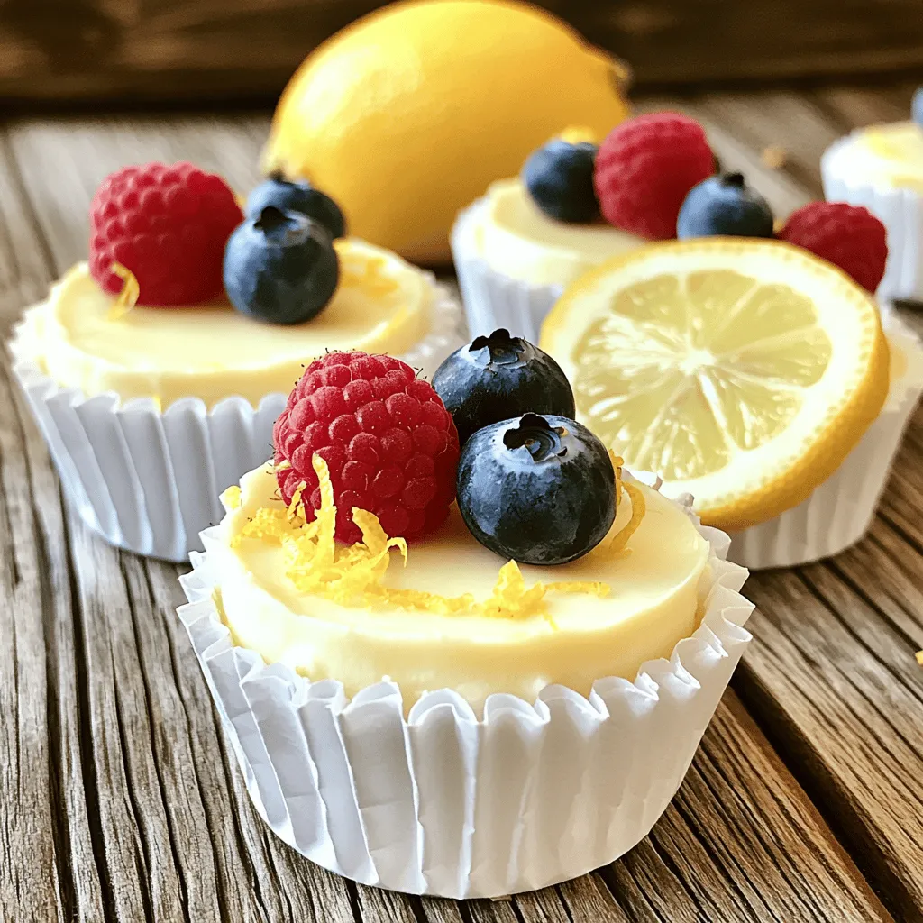 - 1 cup graham cracker crumbs - 2 cups cream cheese, softened - 1 cup heavy whipping cream These three ingredients create a rich and creamy base for your mini lemon cheesecakes. The graham cracker crumbs add a nice crunch, while the cream cheese gives it a smooth texture. Heavy whipping cream makes it light and fluffy. - 1/4 cup fresh lemon juice - Zest of 1 lemon - 1 teaspoon vanilla extract Fresh lemon juice and zest bring that bright, zesty flavor. The vanilla extract adds warmth and depth, balancing the tartness of the lemon. This combination makes every bite refreshing. - Fresh berries - Lemon slices Adding fresh berries and lemon slices on top makes your cheesecakes look beautiful. They also add a pop of color and extra flavor. You can choose your favorite berries, like strawberries or blueberries, to make it your own. For the complete list of ingredients and detailed instructions, check out the Full Recipe! - In a bowl, combine 1 cup of graham cracker crumbs, 1/4 cup of sugar, and 1/4 cup of melted butter. - Stir until it feels like wet sand. - Spoon the mixture into mini cheesecake cups or muffin tins. - Press it down firmly to make a solid base. - Place the cups in the fridge while you make the filling. - In a large bowl, beat 2 cups of softened cream cheese until smooth. - Gradually mix in 1 cup of powdered sugar, blending well. - Add 1/4 cup of fresh lemon juice, the zest of 1 lemon, and 1 teaspoon of vanilla extract. - Mix everything until it is fully combined and creamy. - In a separate bowl, whip 1 cup of heavy cream until it forms stiff peaks. - Gently fold the whipped cream into the cream cheese mixture. - Keep folding until no streaks remain. - Spoon the lemon filling into the chilled crusts. - Smooth the tops as you go, tapping the cups gently on the counter to remove air bubbles. - Cover the mini cheesecakes and refrigerate for at least 4 hours or overnight for the best set. For a complete guide, check out the Full Recipe. To get a creamy filling, start with softened cream cheese. Use an electric mixer to beat it until smooth. This helps to prevent lumps. Add sugar slowly while mixing. This step helps blend everything well. To prevent cracks in the cheesecake, avoid overmixing. Once you add the whipped cream, fold it gently. Stirring too much can add air. Air causes cracks when the cheesecake sets. If you want to reduce sugar, try using less powdered sugar. You can also use honey or maple syrup as alternatives. These options add sweetness without processed sugar. For a healthier version, consider using Greek yogurt. It adds creaminess and lowers fat. You can also try using stevia or monk fruit sweetener. These are good options for lower-calorie treats. The minimum refrigeration time is four hours. However, for the best flavor and texture, chill overnight. The longer the cheesecake sits, the better it sets. To tell when your cheesecakes are set, gently shake the cups. If the filling jiggles slightly in the center, it’s ready. If it wobbles too much, it needs more time. For the full recipe, check the earlier section. {{image_2}} You can switch up the flavors in your mini cheesecakes. Try adding different citrus fruits. Lime or orange can give a fresh twist. You can also use flavored extracts. Almond or coconut extract adds a unique touch. Just a little can change the taste. If you want a new base, consider crushed cookies. Oreos or vanilla wafers work great. They add a different flavor profile. For those avoiding gluten, use gluten-free cookies. Almond flour is another good option for a simple crust. Think about how to serve these treats. They pair well with sauces. A berry sauce or a lemon curd can elevate your dish. You can also use fruit compotes for a colorful touch. For plating, stack mini cheesecakes with berries on top. Use a mint leaf for a nice pop of color. For the complete recipe, check the [Full Recipe]. To keep your no-bake mini lemon cheesecakes fresh, store any leftovers in the refrigerator. Use an airtight container to prevent them from drying out. If you don’t have a container, cover them tightly with plastic wrap. This helps maintain their creamy texture and vibrant flavor. You can freeze these mini cheesecakes for later enjoyment. First, let them chill completely in the fridge. Then, place the cheesecakes in a single layer on a baking sheet. Freeze until solid, then transfer them to a freezer-safe container. Be sure to separate layers with parchment paper. To enjoy later, thaw the cheesecakes in the fridge overnight for the best texture. These mini cheesecakes last up to five days in the fridge. Check for any changes in smell or texture before eating. If you notice any signs of spoilage, like a sour smell or mold, it’s best to discard them. Enjoy these sweet treats while they are fresh for the best taste! Yes, you can make these cheesecakes ahead of time. They taste even better after sitting in the fridge. I recommend making them a day or two before you plan to serve them. Just be sure to cover them well. Use plastic wrap or a lid to keep them fresh. This way, you save time and impress your guests with a delicious dessert. If you need a dairy-free option, you can use vegan cream cheese. This works well in the recipe. You can also try cashew cream. Soak cashews in water, then blend them until smooth. Add a bit of lemon juice for flavor. Both options give you a nice creamy texture without dairy. To prevent sticking, use mini cheesecake cups or muffin tins with paper liners. This makes removal easy. If you don’t have liners, grease the cups lightly with cooking spray. After chilling, run a small knife around the edge to help release the cheesecakes. This simple step saves you from frustration when serving. This post covered how to make mini cheesecakes, from crust to filling. You learned about key ingredients like cream cheese and graham crackers. I shared tips for the best texture and sweetness. We explored fun variations and storage methods to keep them fresh. Mini cheesecakes are easy to make and fun to enjoy. With practice, you’ll impress everyone with your tasty treats. Now, get in the kitchen and create a delicious dessert!