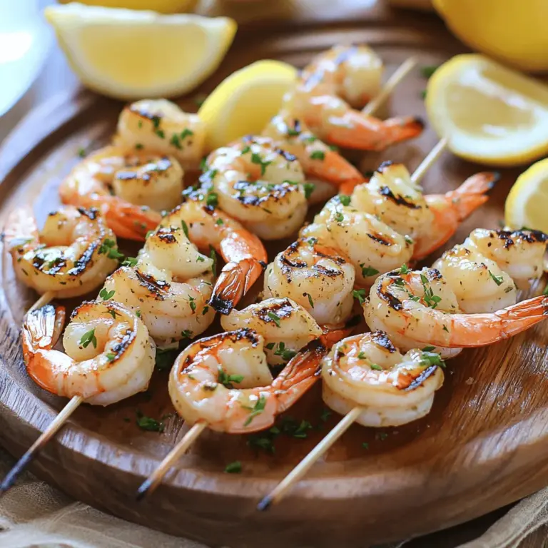 - Large shrimp: 1 lb, peeled and deveined - Unsalted butter: 4 tablespoons - Garlic: 5 cloves, minced - Fresh lemon juice: 1 tablespoon - Smoked paprika: 1 teaspoon - Dried oregano: 1 teaspoon - Salt and pepper: to taste - Fresh parsley: 1 tablespoon, chopped (for garnish) - Skewers: Wooden or metal (soak wooden skewers in water for 30 minutes before use) This dish shines with simple yet bold ingredients. You want fresh large shrimp for the best taste. It helps to peel and devein them before cooking. Butter adds richness. I recommend unsalted butter so you can control the salt. Garlic brings a strong flavor, so use fresh minced garlic. The lemon juice adds brightness. Smoked paprika gives a subtle smokiness. Dried oregano adds an earthy note. Don’t forget to season with salt and pepper. Finally, fresh parsley makes a lovely garnish. For best results, soak wooden skewers in water. This step prevents them from burning on the grill. Use metal skewers if you prefer. This recipe offers an easy way to enjoy great seafood. You can find the full recipe for Garlic Butter Shrimp Skewers in the article. To start, melt the butter in a small saucepan over medium heat. You want it to melt, not brown. Next, add the minced garlic. Sauté it for about 1-2 minutes until it smells amazing. Be careful; you don’t want it to burn. After that, stir in the fresh lemon juice, smoked paprika, dried oregano, salt, and pepper. Mix it well. This garlic butter mixture adds great flavor. Once done, remove it from heat and let it cool slightly. Now, take your peeled and deveined shrimp and place them in a bowl. Pour the garlic butter mixture over the shrimp. Make sure every piece is well-coated. This step is key for flavor. Let the shrimp marinate for 15-20 minutes. This allows them to soak up all those tasty flavors. While the shrimp is marinating, preheat your grill to medium-high heat. It should be hot enough to cook the shrimp quickly. Now, thread the marinated shrimp onto skewers. Aim for about 4-5 shrimp per skewer. Once done, place the skewers on the grill. Grill them for about 2-3 minutes on each side. The shrimp should turn pink and opaque. This means they are cooked perfectly. After grilling, remove the skewers from the heat. For a finishing touch, sprinkle some fresh parsley on top. For the full recipe, check out the earlier section. How to avoid overcooking shrimp To keep shrimp tender, cook them just right. Shrimp cook fast. Watch for color change. They turn pink and opaque when done. Aim for about 2-3 minutes per side on the grill. If you see them curling tightly, they may be overcooked. Best grilling techniques for skewers For perfect skewers, preheat your grill to medium-high heat. This helps create a nice char. If using wooden skewers, soak them in water for 30 minutes. This prevents burning. Place the skewers on the grill without crowding. Leave space between each skewer for even cooking. Presentation ideas for garlic butter shrimp skewers Serve your skewers on a bright platter. Drizzle any leftover garlic butter on top. This adds flavor and looks great. Add lemon wedges around the skewers for color and zest. Fresh parsley on top brings a pop of green. Recommended side dishes Garlic butter shrimp skewers pair well with simple sides. Consider serving them with rice or a fresh salad. Grilled veggies also work nicely. These options balance the rich flavors of the shrimp. For a touch of carbs, garlic bread could be a hit too. For more details on making these delicious skewers, check out the Full Recipe. {{image_2}} You can change the flavor by swapping out seasonings. Try adding chili powder for heat or lemon zest for a fresh twist. Fresh herbs like thyme or basil can also enhance the dish. If you want to explore different seafood, scallops or fish fillets work great. Just be sure to adjust cooking times. You can also bake garlic butter shrimp skewers in the oven. Preheat your oven to 400°F (200°C). Place the skewers on a baking tray and cook for about 10-12 minutes. Check them often to avoid overcooking. If you prefer cooking on the stove, a skillet works well. Heat some oil in a large skillet over medium heat. Add the marinated shrimp and cook for 2-3 minutes on each side, just like on the grill. For more details, you can refer to the Full Recipe. To store leftover skewers, place them in an airtight container. This keeps the shrimp fresh. You can store them in the fridge for up to 2 days. When you're ready to eat, reheat the skewers. The best way is to use a skillet over medium heat. Heat for 2-3 minutes, turning gently. This warms them without drying them out. To freeze shrimp skewers, first let them cool completely. Lay them flat in a single layer on a baking sheet. Cover with plastic wrap and freeze for about 1 hour. This helps them freeze without sticking. After that, transfer them to a freezer bag. Remove as much air as possible before sealing. You can freeze them for up to 2 months. When you're ready to eat, thaw the skewers in the fridge overnight. If you need them faster, submerge the bag in cold water for about 30 minutes. Once thawed, you can reheat them in a skillet or on the grill. Enjoy the same delicious flavor from the Full Recipe! What can I serve with garlic butter shrimp skewers? You can serve these shrimp skewers with many tasty sides. Some great options are: - Fresh salad - Rice or quinoa - Grilled vegetables - Garlic bread Each side brings a unique flavor. I enjoy pairing them with a light salad. The crunch and freshness balance the rich garlic butter. Can I use frozen shrimp for this recipe? Yes, you can use frozen shrimp. Just make sure to thaw them first. Place the shrimp in the fridge overnight or run them under cold water. This keeps the shrimp juicy and tasty. How long can I marinate shrimp? You can marinate shrimp for about 15 to 30 minutes. This time allows the shrimp to soak up all the flavors. If you wait too long, the shrimp may become mushy. What should I do if my shrimp are overcooked? If your shrimp are overcooked, there isn’t much you can do. They may become tough and chewy. To avoid this, keep an eye on them while they cook. Shrimp cook quickly, so check them often. Can I grill shrimp on a stovetop? Yes, grilling shrimp on a stovetop works well. Use a grill pan to get those nice grill marks. Heat the pan, add the shrimp, and cook as you would on an outdoor grill. What other seafood works well for skewers? Many types of seafood are great for skewers. You can try: - Scallops - Salmon - Swordfish - Veggie options like mushrooms or bell peppers These pair well with the garlic butter. Feel free to mix and match! For a complete guide, refer to the Full Recipe. This blog post covers how to make garlic butter shrimp skewers. We discussed key ingredients, steps for prep, and cooking. I shared tips to avoid overcooking and ideas for serving. You can also try variations with spices or different seafood. Proper storage can keep your leftovers fresh. Whether grilling or baking, these skewers are delicious. Remember to enjoy the process. Get creative and make it your own!