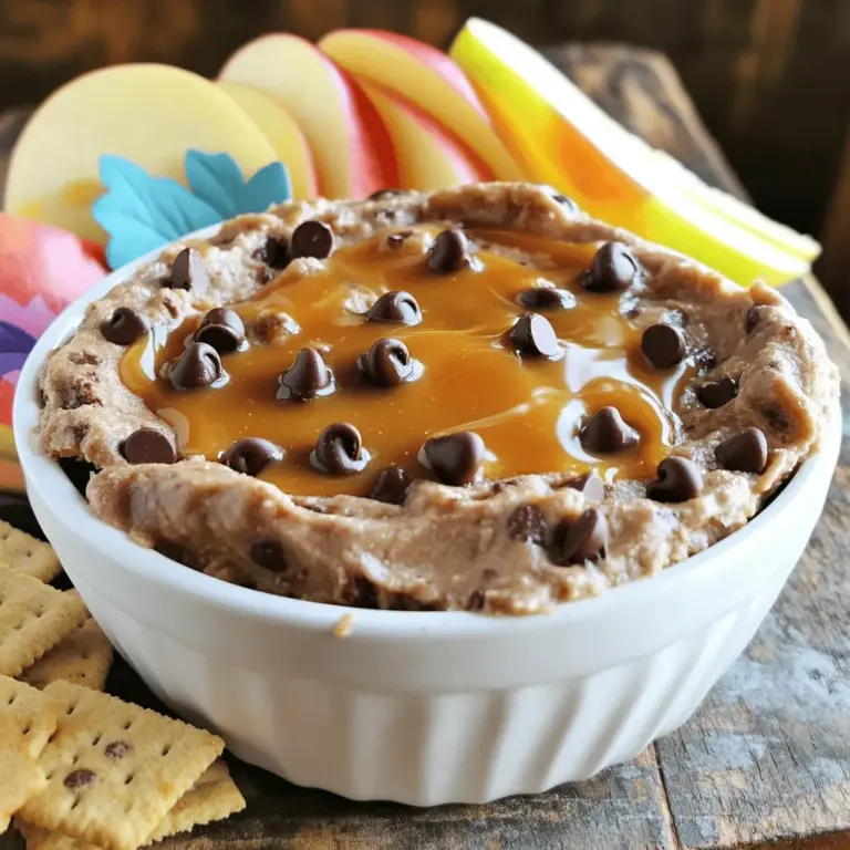 - 1 cup all-purpose flour (heat-treated) - ½ cup unsalted butter, softened - ½ cup brown sugar - ¼ cup granulated sugar - 1 teaspoon vanilla extract - 1 (8 oz) package cream cheese, softened - 1 cup mini chocolate chips - ¼ cup milk (adjust for desired consistency) - Pinch of salt To make the best Chocolate Chip Cookie Dough Dip, start with high-quality ingredients. Heat-treating the flour is key. This step ensures it is safe to eat raw. Simply spread the flour on a baking sheet and bake it at 350°F for about 5 minutes. Let it cool before using. You will need softened butter for easy mixing. I find that room temperature butter blends well with the sugars. The brown sugar gives that classic cookie taste, while the granulated sugar adds sweetness. For creaminess, soften your cream cheese to room temperature. This makes mixing much easier. Vanilla extract adds depth to the flavor. Don’t skip it! Mini chocolate chips bring joy and texture to the dip. You can adjust the milk amount to get the right thickness. A pinch of salt balances the sweetness and brings out all the flavors. - Graham crackers - Pretzels - Apple slices When serving, I love using graham crackers. They pair perfectly with the dip's sweet taste. Pretzels add a nice salty crunch. If you want something fresh, apple slices are a great choice. They add a fruity touch and make the dip feel lighter. Try these options, and you will impress your guests! For the full experience, check out the Full Recipe. - Step 1: Beat butter and sugars Start by taking your softened butter and adding it to a large mixing bowl. Then, add both brown sugar and granulated sugar. Use a mixer to beat them together until the mixture is creamy and smooth. - Step 2: Combine cream cheese and vanilla Next, add the softened cream cheese and vanilla extract to your bowl. Mix well until everything is combined and creamy. This step is key for a rich texture. - Step 3: Incorporate heat-treated flour Now, it’s time to add the heat-treated flour and a pinch of salt. Mix until all the dry ingredients blend in well. This helps create that cookie dough flavor we all love. - Step 4: Stir in chocolate chips Add in the mini chocolate chips. Use a spatula to fold them in gently. This gives you those sweet bursts in each bite. - Step 5: Adjust thickness with milk If the dip feels too thick, add milk a little at a time. Stir after each addition until you reach your desired consistency. It should be creamy but not runny. - Step 6: Taste and sweeten if needed Take a moment to taste your dip. If it needs more sweetness, sprinkle in a bit more sugar and mix well. Your taste buds will thank you! - Step 7: Transfer and refrigerate Once it’s mixed to perfection, transfer your dip to a serving bowl. Cover it and refrigerate for at least 30 minutes. This helps the flavors blend beautifully. - Step 8: Serving suggestions When ready to serve, grab your favorite dippers. Graham crackers, pretzels, and apple slices work great. Enjoy your Chocolate Chip Cookie Dough Dip with friends and family! For the complete recipe, check out the Full Recipe. To adjust the thickness of your dip, start by adding milk. Add one tablespoon of milk at a time. Mix well after each addition. This method helps you find the right thickness. If it becomes too thin, you can add a bit of flour to thicken it back up. For storing leftover dip, place it in an airtight container. Keep it in the fridge for up to five days. If you want to enjoy it later, you can also freeze it. Just remember to thaw it in the fridge before serving again. You can easily add spices or extracts to elevate the flavor. A pinch of cinnamon gives warmth. A splash of almond extract adds a unique twist. Even a bit of sea salt can bring out the sweetness. Experimenting can lead to fun flavor surprises, so don’t hold back! Get creative with your serving dishes! A clear glass bowl lets the layers shine. You can also use fun, colorful plates to catch the eye. For garnishing, consider sprinkling mini chocolate chips on top. A drizzle of chocolate sauce adds flair, too. Fresh fruit slices on the side add color and flavor. These small touches make your dip even more inviting. {{image_2}} You can make your cookie dough dip more fun with mix-ins. Try adding nuts, like walnuts or pecans, for a nice crunch. Dried fruits, such as raisins or cranberries, add a chewy texture. Candy pieces, like M&Ms or crushed Oreos, bring a fun twist. If you want a vegan version, swap the cream cheese for a vegan alternative. Use coconut cream or cashew cream instead. This way, everyone can enjoy the dip, no matter their diet. Want to switch things up? Create a peanut butter chocolate chip dip. Mix in half a cup of creamy peanut butter while you beat the butter and sugars. This adds a rich, nutty flavor. For a cookie dough dip with caramel swirls, drizzle some caramel sauce on top before serving. This adds a sweet, sticky touch that everyone will love. You can craft themed versions of this dip for special occasions. For holidays, mix in festive sprinkles or chocolate shapes. A red, white, and blue theme works well for the Fourth of July. For birthdays, add colorful sprinkles or mini candles on top. You can even serve it in a fun, colorful bowl to match the party theme. The options are endless, and each variation brings a unique flavor to your table. To keep your Chocolate Chip Cookie Dough Dip fresh, store it in an airtight container. This helps prevent the dip from drying out or absorbing other flavors. Place it in the fridge for up to one week. If you plan to serve it later, remember to chill it for at least 30 minutes before serving. This allows the flavors to meld nicely. You can freeze the dip for longer storage. First, scoop it into a freezer-safe container. Make sure to leave some space at the top. The dip will expand as it freezes. When you're ready to enjoy it, thaw it in the fridge overnight. Stir it well before serving to restore its creamy texture. When stored correctly, the Chocolate Chip Cookie Dough Dip stays fresh for about one week in the fridge. If frozen, it can last up to three months. Always check for any changes in smell or texture before eating. Enjoying it while fresh will give you the best taste experience. Yes, you can eat the dip raw. This dip is made to be enjoyed straight away. It uses heat-treated flour, which makes it safe to eat raw. You get all the cookie dough flavor without any baking. Just grab a spoon and dig in! You can store this dip in the fridge for about five days. Make sure to put it in an airtight container. This keeps it fresh and tasty. If you want to save it longer, you can freeze it. Just thaw it in the fridge when you're ready to enjoy it again. If you need a substitute for cream cheese, try using Greek yogurt or mascarpone cheese. Both options add creaminess and flavor. You can also use vegan cream cheese for a dairy-free version. Just make sure it's softened for easy mixing. Yes, you can easily make this dip vegan. Use vegan butter and a plant-based cream cheese. You can also swap the milk for almond or oat milk. This way, everyone can enjoy the tasty flavors without dairy. Some great dippers include: - Graham crackers - Pretzels - Apple slices - Vanilla wafers - Fresh fruit Feel free to get creative! You can use any snack you like to scoop up this delicious dip. This article guides you through making a delicious Chocolate Chip Cookie Dough Dip. We covered essential ingredients, step-by-step instructions, and helpful tips. Remember to adjust the thickness based on your preference and get creative with mix-ins. Don't forget the best dippers like graham crackers and apple slices! This dip is easy to customize and perfect for any gathering. Enjoy experimenting and sharing it with friends or family. You’ll have a tasty treat that everyone will love!