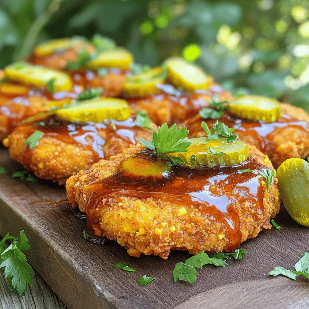 - 1 block (14 oz) firm tofu - 1 cup plant-based milk (such as almond or soy) - 1 cup all-purpose flour - 1 cup cornmeal The main ingredients create the base for our crispy vegan Nashville hot chicken. Firm tofu gives it a hearty texture. Use any plant-based milk you prefer. It helps marinate the tofu and adds flavor. All-purpose flour and cornmeal create a crunchy coating that crisps up beautifully when fried. - 2 teaspoons smoked paprika - 1 teaspoon garlic powder - 1 teaspoon onion powder The spice mix brings depth to the dish. Smoked paprika gives a nice warmth and color. Garlic and onion powders add savory notes that enhance the overall flavor. You can adjust the amounts to match your taste. - 2 tablespoons hot sauce (your favorite brand) - 1 tablespoon maple syrup - Oil for frying Hot sauce adds heat and tang, while maple syrup balances the spice with sweetness. Oil is crucial for frying. Choose one with a high smoke point, like vegetable or canola oil, for the best results. For the full recipe, check out the detailed steps to make this delightful dish. Each ingredient plays a key role in creating a crispy, flavorful experience you will love. To start, we need a tasty marinade for the tofu. Mix 1 cup of plant-based milk with 1 tablespoon of apple cider vinegar in a bowl. Let it sit for about 5 minutes. This step makes a nice buttermilk-like base. Then, add the tofu cutlets to the marinade. Make sure they are fully covered. Let them marinate for at least 30 minutes. This soak makes the tofu flavorful and helps it stay moist. Next, we prepare the coating. In a separate bowl, combine 1 cup of all-purpose flour, 1 cup of cornmeal, 2 teaspoons of smoked paprika, 1 teaspoon of garlic powder, 1 teaspoon of onion powder, 1 teaspoon of cayenne pepper, salt, and black pepper. Mix it well. This blend gives a crunchy texture and a spicy kick. Take the marinated tofu out and let the extra liquid drip off. Dredge each piece in the flour mixture. Make sure to press down firmly for an even coating. Place the coated tofu on a plate and repeat this for all pieces. Now it’s time to fry! Heat oil in a deep frying pan over medium heat. You want about 1-2 inches of oil for frying. Once the oil is hot, carefully add the coated tofu cutlets. Fry them in batches to avoid crowding. Cook for about 4-5 minutes on each side. Look for a golden brown color and a crispy texture. When done, remove the tofu and place it on a paper towel-lined plate to drain any excess oil. For the final touch, mix 2 tablespoons of your favorite hot sauce with 1 tablespoon of maple syrup in a small bowl. Brush this mixture generously over each piece of crispy tofu. To get that perfect crunch, start with the right coating. Mix flour and cornmeal in equal parts. This combo gives you a great texture. When coating, press the tofu into the mix firmly. This helps it stick well. Make sure to shake off extra flour. Frying temperature is key too. Heat your oil to about 350°F (175°C). Use a thermometer for accuracy. If the oil is too hot, the outside burns, but the inside stays raw. If it’s too cool, the tofu soaks up oil. Want more heat? Adjust the cayenne pepper to your liking. Start with one teaspoon and taste. You can always add more if you want it spicier. Don't stop at cayenne! Add smoked paprika for depth or garlic powder for a punch. Fresh herbs like thyme can also boost flavor. Mix and match until it feels right to you. For a fun presentation, serve your crispy vegan Nashville hot chicken on a wooden board. Add fresh parsley around the chicken for color. Serve with pickles for a tangy crunch. Pair it with creamy plant-based coleslaw on the side. The cool, crunchy slaw balances the spice of the chicken well. {{image_2}} You can switch out tofu for seitan. Seitan has a chewy texture that works well. It soaks up flavors nicely, making it a great choice. Simply follow the same marination and breading steps. Another option is tempeh. Tempeh adds a nutty flavor. Slice it thin and marinate like tofu. Both choices give you tasty vegan Nashville hot chicken. To control the heat, adjust the cayenne pepper. Start with less if you prefer milder flavors. You can always add more later. For added flavor, try different hot sauces. Each sauce brings its own unique taste. Mix and match until you find your perfect blend. If you need a gluten-free option, use gluten-free flour. It works well for breading. Make sure to check labels for gluten-free certification. You can also try gluten-free breadcrumbs. They add a crunchy texture. This way, everyone can enjoy crispy vegan Nashville hot chicken. To keep your crispy vegan Nashville hot chicken fresh, cool it down quickly. Place the chicken on a wire rack over a baking sheet. This allows air to flow and helps prevent sogginess. After it cools, transfer the pieces to an airtight container. This helps retain the flavor and texture. Use a container that fits the chicken without squishing it. Glass containers or heavy-duty plastic work great. If you stack them, place parchment paper between layers to keep them crisp. When it’s time to enjoy your leftovers, reheating with care is key. The best way is to use an oven. Preheat your oven to 375°F (190°C). Place the chicken on a baking sheet and heat for about 10 to 15 minutes. This method helps keep the chicken crispy. If you're in a hurry, you can use a microwave. But this method may make the chicken less crispy. Heat on medium power for about 1-2 minutes. After microwaving, pop it in a hot skillet for a minute to regain some crunch. You can freeze your crispy vegan Nashville hot chicken for later. First, let it cool completely. Wrap each piece in plastic wrap to protect it. Then, place the wrapped pieces in a freezer bag or container. This keeps them fresh for about 2 to 3 months. To thaw, move the chicken from the freezer to the fridge for several hours or overnight. When ready to eat, follow the reheating instructions to bring back the crunch. Enjoy your tasty meal anytime! Yes, you can! Here are some great options: - Seitan: This wheat-based protein is chewy and works well. - Tempeh: It has a nutty flavor and a firmer texture. - Chickpeas: Mash them and form patties for a twist. - Cauliflower: Breaded and fried, it’s a fun alternative. To amp up the heat, try these tips: - Add more cayenne pepper to the spice mix. - Use a hotter hot sauce in the glaze. - Mix in crushed red pepper flakes for an extra kick. - Experiment with spicy paprika or chili powder. Here are some tasty side dish ideas: - Creamy coleslaw: It balances the heat well. - Sweet potato fries: Their sweetness contrasts nicely. - Mac and cheese: A classic comfort food pairing. - Pickles: They add crunch and tang. Yes, you can bake it! Here’s how: - Preheat your oven to 425°F (220°C). - Coat the tofu cutlets in the spice mix as usual. - Place them on a baking sheet lined with parchment. - Spray with oil for crispiness. - Bake for 25-30 minutes, flipping halfway through. This method is healthier and still tasty! For the full recipe, be sure to check it out. This blog post covered a quick guide to making crispy vegan Nashville hot chicken. We explored main ingredients like tofu, plant-based milk, and spices, plus the marinating and frying process. I shared tips for the crispiest texture and different serving ideas. You can also adjust spice levels or try gluten-free options. In my view, this dish is a fun way to enjoy plant-based meals. Try it out, and don’t forget to customize it to your taste!