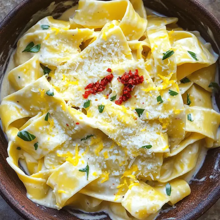 - 12 oz pappardelle pasta - 1 cup heavy cream - 2 tablespoons Calabrian chili paste - 1 tablespoon olive oil - 1 small onion, finely chopped - 3 garlic cloves, minced - 1/2 cup grated Parmesan cheese - 1/2 teaspoon salt - Freshly ground black pepper to taste - 1/4 cup fresh basil leaves, chopped - Zest of 1 lemon - For fresh herbs, you can use parsley or oregano. They add a nice touch. - If you need a dairy-free option, try coconut cream or almond milk. - Large pot for cooking pasta - Skillet - Measuring cups and spoons - Knife and cutting board Gather these items before you start cooking. Having everything ready makes the process smooth. The pappardelle is wide and holds the sauce well. The Calabrian chili paste brings heat and flavor. You can adjust the amount to match your taste. Fresh basil adds a vibrant finish, while lemon zest brightens the dish. Enjoy creating this creamy delight! For the full recipe, check out the details above. To start, boil a large pot of salted water. This helps the pasta taste great. Cook the pappardelle pasta until it's al dente. This means it should be firm but not hard. Follow the package instructions for timing. Remember to reserve about 1/2 cup of pasta water before draining. This water will help the sauce stick to the pasta later. In a large skillet, heat olive oil over medium heat. Add finely chopped onion. Sauté this for about 5 minutes. You want the onion to become soft and translucent. Next, add minced garlic and sauté for 1-2 more minutes. The garlic should smell great, but don’t burn it! Now it's time to create the creamy sauce. Lower the heat and pour in the heavy cream. Stir this well with the onions and garlic. Let it simmer for 2-3 minutes while stirring. This helps mix the flavors. Next, mix in the Calabrian chili paste. Adjust the paste to your spice level. Simmer for another 2 minutes to let the flavors blend well. Once the sauce is ready, add the drained pappardelle to the skillet. Toss the pasta gently in the sauce. If the sauce feels too thick, splash in some reserved pasta water until it’s creamy. Lastly, stir in grated Parmesan cheese, salt, and fresh pepper. Remove from heat and add chopped basil and lemon zest for a bright finish. For the complete recipe, check out the Full Recipe. To adjust the sauce thickness, you can add pasta water. This water is starchy and helps the sauce cling to the pasta. Start with a small amount, about a tablespoon, and mix it in. Keep adding until you reach the creaminess you like. Using pasta water effectively is key. Always reserve some before you drain the pasta. This step ensures you have the right consistency for your creamy Calabrian chili pappardelle. Just remember, it’s easier to add more than to take away! You can customize the heat with Calabrian chili paste. If you want less heat, start with one tablespoon. Taste it, then add more if you like. This way, you can enjoy the flavors without overwhelming your palate. If you prefer milder flavors, consider using roasted red pepper paste instead. It adds a nice depth without the heat. You can also mix in a bit of cream to tone down the spice. For complementary side dishes, consider a simple arugula salad. The peppery taste pairs well with the creamy pasta. A light lemon vinaigrette will brighten the meal. When it comes to drinks, a chilled white wine works great. A Pinot Grigio or Sauvignon Blanc can be refreshing. These wines balance the richness of the creamy pappardelle. To learn the full details and make this dish, check out the Full Recipe. {{image_2}} You can easily adjust the recipe for different diets. For a vegetarian option, swap proteins with fresh vegetables. Try adding sautéed zucchini, bell peppers, or mushrooms for a colorful mix. If you want some protein, consider adding chicken or shrimp. Cook them in the skillet before adding the cream. This adds flavor and makes the dish heartier. To change up the flavors, think about adding sun-dried tomatoes or olives. These ingredients bring a nice depth and sweetness. You could also infuse the dish with herbs like thyme or oregano. Just add them when you mix in the cream. They will enhance the overall taste and aroma of the pasta. Plating is key to making your dish look inviting. Use a large fork to twirl the pasta into a neat nest on the plate. Add a sprinkle of Parmesan on top for extra flair. Fresh herbs, like basil leaves, make a lovely garnish. They add color and a burst of fresh taste, making your creamy Calabrian chili pappardelle a true delight. For the full recipe, check out the [Full Recipe]. To store your creamy Calabrian chili pappardelle, first cool it to room temperature. Place the pasta in an airtight container. This keeps it fresh and tasty. You can store it in the fridge for up to three days. When you are ready to eat, check for any signs of spoilage. If you want to freeze your pasta, it’s best to do so right after cooking. Put the cooled pasta in a freezer-safe container. Make sure to leave some space for the pasta to expand. It can last in the freezer for about one month. When you’re ready to eat, thaw it in the fridge overnight. To reheat, place the frozen pasta in a skillet over low heat. Add a splash of cream or pasta water for the best texture. Stir often until it’s warmed through. This will help bring back that creamy goodness. Enjoy your meal! Calabrian chili comes from Italy. It is bright red and packed with flavor. The heat level is medium to high. It can range from 25,000 to 50,000 Scoville units. This chili adds a fruity and smoky taste to dishes. It is perfect for adding depth to the creamy sauce in creamy Calabrian chili pappardelle. Yes, you can make pappardelle at home. You need just flour, eggs, and a bit of salt. Combine the flour and salt in a bowl. Make a well in the center and add the eggs. Mix until dough forms. Knead for about 10 minutes, then let it rest. Roll out the dough thinly and cut into wide strips. Fresh pasta cooks in just a few minutes. To check if your pasta is al dente, taste it. It should be firm yet tender. Look for a slight bite in the center. If it sticks to your teeth, it needs more time. Perfectly cooked pasta should not be mushy. Remember, it will continue cooking when you mix it with the sauce. Yes, you can make creamy Calabrian chili pappardelle dairy-free. Use coconut cream or cashew cream instead of heavy cream. Nutritional yeast can replace Parmesan for a cheesy flavor. These substitutes keep the dish creamy without dairy. Adjust the amount of chili paste if you prefer a milder taste. The best way to reheat creamy pasta is on the stove. Add a splash of water or broth to a pan. Heat on low and stir gently. This method helps restore the creamy texture. Avoid the microwave, as it can make the sauce grainy. Always reheat slowly for the best results. You can find Calabrian chili paste in many grocery stores. Look in the international aisle or near other sauces. Specialty stores often carry it too. Online retailers like Amazon have it as well. It’s worth having in your pantry for flavor-packed meals. Making creamy pappardelle is simple and fun. We explored the key ingredients and steps needed for this dish. You learned about the right equipment and tips to adjust flavor and texture. We also discussed various ingredient swaps to make it your own. In summary, this recipe is adaptable and delicious. Experiment with it, and enjoy your cooking! Expand your skills, and impress your friends with this tasty pasta dish.