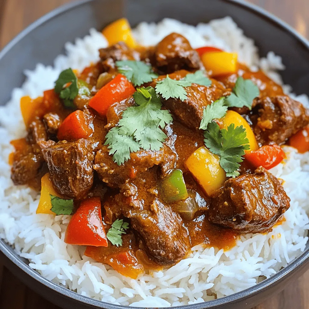 To make a great Nigerian beef stew, you need these key ingredients: - 2 lbs beef, cut into cubes - 1 large onion, chopped - 4 cloves garlic, minced - 2 inches fresh ginger, grated - 4 ripe tomatoes, blended into puree - 2 tablespoons tomato paste - 3 tablespoons vegetable oil - 2-3 fresh green chilies, chopped (adjust to taste) - 2 bell peppers (1 red, 1 green), diced - 1 tablespoon of ground coriander - 1 teaspoon of dried thyme - 1 teaspoon of paprika - Salt and pepper to taste - 2 cups beef broth or water - Fresh cilantro leaves for garnish These ingredients work together to create a rich and savory flavor. The beef provides a hearty base, while the spices add warmth and depth. You can enhance your stew with these optional ingredients: - A bay leaf for added aroma - A splash of lemon juice for brightness - Carrots or potatoes for extra texture - A teaspoon of cayenne pepper for heat Adding these ingredients can give your stew a unique twist. Feel free to experiment with what you have on hand! Presentation matters, even for stew! Consider these garnishes: - Fresh cilantro leaves for color - Sliced green onions for crunch - A drizzle of olive oil for shine Garnishing not only makes your dish look appealing but also adds fresh flavors. Serve your stew hot over rice or yam and enjoy the delightful tastes! For the full recipe, check the details above. To start, gather all your ingredients. You need 2 lbs of beef, chopped onion, minced garlic, and grated ginger. Blend 4 ripe tomatoes into a smooth puree. Keep tomato paste and fresh green chilies nearby. Dice the bell peppers, and measure out your spices. This setup will make cooking easy and fun. Heat 3 tablespoons of vegetable oil in a large pot over medium heat. Add the chopped onion and sauté for about 5 minutes. You want the onion to be soft and fragrant. Next, stir in 4 cloves of minced garlic, 2 inches of grated ginger, and 2-3 chopped green chilies. Cook this mixture for another 2-3 minutes. Now, add the beef cubes, seasoning them with salt and pepper. Brown the beef on all sides for about 8-10 minutes. Once the beef is browned, pour in the blended tomato puree and add 2 tablespoons of tomato paste. Stir everything well to mix. Sprinkle in 1 tablespoon of ground coriander, 1 teaspoon of dried thyme, and 1 teaspoon of paprika. Mix it all together, then pour in 2 cups of beef broth or water. Bring this stew to a boil. When it boils, reduce the heat to low and cover the pot. Let it simmer for 1.5 to 2 hours, stirring occasionally. This helps the flavors mix and the beef become tender. After 1.5 to 2 hours, check the beef. It should be tender when you poke it with a fork. If it is not, let it cook a bit longer. Taste the stew to see if it needs more salt or pepper. Finally, stir in the diced bell peppers and let them cook for another 10 minutes. They should be slightly tender but still crisp. This is where the fun begins with flavors! For the full recipe, check the previous section. To make the best Nigerian beef stew, start with a great sear. Sear the beef cubes in hot oil. This browning adds deep flavor. Use a heavy pot to keep heat steady. Adding spices early makes them bloom. Stir the stew often for even cooking. Simmer it slowly to let flavors meld. A longer cook time makes the beef tender. Avoid overcrowding the pot when browning beef. This leads to steaming, not searing. Don’t skip the aromatics like garlic and ginger. They boost flavor significantly. Be cautious with salt. You can always add more later. Don’t rush the simmer. Giving it time is key for rich taste. Lastly, check the doneness of the beef. It should be fork-tender, not tough. To enhance the flavor, use fresh herbs. Add cilantro or bay leaves during cooking. For a bit of heat, adjust the chilies. You can also add a splash of vinegar or lime juice. These brighten the dish and balance richness. Consider using smoked paprika for depth. For a twist, try adding a touch of coconut milk. It adds creaminess and a subtle sweetness. For the full recipe, check out the detailed steps. {{image_2}} You can use various meats in your Nigerian beef stew. If you want to switch things up, try lamb or goat. Both meats add a unique taste. Chicken is another option. It cooks faster and still tastes great. You can also use turkey for a leaner dish. Each choice brings a new flavor. If you prefer a meatless stew, there are tasty options. Use hearty vegetables like eggplant, mushrooms, or zucchini. You can also add beans for protein and texture. Lentils work well, too. They cook quickly and soak up flavors. For a unique twist, try using tofu or tempeh. They absorb the spices nicely. Spice levels can change the whole dish. If you like it hot, add more green chilies or fresh pepper. You can also try adding cayenne pepper or crushed red pepper. For milder stew, use fewer chilies. You can remove seeds from peppers for less heat. Adjust the spice to suit your taste. Enjoy the flexibility! To keep your Nigerian beef stew fresh, let it cool first. Place it in an airtight container. You can store it in the fridge for up to 3 days. Make sure to label the container with the date. This helps you remember how long it has been. When you are ready to eat the stew again, reheat it on the stove. Pour it into a pot over medium heat. Stir it often to prevent sticking. If the stew seems thick, add a little water or broth. Heat until it is hot all the way through. If you want to keep your stew longer, freezing is a great option. Pour it into a freezer-safe container. Leave space at the top for expansion. Seal it tightly and label it with the date. You can freeze the stew for up to 3 months. To thaw, place it in the fridge overnight before reheating. Enjoy the same delicious flavors later! For the complete cooking process, check the Full Recipe. To make Nigerian beef stew with less salt, start by using low-sodium beef broth. You can also enhance flavor with spices and herbs. Add fresh ingredients like garlic, ginger, and herbs. They add taste without extra salt. Taste the stew as it cooks. This way, you can adjust seasoning without overdoing it. Yes, you can use a slow cooker for this recipe. Simply brown the beef in a pan first. Transfer the beef and all ingredients into the slow cooker. Set it on low for 6-8 hours or high for 3-4 hours. This method gives the beef a tender texture and allows flavors to blend nicely. I love serving Nigerian beef stew with fluffy rice or pounded yam. You can also pair it with fried plantains for a sweet contrast. Consider a side of sautéed greens or a fresh salad. These sides complement the rich flavors of the stew perfectly. For the full recipe, check out the detailed steps above! In this article, we covered the main ingredients and steps to make Nigerian beef stew. You learned about optional flavors, cooking tips, and ways to store leftovers. Remember, small tweaks can make a big difference in taste. Experiment with different meats or spice levels to suit your palate. By following these steps, you can create a hearty stew that impresses. Enjoy the journey of cooking and share this meal with loved ones. Happy cooking!