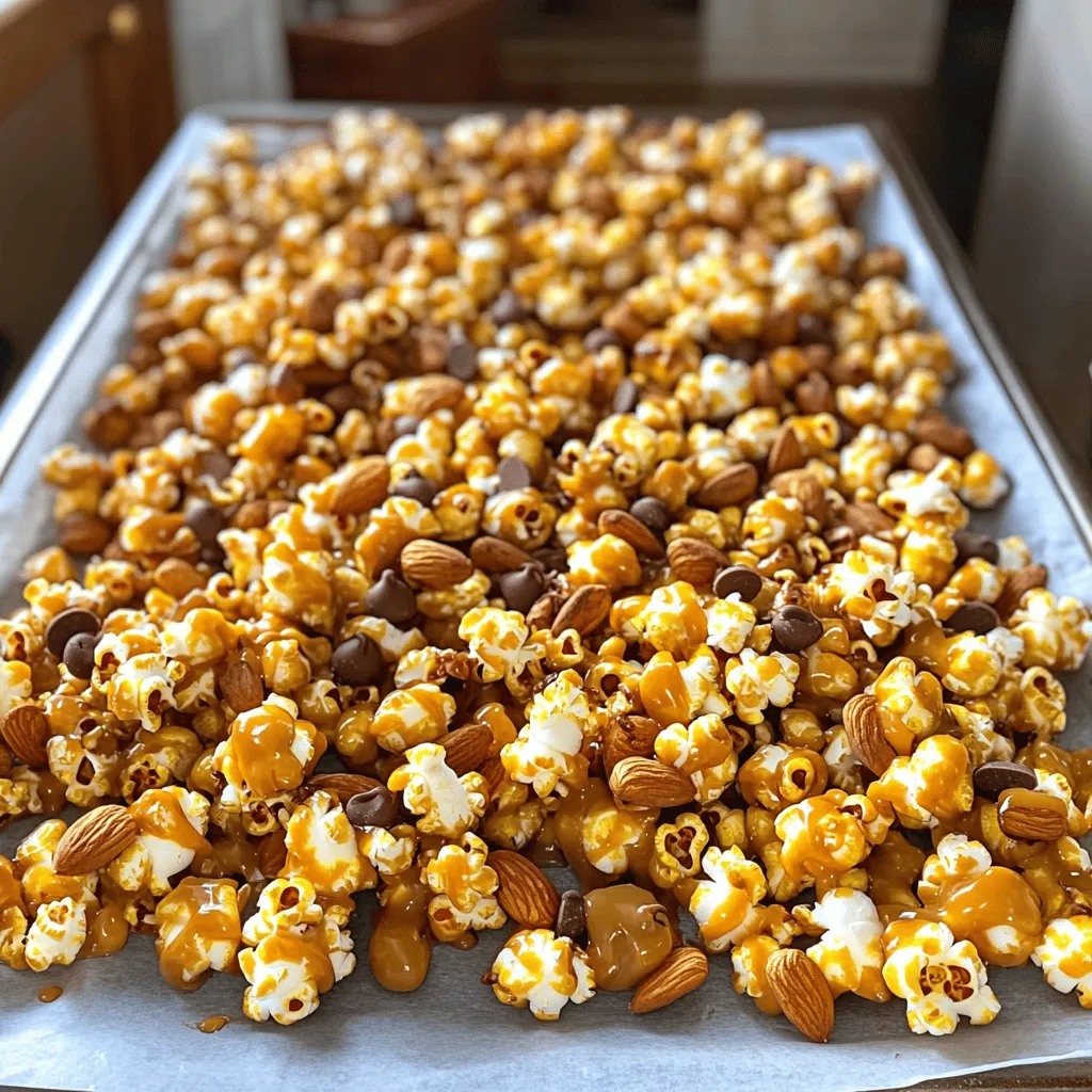 - 10 cups popped popcorn (1/2 cup unpopped kernels) - 1 cup unsalted butter - 2 cups packed brown sugar - 1/2 cup corn syrup - 1 teaspoon vanilla extract - 1/2 teaspoon baking soda - 1 cup mixed nuts - 1 cup chocolate chips You can add different nuts like walnuts or peanuts. If you want more sweetness, try adding M&M's or gummy candies. You can also use flavored popcorn. Kettle corn can add a nice twist. Pair this snack with cold milk or hot cocoa for a treat. It's great for movie nights or parties. A serving size of about 1/2 cup works well for sharing. Enjoy it on a cozy evening with family or friends. For the full recipe, check out the steps to make this delightful treat! Preheating the oven and preparing baking sheets First, preheat your oven to 250°F (120°C). This low heat helps create that perfect crunch. Next, take two large baking sheets and line them with parchment paper. This keeps the popcorn from sticking and makes cleanup easy. Popping popcorn safely You can pop your popcorn in two ways. Use an air popper for a healthier option, or pop it on the stovetop. If using the stovetop, heat a bit of oil in a large pot, add your kernels, and cover. Shake the pot as the kernels pop to avoid burning. Make sure to transfer the popped popcorn to a big bowl. Check for any unpopped kernels and remove them to prevent surprises later. Detailed steps for melting butter and mixing ingredients In a medium saucepan, place your unsalted butter and melt it over medium heat. Once the butter is melted, add the brown sugar and corn syrup. Stir this mixture until it is fully combined. You want a smooth blend before you heat it. Importance of boiling time Bring the mixture to a boil without stirring. Let it boil for 4 to 5 minutes. This step is crucial. It allows the caramel to thicken and develop that rich flavor. When time is up, remove the pan from heat. Stir in the vanilla extract and baking soda. Be careful; the mixture will bubble up. This bubbling is normal and indicates you did it right! How to achieve an even coating Pour the warm caramel sauce over your popped popcorn in the bowl. Use a spatula to fold the popcorn gently. This helps make sure every piece gets coated without breaking it. Take your time to do this well. Tips for adding nuts and chocolate staying melted Once your popcorn is coated, add the mixed nuts. Gently mix them in so they are evenly spread. Now, spread the popcorn mixture onto your prepared baking sheets in an even layer. Bake it in the oven for about 1 hour, stirring every 15 minutes. This step helps keep the coating even and crunchy. When you take it out, while it is still warm, sprinkle the chocolate chips on top. They will melt slightly, sticking to the popcorn. Let it cool completely, and then break it into clusters. Enjoy your Moose Munch Caramel Popcorn! For the complete details, check the Full Recipe. To get that perfect crunch, baking time is key. I suggest baking your caramel popcorn for about one hour at 250°F (120°C). Stir the popcorn every 15 minutes. This helps it bake evenly and prevents sogginess. Keep an eye on it, as every oven is slightly different. Want to elevate the flavor? You can add a pinch of salt to your caramel. It balances the sweetness. Try adding spices like cinnamon or nutmeg for a warm twist. You can also mix in some cocoa powder for a chocolatey kick. Experiment and find what you love! Avoid overcooking your caramel. If it cooks too long, it can become hard and hard to chew. Stirring is also important. If you don’t mix the popcorn and caramel well, some pieces may end up dry. Mix gently but thoroughly to ensure every piece gets that sweet coating. {{image_2}} You can change Moose Munch caramel popcorn to fit your taste. Try adding spices or flavors you love. For example, mix in cinnamon for a warm touch. You can also create seasonal treats. Think about a "Pumpkin Spice" version for fall. Just add pumpkin spice to the caramel. For winter, make "Peppermint Bark" popcorn. Toss in crushed peppermint candies for a festive crunch. If you need gluten-free options, pick popcorn brands that use no gluten. Most plain popcorn is safe. You can also swap out mixed nuts for seeds. Pumpkin seeds or sunflower seeds work well. If you need a nut-free treat, just leave the nuts out. You can still enjoy the caramel flavor without them. Chocolate makes this snack even better. Try using white chocolate for a sweet twist. Melt it and drizzle over the popcorn after baking. Dark chocolate adds a rich flavor. You can mix both types for a fun blend. Flavored chocolate, like caramel or mint, also works. Just remember to melt it carefully so it stays smooth. To keep your Moose Munch caramel popcorn fresh, use an airtight container. Glass jars or plastic bins work well. Store it in a cool, dry place. Avoid areas with high heat or humidity. This helps maintain its crunch. If you have a lot, you can layer it with parchment paper to prevent sticking. Moose Munch caramel popcorn lasts about one to two weeks. After that, it may lose its crunch. If stored properly, the flavor stays great. Always check for any signs of spoilage before eating. If it smells off or looks stale, it's best to toss it. If your popcorn loses its crunch, don’t worry! You can refresh it easily. Preheat your oven to 250°F (120°C). Spread the popcorn on a baking sheet. Bake it for about 5 to 10 minutes. This will help restore its crispiness. Make sure to check it often so it doesn’t burn. Enjoy your tasty snack! Moose Munch Caramel Popcorn is a sweet treat made with popcorn, caramel, and nuts. You get a crunchy, buttery flavor with a hint of sweetness. The brand behind it, Harry & David, is known for its gourmet snacks. Moose Munch is a fun twist on traditional caramel popcorn. The mix of popcorn and nuts gives it a great texture and taste. Yes, you can make Moose Munch Caramel Popcorn ahead of time. It stays fresh when stored properly. Let it cool completely before putting it in an airtight container. Keep it in a cool, dry place. This way, it can last for about two weeks. If you want to make it for a party, you can prepare it a few days early. If you need a nut-free option, you can leave out the nuts. You can also use seeds instead, like sunflower or pumpkin seeds. Dried fruits, like cranberries or raisins, can add a nice touch too. Chocolate pieces can also work well for added sweetness. To keep your caramel smooth, make sure to stir well while cooking. Use a heavy pot for even heat. Avoid stirring the caramel too much once it starts to boil. When it’s boiling, let it cook for the full time. Adding a little corn syrup helps keep the caramel smooth too. You can use microwave popcorn, but it may not taste the same. The texture might be less crunchy, and the flavor may be weaker. Air-popped popcorn is best for this recipe. It gives a fresher taste and better crunch. If you use microwave popcorn, choose the plain version, not the flavored ones. Moose Munch Caramel Popcorn is a fun treat with many ways to customize it. You can swap nuts or try different popcorn types for your own flavors. Remember to store it well to keep it fresh. Enjoy it with drinks or share it as a snack. Making it right can impress friends and family. By using this guide, you can create a delicious treat everyone will love. Happy cooking, and have fun experimenting with your Moose Munch!