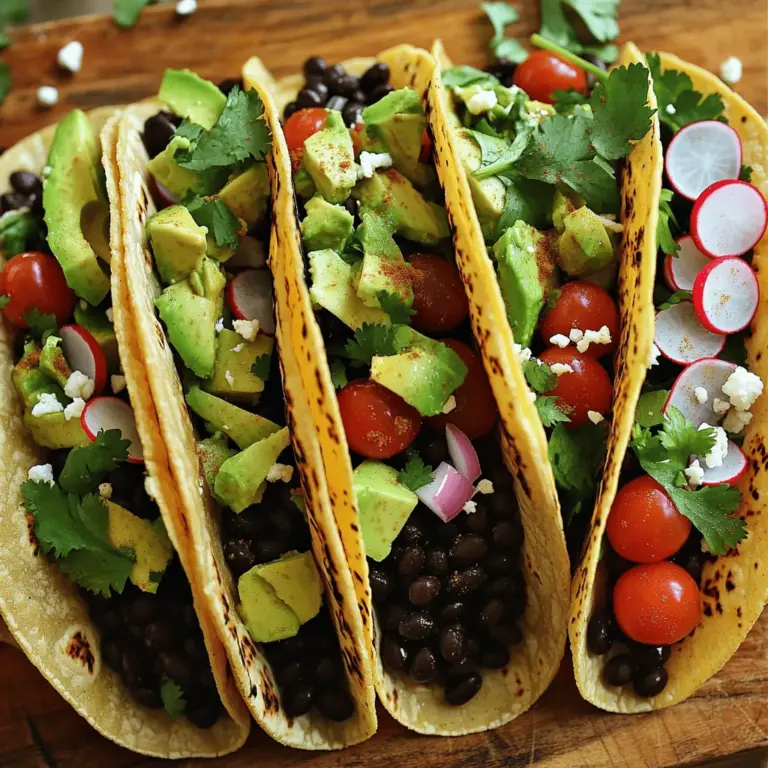 To make these tasty tacos, gather these main ingredients: - 1 can black beans, rinsed and drained - 1 ripe avocado, diced - 1 medium red onion, finely chopped - 1 cup cherry tomatoes, halved - 1 jalapeño, deseeded and minced - 1/4 cup fresh cilantro, chopped - 2 tablespoons lime juice - 1 teaspoon cumin - Salt and pepper to taste - 8 small corn tortillas These ingredients mix well. The black beans give protein, while the avocado adds creaminess. The onion and jalapeño bring a nice crunch and spice. You can make your tacos even better with these optional toppings: - Diced radishes - Crumbled feta cheese - Hot sauce Try adding these toppings for a fresh twist. They enhance the taste and make your meal exciting. Each main ingredient in these tacos has benefits: - Black beans are high in protein and fiber. They keep you full longer. - Avocado is rich in healthy fats and vitamins. It’s great for your heart. - Red onion provides antioxidants. They help fight inflammation. - Tomatoes are full of vitamins. They support skin health. - Jalapeño adds a kick and may boost metabolism. - Cilantro is fresh and may aid digestion. This mix of fresh ingredients offers a tasty way to eat well. For the full recipe, you can check out the earlier section. To start, gather all your ingredients. This makes cooking easy. In a bowl, combine the black beans, diced avocado, chopped red onion, halved cherry tomatoes, minced jalapeño, and chopped cilantro. Next, drizzle lime juice over the mix. Add cumin, salt, and pepper. Gently fold everything together. Be careful not to mash the avocado. This mixture is full of flavor and color. Now, let’s warm the tortillas. Heat a skillet over medium heat. Place a tortilla in the skillet for about 30 seconds. Flip it and warm the other side for another 30 seconds. The goal is to make them soft and pliable. You can also wrap them in a clean cloth to keep them warm while you finish cooking. As you’re ready to assemble, take a warm tortilla. Spoon a generous amount of your black bean and avocado mix onto it. Make sure it’s not too full, so it doesn’t spill. If you want, add optional toppings like diced radishes or crumbled feta cheese. A dash of hot sauce can give it an exciting kick. Enjoy your tacos warm and fresh! For the complete recipe, check out the Full Recipe above. Choose an avocado that feels slightly soft but not mushy. Gently press the skin with your fingers. If it gives a little, it's ripe. Look for a dark green color, but avoid any brown spots. If you pick one that is not ripe, you can speed up the process. Place it in a paper bag with a banana for a day or two. This helps the avocado ripen quickly. If you have extra avocado, sprinkle lime juice on it to stop browning. Store leftovers in an airtight container. Keep black beans in their can or transfer them to a sealed bowl. If cooked, let them cool before storing. Use the beans within three to four days for best taste. Don't overfill your tacos. A little goes a long way. Too much filling makes it hard to eat. Warm your tortillas just enough to make them soft. Cold tortillas can crack and break. Lastly, mix your ingredients gently. You want to keep the avocado chunks intact for a creamy texture. For more details, check out the Full Recipe for Avocado and Black Bean Tacos. {{image_2}} You can keep these tacos fully vegetarian. Use the same ingredients. Add veggies like bell peppers or zucchini for crunch. A sprinkle of nutritional yeast gives a cheesy flavor without dairy. You can also mix in corn for sweetness. To make these tacos gluten-free, use corn tortillas. They have no gluten and taste great with black beans and avocado. Check labels to ensure all ingredients are gluten-free. This way, everyone can enjoy a tasty meal. If you like heat, add sliced jalapeños on top. You can also mix in chipotle sauce for a smoky flavor. Try adding a dash of cayenne pepper or hot sauce for extra spice. Fresh lime zest can brighten the dish. For a unique twist, add mango or pineapple salsa. For the full recipe, please refer back to the main section. To store leftover tacos, wrap them in foil or plastic wrap. Place them in an airtight container. This keeps them fresh and tasty. Avoid stacking too many tacos on top of each other. This helps prevent sogginess. Store leftover ingredients separately. Keep black beans and avocado in sealed containers. Use lime juice on the avocado to prevent browning. Store chopped veggies like onion and tomatoes in the fridge. They stay crisp and fresh this way. To reheat tacos, preheat your oven to 350°F (175°C). Place tacos on a baking sheet for about 10 minutes. This warms them without making them soggy. You can also microwave them for 30 seconds. Just be careful not to overheat, or they may become chewy. Enjoy your tasty tacos again! For the full recipe, check out the section above. Yes, you can prepare the filling ahead of time. Mix the black beans, avocado, red onion, tomatoes, jalapeño, and cilantro. Add lime juice and cumin just before serving. This keeps the avocado fresh and bright. Store the filling in an airtight container in the fridge. It stays good for about one day. Just warm your tortillas when you’re ready to eat. You can use pinto beans or kidney beans as substitutes. Both will give a nice texture. Chickpeas also work well for a different flavor. Mash them slightly for a creamier mix if you like. Each option adds its unique taste but keeps the dish hearty. Absolutely! These tacos are great for meal prep. You can pack the filling and tortillas separately. This keeps everything fresh. Just warm the tortillas and add the filling when you are ready to eat. You can also add toppings like radishes or cheese right before serving. This keeps the tacos tasty and interesting. For the full recipe, check out the provided details. You learned about making tasty avocado and black bean tacos, from ingredients to preparation. You now know key tips for selecting avocados and storing leftovers. Exploring variations helps you create your favorite tacos. Remember, these tacos are simple to prep ahead of time. With this knowledge, you can enjoy delicious, healthy meals. Dive in and experiment with flavors; your next taco night can be a hit!