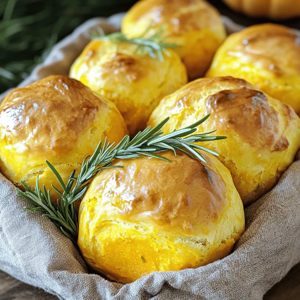 To make Rosemary Pumpkin Bread Rolls, you need simple and fresh ingredients. Each one plays a key role in the flavor and texture of the rolls. Here’s the list of ingredients you’ll need: - 1 cup pumpkin puree (canned or homemade) - 2 tablespoons fresh rosemary, finely chopped - 1/4 cup honey or maple syrup - 1/4 cup olive oil - 1 cup warm water (about 110°F) - 1 packet (2 1/4 teaspoons) active dry yeast - 4 cups all-purpose flour (plus extra for dusting) - 1 teaspoon salt - 1/2 teaspoon ground nutmeg - 1/4 teaspoon ground cinnamon - 1 egg (for egg wash, optional) Using high-quality ingredients makes a big difference. The pumpkin puree adds moisture and a lovely color. Fresh rosemary brings a burst of flavor that pairs well with the pumpkin. Honey or maple syrup sweetens the rolls, while olive oil keeps them soft. The yeast is crucial for making the rolls rise. Flour adds structure, while salt enhances all flavors. Nutmeg and cinnamon lend warmth and spice. An egg wash gives the rolls a shiny finish if you choose to use it. For the full recipe, you’ll mix these ingredients in a fun and easy way to create delicious rolls. Enjoy the process as much as the end result! - Combine 1 cup of warm water and 1 packet of active dry yeast. - Let the yeast sit for about 5-10 minutes until it becomes frothy. This shows that the yeast is active and ready to work. - In a large bowl, combine 1 cup of pumpkin puree, 1/4 cup of honey, 1/4 cup of olive oil, and 2 tablespoons of finely chopped rosemary. - Stir the mixture until it is well combined. The pumpkin will give your rolls a lovely color and taste. - In a separate bowl, mix together 4 cups of all-purpose flour, 1 teaspoon of salt, 1/2 teaspoon of ground nutmeg, and 1/4 teaspoon of ground cinnamon. - Gradually add this dry mix to the pumpkin mixture. Stir until a sticky dough forms. This dough will be soft and a bit tacky. - Turn the dough out onto a floured surface. Knead it for about 8-10 minutes. Add small amounts of flour if necessary until the dough is smooth and elastic. - Place the kneaded dough in a greased bowl. Cover it with a clean kitchen towel. Let it rise in a warm spot for 1 to 1.5 hours, or until it doubles in size. - After the dough has risen, punch it down. Divide it into 12 equal pieces and shape each piece into a ball. - Place the rolls on a greased baking sheet, leaving space between them. If you want a shiny finish, beat an egg and brush it on top of each roll. - Cover the rolls again and let them rise for about 30 minutes. Preheat your oven to 375°F (190°C). - Bake the rolls for 20-25 minutes or until they turn golden brown. Enjoy the aroma filling your kitchen! Kneading is key for great bread rolls. Aim for 8-10 minutes of kneading. Use your palms to press and fold the dough. Turn the dough a quarter turn every few folds. This helps develop gluten, which makes the rolls soft and fluffy. You know the dough is ready when it feels smooth and elastic. It should spring back when you poke it. If it sticks too much, add a little flour. If it feels too dry, wet your hands slightly. To boost the rosemary flavor, use fresh rosemary. Chop it finely to release more oils. You can also mix in a bit of garlic powder for extra depth. If you want a sweeter roll, swap honey for maple syrup. This adds a nice touch of flavor and keeps the rolls moist. Using an egg wash gives your rolls a shiny finish. Brush the tops with a beaten egg before baking. This makes them look golden and appetizing. If you want a vegan option, try using almond milk or soy milk instead. It won't be as shiny, but it still works well. For the full recipe, follow the steps above to enjoy these delightful rolls! {{image_2}} You can make these rolls even better with herbs and spices. Adding garlic gives a nice kick. Use fresh minced garlic for the best flavor. You can also try adding herbs like thyme or sage. These will blend well with the rosemary. Another idea is to mix in spices like allspice or black pepper. These spices add warmth and depth to the dough. Switching to whole wheat flour can make these rolls healthier. Whole wheat adds fiber, which is good for digestion. It also gives a nuttier flavor. However, you must adjust the liquid in the recipe. Whole wheat flour absorbs more water. You might need to add a bit more warm water to keep the dough moist. This will help you achieve a soft texture. You can play with the flavors by making sweet or savory rolls. For sweet rolls, add chocolate chips or dried fruits. These will give a fun twist to the rolls. You can also top them with a sweet glaze after baking. If you prefer savory, try mixing in cheese or olives. These will add a rich flavor that pairs well with the pumpkin. Both variations offer a tasty way to enjoy these rolls. For the full recipe, check out the details provided above. To keep your rosemary pumpkin bread rolls fresh, store them in an airtight container. This helps seal in moisture and flavor. You can also wrap them tightly in plastic wrap or aluminum foil. Store at room temperature for up to three days. If you want to keep them longer, freezing is a great option. To freeze your rolls, let them cool completely. Place them in a freezer-safe bag or container. Remove as much air as possible before sealing. They can stay fresh in the freezer for about three months. When you're ready to enjoy them, just take out as many as you need. To reheat your rolls without drying them out, use the oven. Preheat it to 350°F (175°C). Wrap the rolls in aluminum foil to keep them soft. Heat for about 10-15 minutes. This method helps keep the outside golden and the inside warm. If you refrigerated your rolls, serve them within three days. The texture and taste are best when fresh. If you need to store them longer, consider freezing them instead. Enjoy your warm rosemary pumpkin bread rolls at any meal! For the full recipe, refer back to the beginning. Yes, you can use fresh pumpkin. First, choose a small pumpkin. Cut it in half and scoop out the seeds. Roast the pumpkin halves until soft, about 35-40 minutes at 400°F. Let it cool, then mash or blend until smooth. This fresh pumpkin puree adds a great taste to the rolls. Use it in the same amount as canned pumpkin. To check if your rolls are done, look for a golden brown color. Tap the bottom of a roll; it should sound hollow. You can also use a thermometer. The center should reach 190°F. If they don't pass these tests, give them a few more minutes. Yes, you can make this recipe gluten-free. Use a gluten-free flour blend. Look for one that can replace all-purpose flour in equal amounts. Add a bit of xanthan gum, about 1 teaspoon, to help with texture. Make sure to check the package for specific instructions. These rolls pair well with soups and salads. Try them with a warm pumpkin soup or a hearty vegetable stew. They also work great with roasted meats. Serve them warm with butter for a tasty treat. The flavors of rosemary and pumpkin will shine in any meal. You now have all the steps to make tasty rosemary pumpkin bread rolls. From mixing the ingredients to baking, these rolls are sure to impress. Remember, you can adjust flavors and add different herbs for your taste. Storing them right helps keep them fresh, and reheating is simple. Don’t hesitate to explore variations and pair them with your favorite meals. Baking becomes fun and rewarding with unique recipes like this. Enjoy your homemade rolls and share them with others!
