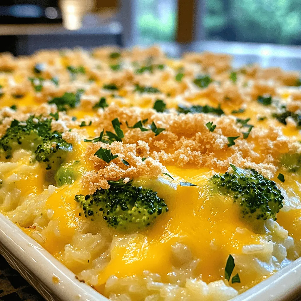 - 2 cups cooked rice (white or brown) - 1 head of broccoli, cut into florets - 1 cup shredded cheddar cheese - 1 cup shredded mozzarella cheese - 1 cup cream of mushroom soup (or homemade) - 1/2 cup milk - 1/2 cup chopped onions - 2 cloves garlic, minced - 1 teaspoon paprika - Salt and pepper to taste - 1/2 cup breadcrumbs (optional topping) - Fresh parsley for garnish (optional) Gathering these ingredients is the first step to making a tasty cheesy broccoli and rice casserole. You can use white or brown rice based on your preference. I love using fresh broccoli for its crunch and color. Shredded cheddar and mozzarella bring the perfect cheesy goodness to this dish. Cream of mushroom soup adds creaminess and flavor. You can make your own or use a store-bought can. Milk helps to blend everything smoothly. Chopped onions and minced garlic add layers of taste. Don’t forget the paprika! It gives a nice touch of warmth. You can season with salt and pepper to your liking. If you want some crunch, breadcrumbs are a great option for topping. Fresh parsley not only looks nice, but it also adds a hint of freshness. This is a simple list, yet it promises a comforting meal. For the complete recipe, check out the Full Recipe section. - Preheat the oven to 350°F (175°C). - Blanch the broccoli florets in boiling water for 2-3 minutes. Blanching the broccoli brightens its green color and keeps it crisp. You want it tender but not mushy. After blanching, drain it well and set it aside. This step is key for perfect texture. - In a large bowl, combine the cooked rice, blanched broccoli, onions, garlic, cream of mushroom soup, milk, and half of the cheeses. Mixing the casserole is where the magic happens. The combination of rice, broccoli, and creamy soup creates a rich base. The half cheese you add now gives flavor and helps bind everything. Stir until all ingredients blend well. - Transfer the mixture to a greased baking dish and top with remaining cheeses and optional breadcrumbs. - Bake for 25-30 minutes until the cheese is melted and bubbly. Once the mixture is in the dish, spread it evenly. Topping it with more cheese makes it extra cheesy and delicious. If you like a crunchy top, sprinkle breadcrumbs over the cheese. Bake until golden and bubbly. You’ll know it’s ready when the kitchen smells amazing. To make the best cheesy broccoli and rice casserole, you need to ensure that your rice is fully cooked before mixing. If the rice is undercooked, it will not absorb flavors well. This can lead to a dry casserole. Next, don't over-blanch the broccoli. Just cook it for about 2-3 minutes in boiling water. This keeps the broccoli bright and crisp. Serve the casserole hot from the oven. A sprinkle of fresh parsley adds a nice touch. It gives color and a hint of freshness. You can also add extra cheese on top while it’s still hot for a melty look. Feel free to customize your casserole. Add cooked chicken or ham for extra protein. Different cheeses can change the flavor too. Cheddar and mozzarella are great, but try gouda or pepper jack for a fun twist. You can also mix in different veggies like bell peppers or carrots if you like. Explore your options to make it your own! For the full recipe, check out the details above. {{image_2}} Cheesy broccoli and rice casserole is easy to modify for different diets. For a gluten-free option, use gluten-free breadcrumbs or skip the topping altogether. This keeps it tasty and safe for those avoiding gluten. If you're looking for a dairy-free version, try using plant-based cheese and milk alternatives. They melt well and still taste great, giving you a creamy texture without the dairy. Adding herbs can enhance the flavors. Try mixing in thyme or basil for a fresh taste. If you enjoy some heat, sprinkle in red pepper flakes or add diced jalapeños. These spices will give your casserole a nice kick and make it even more enjoyable. You can also make this casserole in a slow cooker. This method allows you to set it and forget it, perfect for busy days. Just combine the ingredients, set your cooker on low, and let it cook for a few hours. For a faster option, use an Instant Pot. It cuts down the cooking time, and you can have your meal ready in a snap. For the full recipe, check out the details above. Allow the casserole to cool before storing in an airtight container. This helps keep the flavors fresh. You can refrigerate it for up to 3-4 days. Just make sure the lid is tight to avoid any spills. Freeze leftovers in individual portions. This makes for a quick meal later. When you're ready to eat, thaw it in the refrigerator overnight. This gives it the best taste and texture when you reheat. You have two great options for reheating. For crispy edges, reheat in the oven at 350°F for about 20 minutes. If you want a quicker option, use the microwave. Just heat in 1-minute intervals until it’s warm. Enjoy your tasty dish again! Yes, frozen broccoli can be used; just adjust the blanching time. Frozen broccoli is often picked at peak ripeness, so it can be just as tasty as fresh. Use it straight from the bag. Blanch it for about 2 minutes instead of 3. This keeps the broccoli bright green and tender-crisp. You can use cream of chicken or homemade white sauce as alternatives. Cream of chicken adds a nice flavor. If you want to make your own, mix equal parts flour and butter to create a roux. Gradually stir in milk to make a smooth sauce. Season it to your taste. Reheating in the oven typically takes about 20 minutes at 350°F. Cover the dish with foil to keep the moisture in. If you're in a hurry, you can also use the microwave. It should take about 5-10 minutes, depending on the portion size. Consider serving with a side salad or crusty bread for a complete meal. A light, fresh salad balances the rich, cheesy flavors. Crusty bread is great for scooping up every last bit. You might also try serving it with grilled chicken or fish for extra protein. This cheesy broccoli and rice casserole is easy to make. It takes about 15 minutes to prep and 25-30 minutes to cook. This casserole serves 6 people, making it perfect for family meals or gatherings. You will love how the cheese melts into the rice and broccoli. The creamy sauce makes each bite rich and satisfying. This dish is a great way to get veggies into your meals. Plus, it is simple enough for any cook to try. Remember to check the [Full Recipe] for all the details. Enjoy! This blog post covered a simple and tasty cheesy broccoli and rice casserole. You learned about the key ingredients, mixing, and baking steps. I shared tips for perfecting your dish and offered options for customization. You can adapt the recipe for dietary needs or choose alternative cooking methods. In conclusion, this casserole is a great way to enjoy healthy veggies and cheese. It’s easy to make, and you can personalize it to fit your taste. Remember, you can store leftovers for quick meals later. Enjoy your cooking adventure!