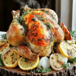 - 1 whole chicken (about 4-5 pounds) - Fresh herbs: rosemary, thyme, parsley - Garlic and lemon For this dish, I start with a whole chicken. A bird around 4-5 pounds works best. Fresh herbs like rosemary, thyme, and parsley bring bright flavors. I also use garlic and lemon to add zest. - Olive oil - Salt and pepper - Chicken broth - Onion Next, I gather some pantry staples. Olive oil helps with cooking and flavor. Salt and pepper are key for seasoning. Chicken broth adds moisture to the pan. Finally, I quarter an onion to stuff inside the chicken. This mix of ingredients makes every bite tasty and juicy. For the full recipe, check the details above! 1. First, preheat your oven to 425°F (220°C). This high heat helps the chicken cook evenly. 2. Next, prepare your roasting pan by placing it on the counter. This makes it easy to transfer the chicken. 3. In a mixing bowl, combine 6 minced garlic cloves, 1/4 cup of olive oil, and the chopped herbs (2 tablespoons each of rosemary, thyme, and 1 tablespoon of parsley). Add salt and pepper to taste. Mix well to create a herb paste. 1. To season the chicken, pat it dry with paper towels. This helps the skin crisp up while cooking. 2. Gently separate the skin of the chicken over the breast and thighs. Be careful not to tear it. 3. Spread half of the herb paste under the skin. This adds flavor directly to the meat. 4. Rub the remaining herb paste all over the chicken’s exterior. Ensure it is well-coated for maximum flavor. 1. Stuff the cavity of the chicken with lemon slices and onion quarters. This adds moisture and flavor. 2. Pour 1 cup of chicken broth into the bottom of the roasting pan. This helps keep the chicken juicy. 3. Place the chicken in the oven and roast it for about 1 hour and 15 minutes. You want the internal temperature to reach 165°F (75°C). 4. Baste the chicken with the pan juices halfway through cooking. This keeps the skin moist and flavorful. 5. Once cooked, remove the chicken from the oven. Let it rest for 10-15 minutes before carving. This helps the juices settle, making each bite delicious. For the full recipe, check out the details above. Enjoy your savory family dinner! To make sure your chicken is juicy and tasty, use a meat thermometer. Insert it into the thickest part of the thigh. The chicken is done when it reaches 165°F (75°C). This tool takes the guesswork out of cooking. You will avoid dry meat and enjoy a perfect roast. For crispy skin, dry the chicken well before cooking. Pat it with paper towels inside and out. The drier the skin, the crunchier it gets. Rub olive oil over the skin before roasting. This helps the skin brown nicely. Also, roasting at high heat, like 425°F (220°C), gives a great texture. Garlic herb roasted chicken goes well with many side dishes. Some great choices include roasted vegetables, mashed potatoes, or a fresh salad. These sides balance the rich flavors of the chicken. For dinner parties, presentation matters. Place the chicken on a large platter. Slice it and add fresh herbs around it. You can also surround it with the roasted lemon and onions. This looks nice and adds flavor. A beautiful display makes the meal feel special. Enjoy your delicious creation! {{image_2}} You can change the flavor of Garlic Herb Roasted Chicken easily. Try different herbs like basil, oregano, or dill. Each herb brings a unique taste. For a spicy kick, add crushed red pepper flakes or paprika. You can even mix in some lemon zest for a bright flavor. Adding vegetables to the roasting pan makes the dish even better. Carrots, potatoes, and bell peppers roast nicely alongside the chicken. They soak up the chicken juices and herbs, making them tasty. To do this, just chop the veggies and place them around the chicken in the pan. They will cook at the same time as the chicken. You can make Garlic Herb Roasted Chicken in a slow cooker too. This method keeps the chicken moist and tender. Just follow the same steps for seasoning the chicken. Place it in the slow cooker with the broth and cook on low for 6 to 8 hours. For a smoky taste, try grilling the chicken. Marinate it with the herb paste and let it sit for an hour. Preheat your grill to medium heat. Cook the chicken for about 45 minutes, turning it often. This gives you crispy skin and a great smoky flavor. For the full recipe, check the details above. Enjoy! After you enjoy your garlic herb roasted chicken, you will likely have some leftovers. Proper storage keeps the chicken tasty and safe to eat. - Let the chicken cool down first. - Wrap it tightly in plastic wrap or aluminum foil. - You can also place it in an airtight container. In the fridge, your chicken will stay fresh for about 3 to 4 days. If you want to keep it longer, freezing is a great option. Freezing cooked chicken is simple and safe. Here are the steps: - Cut the chicken into pieces for easier storage. - Place it in a freezer-safe bag or container. - Remove as much air as possible before sealing. When you're ready to eat, defrost the chicken in the fridge overnight. This method helps keep the chicken juicy. To reheat, place it in the oven at 350°F (175°C) until it warms through. Enjoy your delicious garlic herb roasted chicken again! For the full recipe, check out the provided link. How do I know when the chicken is cooked? Check the chicken's thickest part with a meat thermometer. The safe internal temperature is 165°F (75°C). The juices should run clear, not pink. If you don't have a thermometer, cut into the thigh. Look for clear juices and no pink meat. Can I use frozen chicken for this recipe? Yes, you can use frozen chicken, but it’s best to thaw it first. Thaw the chicken in the fridge overnight. This helps it cook evenly. If you must cook it from frozen, add extra time and check the temperature often. What to do if the chicken is undercooked? If the chicken is undercooked, return it to the oven. Cook it for an extra 10 to 15 minutes. Check the temperature again to ensure it reaches 165°F (75°C). Always trust your thermometer for safety. How to avoid dry chicken meat? To avoid dry chicken, do not overcook it. Use a meat thermometer for best results. Basting with pan juices keeps the meat moist. Let the chicken rest after cooking. This helps the juices stay in the meat. Can I prepare the chicken a day ahead of cooking? Absolutely! You can prep the chicken the day before. Rub the herb paste on and store it in the fridge. This saves time on cooking day. It also allows the flavors to soak in. How to marinate it overnight for enhanced flavors? To marinate the chicken, mix the herb paste and coat the chicken. Cover it and place it in the fridge. This overnight marination makes the chicken very tasty. Just be sure to remove it from the fridge about 30 minutes before cooking. This helps it cook evenly. For the full recipe, check the details above. In this post, I covered how to make Garlic Herb Roasted Chicken. You learned about the key ingredients, kitchen staples, and steps to prep and cook your chicken perfectly. I shared tips to ensure juicy meat and crispy skin, along with serving ideas and storage instructions. Now, you can confidently make this dish for your family or friends. Enjoy experimenting with flavors and cooking methods to make it your own. Happy cooking!
