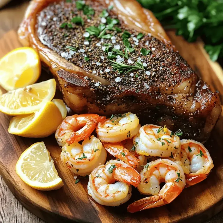 - 1 Tomahawk steak (2-3 lbs) - Salt and freshly ground black pepper - 2 tablespoons olive oil - 2 tablespoons garlic powder - 1 tablespoon smoked paprika - 2 tablespoons fresh rosemary, chopped - 2 tablespoons butter - 1 pound large shrimp, peeled and deveined - 2 cloves garlic, minced - 1 lemon (juice and zest) - 1 teaspoon red pepper flakes - Fresh parsley, chopped (for garnish) The Tomahawk steak is the star. It has a long bone and a thick cut. This gives it a rich, beefy taste. Use high-quality meat for the best flavor. The shrimp adds a sweet finish and textural contrast. - A splash of Worcestershire sauce - Fresh thyme - Spicy mustard for serving These ingredients can boost the dish. Worcestershire sauce adds depth. Fresh thyme gives a nice herbal note. Mustard brings a tangy kick. Feel free to mix and match these for your taste. - A large grill or cast-iron skillet - Meat thermometer - Tongs - Sharp knife for slicing - Cutting board - Skillet for shrimp Using the right tools makes cooking easier. A meat thermometer helps you avoid overcooking. Tongs let you flip the steak with ease. A sharp knife ensures clean slices. Each tool helps you achieve that perfect dish. For full details on how to make this dish, check out the Full Recipe. Start by taking your Tomahawk steak out of the fridge. Let it sit at room temperature for at least 1 hour. This helps it cook evenly. Preheat your grill or oven to 450°F (232°C). A hot cooking surface is key for a nice sear. For great flavor, season both sides of the steak well. Use salt, black pepper, garlic powder, smoked paprika, and chopped rosemary. Drizzle 2 tablespoons of olive oil on the steak. Rub the spices into the meat to ensure they stick well. This step is crucial for deep flavor. Place your seasoned steak on the grill or in a hot skillet. Cook it for about 6-8 minutes on each side. Aim for a medium-rare finish, which is about 130°F (54°C) inside. Avoid moving the steak right after you place it down. This helps form a nice crust. While the steak rests, you can cook the shrimp. In a skillet over medium heat, add 2 tablespoons of butter. Once melted, toss in 2 cloves of minced garlic and 1 teaspoon of red pepper flakes. Sauté for about 1 minute. Add 1 pound of peeled and deveined shrimp next. Cook for 2-3 minutes on each side until they turn pink and opaque. For extra zing, squeeze lemon juice and sprinkle lemon zest over the shrimp. Toss to coat well. For the full recipe, check out the complete details in the recipe section. For the best Tomahawk steak, start with room temperature meat. Let it sit out for one hour before cooking. This helps it cook evenly. Season your steak well. Use salt, black pepper, garlic powder, smoked paprika, and rosemary. Rub the spices in using olive oil. For cooking, heat your grill or skillet to 450°F (232°C). Cook the steak for six to eight minutes on each side. Use a meat thermometer to check the temperature. Aim for 130°F (54°C) for medium-rare. Once done, let the steak rest for 10-15 minutes. This helps keep it juicy and flavorful. For tasty shrimp, use large, peeled, and deveined ones. Start by melting butter in a skillet over medium heat. Add minced garlic and red pepper flakes for flavor. Sauté for one minute until fragrant. Then, add the shrimp. Cook for about 2-3 minutes on each side. They should turn pink and opaque. Finish with fresh lemon juice and zest for brightness. This adds a nice zing to the shrimp. Serve your steak and shrimp on a rustic wooden board. This adds charm to your meal. Slice the steak against the grain into thick pieces. Arrange the shrimp nicely alongside or on top of the steak. Garnish with fresh parsley and lemon wedges. Add rosemary sprigs for a pop of color. This makes your dish look as good as it tastes. For the full recipe, check out the details above. {{image_2}} When making Surf & Turf Tomahawk steak, you can swap shrimp for other seafood. Here are some great choices: - Lobster tails: These add a touch of luxury. - Scallops: Sweet and tender, they cook quickly. - Crab meat: Use lump crab for a rich flavor. Each of these options pairs well with the steak. They soak up the seasoning and blend perfectly. You can change the flavor of your steak and seafood with different spices. Here are some blends to consider: - Cajun spice: Adds heat and depth. - Lemon herb: Mix dried herbs with lemon zest for a fresh taste. - Teriyaki glaze: Brush this on the shrimp for a sweet twist. Experiment with seasoning blends to suit your taste. You can create a new favorite dish. Serve your Surf & Turf Tomahawk steak with sides that enhance the meal. Here are some ideas: - Garlic mashed potatoes: Creamy and rich, they balance the flavors. - Grilled asparagus: This adds a bright, fresh touch. - Caesar salad: Crisp and tangy, it’s a classic choice. These sides not only taste great but also look good on the plate. For a full experience, consider a nice wine pairing. A bold red wine can elevate the meal. For more details, check the Full Recipe. Enjoy your cooking adventure! After enjoying your Surf & Turf Tomahawk steak, store leftovers right away. Allow the steak and shrimp to cool slightly. Then, wrap them tightly in plastic wrap or foil. Place them in an airtight container. This helps keep the flavors fresh. Store in the fridge for up to three days. When you are ready to eat your leftovers, reheating them well is key. Preheat your oven to 250°F (121°C). Place the steak on a baking sheet. Cover it loosely with foil. Heat for about 20 minutes, or until warmed through. For the shrimp, you can reheat them in a skillet over low heat. Stir gently until they are hot. Avoid high heat to keep them tender. If you want to save your Surf & Turf meal for longer, freezing is an option. Wrap the steak and shrimp separately in plastic wrap. Then, place them in freezer-safe bags. Remove as much air as possible to prevent freezer burn. They can last up to three months in the freezer. When ready to eat, thaw them overnight in the fridge before reheating. A Tomahawk steak is a large cut of beef. It has a long bone that looks like a tomahawk axe. This cut comes from the rib section of the cow. It usually weighs between 2 to 3 pounds. The meat is well-marbled and tender, making it very flavorful. The large size makes it perfect for sharing. To check if your steak is done, use a meat thermometer. Insert it into the thickest part of the meat. For medium-rare, look for 130°F (54°C). For medium, aim for 140°F (60°C). Let the steak rest after cooking. This allows juices to spread throughout the meat. Yes, you can use frozen shrimp. Just remember to thaw them first. Place them in the fridge overnight or run them under cold water. Thawed shrimp will cook more evenly. This will help you achieve the best taste. A good wine to pair with Surf & Turf is Cabernet Sauvignon. This red wine complements the rich flavor of the steak. If you prefer white wine, try a Chardonnay. Its buttery notes go well with shrimp. To get a perfect sear, start with a hot grill or skillet. Use high heat to lock in the juices. Avoid moving the steak for the first few minutes. This makes a nice crust. Sear each side for about 6-8 minutes. For more details, check the Full Recipe. In this post, we explored making the perfect Surf & Turf Tomahawk steak. We discussed key ingredients, essential tools, and step-by-step cooking methods. I shared tips for juicy steak and flavorful shrimp. Don’t forget to try different seasonings and sides to mix things up. Store any leftovers properly to enjoy later. With this guide, you can impress anyone with your cooking. Happy grilling!