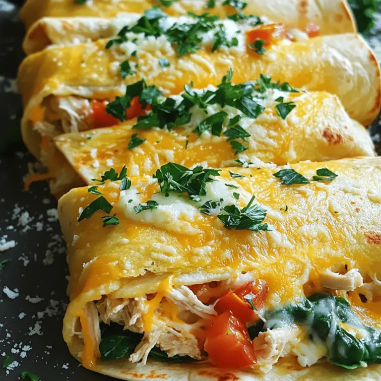 To make cheesy garlic chicken wraps, gather these ingredients: - 2 cups cooked chicken, shredded - 1 cup shredded mozzarella cheese - 1/2 cup cream cheese, softened - 3 cloves garlic, minced - 1 tablespoon olive oil - 1 teaspoon Italian seasoning - Salt and pepper to taste - 4 large flour tortillas - 1 cup baby spinach - 1/2 cup diced tomatoes - 1/4 cup grated Parmesan cheese - Fresh parsley, chopped (for garnish) You can swap some ingredients for different flavors: - Use cheddar or gouda instead of mozzarella for a new taste. - Try cooked turkey or pork in place of chicken. - Add bell peppers or mushrooms if you want more veggies. Measuring ingredients correctly is key for good wraps. - Use measuring cups for liquids and dry ingredients. - A kitchen scale helps if you need exact amounts. - Always pick fresh, high-quality items to boost flavor. 1. Start by heating olive oil in a large skillet over medium heat. 2. Add minced garlic and sauté it for about one minute. You want it fragrant but not brown. 3. Next, mix in the shredded chicken. Sprinkle with Italian seasoning, salt, and pepper. 4. Stir well to combine everything. Heat it for about 3 to 4 minutes until warm. 1. In a mixing bowl, combine cream cheese and shredded mozzarella cheese. 2. Stir them together until the mixture is smooth and creamy. This is the key to a rich flavor. 1. Lay out your flour tortillas on a flat surface. 2. Spread a generous amount of the chicken and cheese mixture in the center of each tortilla. 3. Top with baby spinach and diced tomatoes for freshness. 4. Sprinkle grated Parmesan cheese for extra flavor. 5. Fold the sides of the tortilla in, then roll it up tightly from the bottom to the top. 6. To serve, cut the wraps in half diagonally and garnish with fresh parsley. For the full recipe, refer to the earlier section. When making cheesy garlic chicken wraps, you can choose between baking or frying. Frying gives a crispy edge, while baking keeps them soft. If you want a crunchy wrap, fry it in a pan for a few minutes. For a healthier option, bake them in the oven at 400°F for about 10-12 minutes. Browning the tortillas adds extra flavor. Heat a dry skillet over medium heat. Place the tortilla in the pan and cook for 30 seconds on each side. This step makes your wraps taste even better. For creamy cheese consistency, mix cream cheese and mozzarella well. Use a fork to mash them together until smooth. If you want it creamier, add a splash of milk. Be careful not to add too much, or the mix will become runny. Adding moisture without sogginess is key. You can add sautéed spinach or diced tomatoes for flavor. Make sure to drain any excess liquid from the tomatoes before adding them to the wrap. Pairing sides with cheesy garlic chicken wraps is fun. You can serve them with a fresh salad or crunchy chips. A side of guacamole or salsa adds a nice touch, too. For presentation, cut the wraps in half diagonally. This way, you can show off the cheesy filling. Garnish with fresh parsley on top for a pop of green. For more details, check out the Full Recipe. {{image_2}} You can add fun flavors to your cheesy garlic chicken wraps. Spice it up with different herbs like cilantro or dill. Adding red pepper flakes gives a nice kick. You can also mix in ingredients like jalapeños for heat. They add a nice crunch and flavor burst. If you're watching carbs, use low-carb tortillas. These wraps can be gluten-free too. You can use lettuce wraps instead of tortillas. For vegetarians, swap chicken for beans or tofu. Both are tasty options that still keep the meal filling. You can enjoy these wraps in many ways. Serve them as wraps for a fun meal. If you want something different, try a wrap bowl. Just layer the ingredients in a bowl instead. You can also transform the wraps into a baked casserole. Just place them in a baking dish and bake until bubbly. For the full recipe, check out the details provided above! To store leftovers, let the wraps cool first. Place them in an airtight container. Keep them in the fridge for up to three days. When you want to reheat, use a microwave or stovetop. If using a microwave, heat in 30-second bursts. This helps avoid sogginess. If using the stovetop, warm them in a pan over low heat. For long-term storage, you can freeze the wraps. Wrap each one tightly in plastic wrap or foil. Then, place them in a freezer bag. They can last up to two months in the freezer. To thaw, move them to the fridge overnight. For reheating, use the oven or microwave until hot. The ingredients in your wraps have different shelf lives. Cooked chicken lasts about three to four days in the fridge. Cheese can last a week or more if sealed well. Tortillas usually stay fresh for about a month if kept in a cool place. Always check for signs of spoilage. If you see mold or an off smell, it's best to toss them. To add heat to your cheesy garlic chicken wraps, consider using these spices and sauces: - Cayenne pepper: Start with a pinch and adjust to taste. - Red pepper flakes: Sprinkle a bit into the chicken mix for a kick. - Hot sauce: Drizzle your favorite brand into the cheese mixture. - Jalapeños: Add sliced fresh or pickled jalapeños for a zesty flavor. These ingredients will enhance the flavor and give your wraps a spicy twist. Yes, you can prep these wraps in advance. Here are some tips: - Assemble the wraps: You can make them the night before. - Wrap tightly: Use plastic wrap or foil to keep them fresh. - Store in the fridge: They stay good for about 24 hours. - Reheat carefully: Use a skillet or microwave to warm them up. Preparing ahead saves time and still keeps your meal delicious. These wraps pair well with many sides. Try these suggestions: - Fresh salad: A simple green salad with a light dressing complements the wraps. - Chips: Tortilla chips with salsa or guacamole add crunch. - Roasted veggies: Seasoned veggies bring color and flavor to your plate. - Soup: A warm bowl of tomato soup makes a comforting side. These options enhance your meal and make it more satisfying. Absolutely! Using leftover rotisserie chicken has many benefits: - Saves time: No need to cook the chicken from scratch. - Adds flavor: Rotisserie chicken is often seasoned, enhancing the wraps. - Reduces waste: It’s a great way to use leftovers and avoid waste. Just shred the chicken and mix it into your wraps for a quick meal. In this article, we explored the delicious world of cheesy garlic chicken wraps. We discussed the key ingredients and their substitutions, ensuring you can personalize your dish. Each step, from preparing the chicken to assembling the wraps, was laid out clearly for easy following. I also shared tips on achieving creaminess and variations for different tastes. Remember, these wraps are versatile—make them your own. Keep experimenting with serving styles and storage techniques to enjoy every bite. Your culinary journey with these wraps starts now!