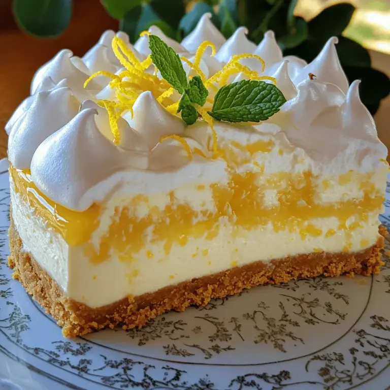 To make this tart and creamy treat, gather these ingredients: - 1 ½ cups graham cracker crumbs - ½ cup unsalted butter, melted - 16 oz cream cheese, softened - 1 cup granulated sugar - 3 large eggs - 1 cup sour cream - Zest and juice of 3 lemons - 1 teaspoon vanilla extract - 1 tablespoon cornstarch - Pinch of salt - 3 large egg whites - ½ teaspoon cream of tartar - ½ cup powdered sugar Accuracy is key for a great cheesecake. Use measuring cups for dry ingredients and liquid ones for wet. Level off flour and sugar with a knife for precision. For sticky items like butter, lightly spray the cup with oil for an easy release. Remember, use room temperature cream cheese for a smooth mix. This helps avoid lumps in the filling. If you need to swap some ingredients, here are a few ideas: - Instead of graham cracker crumbs, use crushed cookies or nuts for a different crust. - Greek yogurt can work instead of sour cream. It adds a nice tang. - If you prefer not to use eggs, try a commercial egg replacer for the filling. - For a gluten-free version, use gluten-free graham crackers or almond flour. These swaps can help you customize the cheesecake to your taste or dietary needs. To start this treat, preheat your oven to 325°F (160°C). In a bowl, mix the graham cracker crumbs with the melted butter. Stir until the crumbs soak up all the butter. This makes a tasty base for our cheesecake. Press the mixture firmly into the bottom of a 9-inch springform pan. Bake the crust for 8-10 minutes until it turns a light golden color. Take it out of the oven and let it cool completely. Next, let's prepare the filling. In a large bowl, beat the softened cream cheese and granulated sugar together. Use an electric mixer for a smooth texture. Add the eggs one at a time, mixing well after each. Pour in the sour cream, lemon zest, lemon juice, vanilla extract, cornstarch, and a pinch of salt. Mix until everything is well combined and smooth. Pour this creamy mixture into your cooled crust. Bake it for 50-60 minutes. The edges should be set while the center is a little jiggly. Once baked, turn off the oven. Crack the door open and let the cheesecake cool slowly for about one hour. For the meringue, grab a clean bowl. Beat the egg whites with an electric mixer until they start to foam. Add the cream of tartar and keep beating until soft peaks form. Gradually mix in the powdered sugar. Keep beating until stiff peaks form and the meringue looks glossy. Once the cheesecake is cool, spread the meringue evenly over the top. Use the back of a spoon to create swirls and peaks for a nice look. Return the cheesecake to the oven for another 10-15 minutes. Watch it closely until the meringue turns golden brown. When done, take it out and let it cool at room temperature. Refrigerate for at least four hours, or overnight for the best flavor and texture. This full recipe will help you create a delightful dessert that’s sure to impress. To get that creamy texture in your cheesecake, use room temperature cream cheese. Cold cream cheese will make it hard to mix smoothly. Beat the cream cheese and sugar well until you see no lumps. This step is key for a smooth filling. Also, don’t overmix once you add the eggs. Just mix until combined to keep it light. One common mistake is baking the cheesecake at too high a temperature. Always bake at 325°F (160°C). This helps it set evenly. Another mistake is opening the oven door too often. It can cause temperature changes. Lastly, don’t skip the cooling step in the oven. It helps prevent cracks on the surface. To stop your meringue from weeping, use fresh egg whites. Old egg whites can cause issues. Be sure to clean your mixing bowl well. Any grease can ruin the meringue. Adding cornstarch helps too. It stabilizes the meringue and keeps it fluffy. Spread the meringue over the cheesecake while it's still warm for the best set. For more details on making this delicious dessert, check the Full Recipe. {{image_2}} If you love the tartness of lemon, try swapping it with other fruits. Lime gives a zesty kick. Orange offers a sweeter taste. You can even mix berries for a fun twist. Each fruit brings its unique flavor, making the cheesecake yours. For a gluten-free crust, use almond flour or gluten-free graham crackers. Combine it with melted butter like usual. Press the mixture into the pan as you would with regular crumbs. This keeps your dessert friendly for all diets. Change up the meringue topping based on the season. In fall, add a hint of pumpkin spice for warmth. In winter, try peppermint for a festive flair. For summer, mix in fresh herbs like basil or mint for a refreshing taste. Each season brings new ideas to make this cheesecake special. For the full recipe, check out the detailed instructions. To keep your cheesecake fresh, wrap it tightly. Use plastic wrap or aluminum foil. Place it in an airtight container if you have one. Store it in the fridge. It can last up to five days this way. Make sure to keep it away from strong smells, as cheesecake can absorb odors. Freezing cheesecake is easy. First, let it cool completely. Then, slice it into pieces. Wrap each slice in plastic wrap. Place the slices in a freezer-safe bag or container. This way, you can enjoy a piece anytime. The cheesecake can last for about three months in the freezer. When you’re ready to eat, take a slice out. Leave it in the fridge overnight to thaw. If you’re in a hurry, you can thaw it on the counter for a couple of hours. Avoid using a microwave, as it can change the texture. Enjoy your chilled slice of Triple Lemon Meringue Cheesecake! For the complete recipe, check out the Full Recipe. If you need a substitute for sour cream, you have options. You can use plain yogurt, which has a similar tangy taste. Cream cheese mixed with a little lemon juice works well too. Silken tofu blended until smooth can be a great dairy-free option. Each of these alternatives will keep your cheesecake creamy and delicious. Triple Lemon Meringue Cheesecake stays fresh in the fridge for about 5 days. Make sure to cover it well to avoid drying out. The meringue may lose some texture over time, but the flavor remains great. If you have leftovers, enjoy them as a sweet treat throughout the week. Absolutely! You can make this cheesecake a day or two ahead. Just prepare it and chill it in the fridge. Wait to add the meringue topping until the day you plan to serve it. This keeps the meringue light and fluffy. It’s a perfect dessert to prepare ahead for parties or gatherings. For the full recipe, check out the instructions above. You now have all you need to make a Triple Lemon Meringue Cheesecake. We covered the key ingredients, tips for baking, and storage methods. I shared common mistakes to avoid and ways to customize your cheesecake. Remember, the right measurements and techniques lead to a great dessert. With practice, you’ll be a cheesecake pro in no time. Enjoy every slice and share your delicious results!