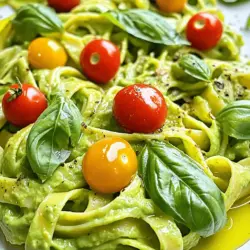 - Ripe avocados - Uncooked pasta options (fettuccine, penne) - Olive oil and garlic The main stars in this dish are ripe avocados. They give the pasta a creamy feel. You can use fettuccine or penne pasta. Both are great choices. Olive oil and garlic add rich flavor. - Fresh basil and lemon juice - Parmesan cheese or nutritional yeast (vegan option) - Red pepper flakes for heat You can make this dish your own with optional ingredients. Fresh basil gives a nice touch. A splash of lemon juice brightens the taste. For cheese lovers, Parmesan works well. If you prefer a vegan option, use nutritional yeast. Red pepper flakes add a bit of heat if you like spice. - Cherry tomatoes or peas - Additional fresh basil Toppings make your pasta look pretty. Cherry tomatoes or peas add color and flavor. Don’t forget to sprinkle more fresh basil on top. It makes each bite even better. For the full recipe, check out the instructions above! Start by boiling salted water in a large pot. This step helps the pasta taste better. Once the water boils, add your uncooked pasta. Cook the pasta according to the package instructions until it is al dente. This means it should be firm but not hard. Remember to save about 1 cup of pasta water before draining the pasta. Set the pasta aside while you make the sauce. Next, it’s time to blend your sauce. In a blender or food processor, add the ripe avocados, olive oil, minced garlic, basil leaves, lemon juice, and Parmesan cheese. If you want a little heat, toss in red pepper flakes too. Blend everything until it's smooth and creamy. If the sauce seems too thick, add a little of the reserved pasta water to reach your desired consistency. Now, combine the cooked pasta with your creamy avocado sauce. Use a large mixing bowl for this. Toss the pasta gently until every piece is coated in sauce. If you find it too dry, add more reserved pasta water. Taste the pasta and adjust the seasoning with more salt or lemon juice if needed. Serve the creamy avocado pasta on plates. For a pop of color, top it with cherry tomatoes or peas. Garnish with fresh basil leaves for a lovely finish. Enjoy your delicious meal! Choosing ripe avocados is key. Look for avocados that yield slightly when you press them. If they feel hard, let them sit on your counter for a few days. You want them soft but not brown inside. To enhance flavor, add lemon juice to keep the sauce fresh. If you like heat, toss in red pepper flakes. Fresh herbs like basil add brightness. You can also try adding a pinch of salt to bring out the flavors. Always reserve a cup of pasta water before draining. This water helps make the sauce creamy. If your sauce gets too thick, add some reserved water to adjust it. To keep your pasta from sticking, stir it right after adding it to boiling water. A drizzle of olive oil also works. Make sure to stir occasionally as it cooks. For a beautiful plate, twirl the pasta into a nest shape. This makes it look gourmet. Top with colorful cherry tomatoes or bright peas for a pop. Garnish with fresh basil leaves. You can also sprinkle some extra Parmesan cheese on top. This adds flavor and makes each bite special. {{image_2}} To make this dish vegan, swap the Parmesan cheese for nutritional yeast. This gives a cheesy taste without using dairy. You can also add plant-based toppings. Try adding fresh spinach or sautéed mushrooms for extra flavor. These options keep the dish tasty and healthy. You can boost the protein in this meal easily. Add grilled chicken or shrimp for a hearty dish. If you prefer a vegetarian option, use chickpeas or lentils. Both options add great texture and nutrition to your pasta. Toss them in as you mix the sauce and pasta together. Get creative with herbs and spices. Basil is classic, but you can try cilantro or parsley for a twist. Adding a pinch of smoked paprika gives a nice depth. Don't forget to experiment with different cheese types too. Feta or goat cheese can add a tangy flavor that pairs well with avocado. To keep your creamy avocado pasta fresh, store it in an airtight container. Make sure to press plastic wrap directly onto the surface to limit air exposure. This helps prevent browning. The pasta stays good for up to three days in the fridge. For the best taste, eat it within 24 hours. When it's time to enjoy leftovers, reheat gently. Use a stovetop over low heat. Add a splash of reserved pasta water to keep it creamy. Stir often to avoid sticking. You can also microwave it in short bursts. Heat in 30-second intervals and stir between. This method helps it warm evenly. If you want to save some for later, freezing works well. Portion the pasta into freezer-safe bags. Squeeze out as much air as possible. It can last up to three months in the freezer. To thaw, place it in the fridge overnight. You can also use the microwave for quick defrosting. Just remember to add water when reheating to revive its creaminess. To make creamy avocado pasta vegan, you can easily swap some ingredients. Here are key substitutions to consider: - Use nutritional yeast instead of Parmesan cheese. - Replace regular pasta with whole wheat or gluten-free options. - Ensure your olive oil is vegan-friendly. - You can add more veggies like spinach or kale for extra nutrients. These changes keep the dish creamy and delicious while making it plant-based. Yes, you can use many types of pasta! Here are suggestions for different pasta varieties: - Spaghetti for a classic twist. - Fusilli for more sauce capture. - Zucchini noodles for a low-carb option. - Whole wheat pasta for added fiber. Feel free to choose any shape you enjoy. The creamy avocado sauce works well with them all. If you need ripe avocados fast, try these tips: - Place them in a brown paper bag. This traps ethylene gas, speeding up ripening. - Add an apple or banana to the bag. These fruits emit more ethylene. - Leave them at room temperature for 1-3 days. Check daily until they yield to gentle pressure. These simple methods help you enjoy your creamy avocado pasta sooner. For the full recipe, check out the details above! This creamy avocado pasta is simple and tasty. You learned about main and optional ingredients, plus cooking and serving tips. Customizing the dish is easy with proteins or spices. Remember to store and reheat leftovers to enjoy later. Overall, this dish offers flavor and nutrition in one bowl. You can impress friends and family with this quick meal. Enjoy exploring your version of creamy avocado pasta!