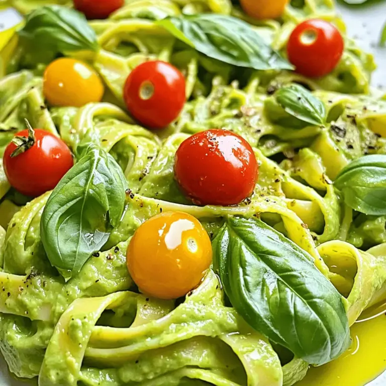- Ripe avocados - Uncooked pasta options (fettuccine, penne) - Olive oil and garlic The main stars in this dish are ripe avocados. They give the pasta a creamy feel. You can use fettuccine or penne pasta. Both are great choices. Olive oil and garlic add rich flavor. - Fresh basil and lemon juice - Parmesan cheese or nutritional yeast (vegan option) - Red pepper flakes for heat You can make this dish your own with optional ingredients. Fresh basil gives a nice touch. A splash of lemon juice brightens the taste. For cheese lovers, Parmesan works well. If you prefer a vegan option, use nutritional yeast. Red pepper flakes add a bit of heat if you like spice. - Cherry tomatoes or peas - Additional fresh basil Toppings make your pasta look pretty. Cherry tomatoes or peas add color and flavor. Don’t forget to sprinkle more fresh basil on top. It makes each bite even better. For the full recipe, check out the instructions above! Start by boiling salted water in a large pot. This step helps the pasta taste better. Once the water boils, add your uncooked pasta. Cook the pasta according to the package instructions until it is al dente. This means it should be firm but not hard. Remember to save about 1 cup of pasta water before draining the pasta. Set the pasta aside while you make the sauce. Next, it’s time to blend your sauce. In a blender or food processor, add the ripe avocados, olive oil, minced garlic, basil leaves, lemon juice, and Parmesan cheese. If you want a little heat, toss in red pepper flakes too. Blend everything until it's smooth and creamy. If the sauce seems too thick, add a little of the reserved pasta water to reach your desired consistency. Now, combine the cooked pasta with your creamy avocado sauce. Use a large mixing bowl for this. Toss the pasta gently until every piece is coated in sauce. If you find it too dry, add more reserved pasta water. Taste the pasta and adjust the seasoning with more salt or lemon juice if needed. Serve the creamy avocado pasta on plates. For a pop of color, top it with cherry tomatoes or peas. Garnish with fresh basil leaves for a lovely finish. Enjoy your delicious meal! Choosing ripe avocados is key. Look for avocados that yield slightly when you press them. If they feel hard, let them sit on your counter for a few days. You want them soft but not brown inside. To enhance flavor, add lemon juice to keep the sauce fresh. If you like heat, toss in red pepper flakes. Fresh herbs like basil add brightness. You can also try adding a pinch of salt to bring out the flavors. Always reserve a cup of pasta water before draining. This water helps make the sauce creamy. If your sauce gets too thick, add some reserved water to adjust it. To keep your pasta from sticking, stir it right after adding it to boiling water. A drizzle of olive oil also works. Make sure to stir occasionally as it cooks. For a beautiful plate, twirl the pasta into a nest shape. This makes it look gourmet. Top with colorful cherry tomatoes or bright peas for a pop. Garnish with fresh basil leaves. You can also sprinkle some extra Parmesan cheese on top. This adds flavor and makes each bite special. {{image_2}} To make this dish vegan, swap the Parmesan cheese for nutritional yeast. This gives a cheesy taste without using dairy. You can also add plant-based toppings. Try adding fresh spinach or sautéed mushrooms for extra flavor. These options keep the dish tasty and healthy. You can boost the protein in this meal easily. Add grilled chicken or shrimp for a hearty dish. If you prefer a vegetarian option, use chickpeas or lentils. Both options add great texture and nutrition to your pasta. Toss them in as you mix the sauce and pasta together. Get creative with herbs and spices. Basil is classic, but you can try cilantro or parsley for a twist. Adding a pinch of smoked paprika gives a nice depth. Don't forget to experiment with different cheese types too. Feta or goat cheese can add a tangy flavor that pairs well with avocado. To keep your creamy avocado pasta fresh, store it in an airtight container. Make sure to press plastic wrap directly onto the surface to limit air exposure. This helps prevent browning. The pasta stays good for up to three days in the fridge. For the best taste, eat it within 24 hours. When it's time to enjoy leftovers, reheat gently. Use a stovetop over low heat. Add a splash of reserved pasta water to keep it creamy. Stir often to avoid sticking. You can also microwave it in short bursts. Heat in 30-second intervals and stir between. This method helps it warm evenly. If you want to save some for later, freezing works well. Portion the pasta into freezer-safe bags. Squeeze out as much air as possible. It can last up to three months in the freezer. To thaw, place it in the fridge overnight. You can also use the microwave for quick defrosting. Just remember to add water when reheating to revive its creaminess. To make creamy avocado pasta vegan, you can easily swap some ingredients. Here are key substitutions to consider: - Use nutritional yeast instead of Parmesan cheese. - Replace regular pasta with whole wheat or gluten-free options. - Ensure your olive oil is vegan-friendly. - You can add more veggies like spinach or kale for extra nutrients. These changes keep the dish creamy and delicious while making it plant-based. Yes, you can use many types of pasta! Here are suggestions for different pasta varieties: - Spaghetti for a classic twist. - Fusilli for more sauce capture. - Zucchini noodles for a low-carb option. - Whole wheat pasta for added fiber. Feel free to choose any shape you enjoy. The creamy avocado sauce works well with them all. If you need ripe avocados fast, try these tips: - Place them in a brown paper bag. This traps ethylene gas, speeding up ripening. - Add an apple or banana to the bag. These fruits emit more ethylene. - Leave them at room temperature for 1-3 days. Check daily until they yield to gentle pressure. These simple methods help you enjoy your creamy avocado pasta sooner. For the full recipe, check out the details above! This creamy avocado pasta is simple and tasty. You learned about main and optional ingredients, plus cooking and serving tips. Customizing the dish is easy with proteins or spices. Remember to store and reheat leftovers to enjoy later. Overall, this dish offers flavor and nutrition in one bowl. You can impress friends and family with this quick meal. Enjoy exploring your version of creamy avocado pasta!