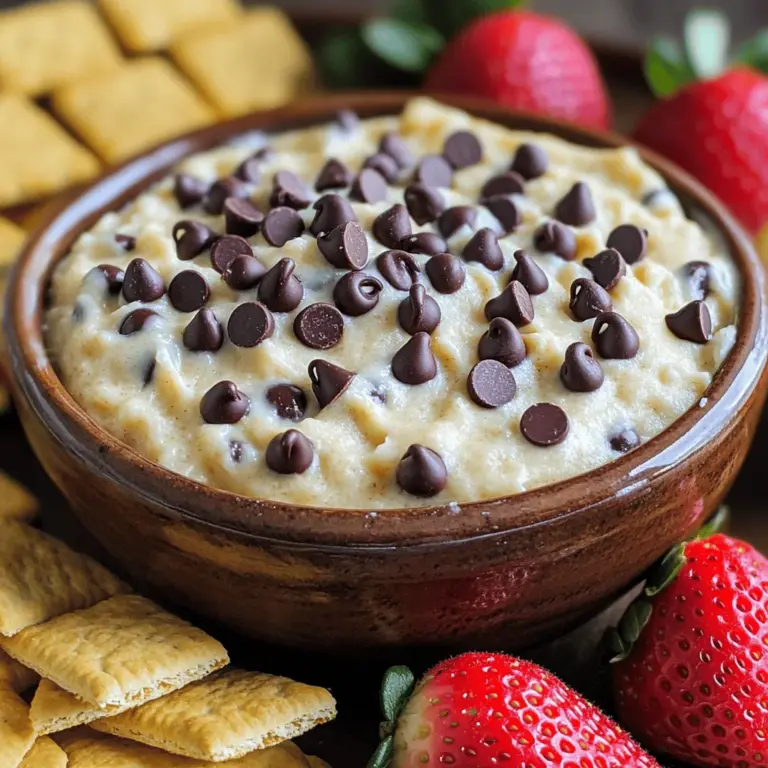 To make this delightful dip, you need a few key ingredients. Here's what you'll need: - 1 cup all-purpose flour, heat-treated - 1/2 cup unsalted butter, softened - 3/4 cup brown sugar, packed - 1/2 cup granulated sugar - 1 teaspoon vanilla extract - 1/4 teaspoon salt - 1 cup mini chocolate chips - 1/2 cup cream cheese, softened - 1/4 cup powdered sugar - 1-2 tablespoons milk (as needed for consistency) These ingredients create a creamy and sweet mix that tastes just like cookie dough. You can make this dip even more fun by adding some of these optional ingredients: - Chopped nuts (like walnuts or pecans) for crunch - A pinch of cinnamon for warmth - Other flavored extracts (like almond or hazelnut) for a twist - More chocolate chips or sprinkles for extra sweetness Feel free to get creative! Your dip can be unique with these simple changes. To prepare this yummy dip, you will need a few basic tools: - Mixing bowl for combining ingredients - Electric mixer to beat the mixture until smooth - Rubber spatula for folding in the chocolate chips - Baking sheet for heat-treating the flour - Measuring cups and spoons for accuracy Gather these tools before you start. They will help make the process quick and easy! For the full recipe, you can refer to the recipe section above. Start with the all-purpose flour. You need to heat-treat it first. This step is key for safety. Spread the flour on a baking sheet. Bake it at 350°F (175°C) for 5-7 minutes. This kills any harmful bacteria. Once done, let it cool before using. This ensures your dip is safe and tasty. Next, grab a mixing bowl and add the softened butter. Mix in the brown sugar and granulated sugar. Beat them together until creamy. Then, add the softened cream cheese. Mix this well until smooth and silky. After that, stir in the vanilla extract and salt. Make sure everything is combined evenly. Slowly add the heat-treated flour and powdered sugar. Stir gently to avoid lumps. If it feels too thick, add milk one tablespoon at a time. This will help you reach the right dip consistency. Finally, fold in the mini chocolate chips. This is where the magic happens! Now it’s time to chill the dip. Cover the bowl and place it in the fridge. Let it chill for at least 30 minutes. This waiting time helps the flavors blend. When ready, take it out and serve in a bowl. For a nice touch, sprinkle a few mini chocolate chips on top. This dip is perfect with graham crackers, pretzels, or fruit. Enjoy your delightful chocolate chip cookie dough dip! For the full recipe, check the details above. To get a creamy dip, start with softened butter and cream cheese. This helps mix everything well. If the dip is too thick, add milk one tablespoon at a time. Mix until smooth. For a fluffier texture, you can beat the mixture longer. You want it to be light and spreadable, not runny. You can swap ingredients based on your taste. Use coconut oil instead of butter for a dairy-free option. You can also replace cream cheese with a vegan cream cheese. If you want less sugar, use a sugar substitute. Just keep in mind that some swaps may change the taste and texture. Serve the dip in a fun bowl to catch the eye. You can sprinkle extra mini chocolate chips on top for a treat. Use fresh fruit, pretzels, or graham crackers as dippers. Arrange them nicely around the bowl for a beautiful display. This makes the dip look tasty and inviting. For the full recipe, you can check the detailed instructions above. {{image_2}} You can make this dip even more fun by adding different flavors. Try mixing in peanut butter for a nutty twist. Almond extract works well too, giving a nice, sweet touch. For a chocolate lover's dream, use cocoa powder to deepen the flavor. You can also add crushed cookies or a sprinkle of sea salt to enhance the taste. While I love classic dippers, feel free to get creative! Use graham crackers, pretzels, or fruit like apples and bananas. Mini pancakes or waffles make great dippers too. You can even serve it with mini cones or marshmallows for a fun treat. This dip is all about what you enjoy! For gluten-free options, swap the all-purpose flour for a gluten-free blend. Just remember to heat-treat it as mentioned in the recipe. To make this dip vegan, use dairy-free butter and cream cheese. You can also replace the milk with almond or oat milk for a tasty twist. Now everyone can enjoy this delightful dip! You can store leftover chocolate chip cookie dough dip in an airtight container. Make sure the lid is tight to keep it fresh. Place the container in the fridge. This way, the flavors will stay strong. If you have leftovers, enjoy them within a few days. If you want to freeze the dip, use a freezer-safe container. Leave some space at the top, as it may expand when frozen. You can also use ice cube trays for small portions. When you want some, just pop out a cube. Thaw it in the fridge overnight before you serve it again. The dip lasts about 3 to 5 days in the fridge. If frozen, it can last for up to 3 months. Always check for any off smells or changes in texture before eating. Enjoy your dip at its best by eating it fresh or properly stored. Yes, you can eat this dip raw. It tastes just like cookie dough! The flavors mix well, making each bite sweet and fun. Just remember, we use heat-treated flour to keep it safe. This means you can enjoy it without worry. Chill the dip for at least 30 minutes. This time helps the flavors come together. If you can wait longer, that’s even better! Chilling makes the dip colder and yummier. No, you should not use regular flour. Regular flour can contain bacteria that may make you sick. Heat-treating the flour makes it safe for eating raw. It’s simple, just bake it for a few minutes. You can dip many things! Try graham crackers, pretzels, or even apple slices. Each choice adds a new flavor and crunch. You can also use cookies for a cookie-on-cookie experience! You can keep the dip in the fridge for about 3 days. Just make sure it’s in a sealed container. The dip stays tasty, but it may get a bit thicker. If it does, stir in some milk to fix that. Yes, you can make a vegan version! Use vegan butter and cream cheese. Also, swap the milk for a plant-based option. This way, everyone can enjoy the dip! Absolutely! Chopped nuts like walnuts or pecans add great flavor and crunch. Add them in when you mix in the chocolate chips for a tasty twist. Yes, it’s perfect for parties! The dip is easy to make and fun to share. Set it out with a variety of dippers. Guests will love it and want the recipe! Yes, you can freeze it! Just store it in an airtight container. When you want to eat it, let it thaw in the fridge. You may need to stir it again before serving. You can find the full recipe in the section above. It has all the details you need to make this tasty dip! In this post, we explored how to make a tasty chocolate chip cookie dough dip. We covered key ingredients and tools, plus step-by-step prep instructions. I shared tips for the best texture and ideas for serving. You can customize flavors and make dietary changes. Finally, we discussed storage tips to keep your dip fresh. Now you’re ready to whip up this fun treat and impress everyone! Enjoy creating your own perfect cookie dough dip!