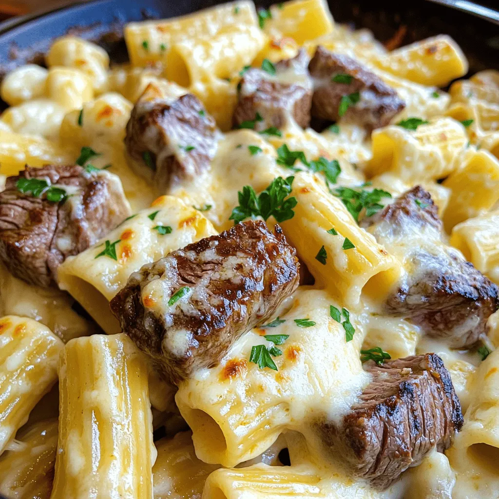 - 1 lb sirloin steak, cut into bite-sized pieces - 4 tablespoons unsalted butter, divided - 4 cloves garlic, minced - 1 teaspoon fresh thyme, chopped (or 1/2 teaspoon dried thyme) - Salt and pepper to taste - 8 oz rigatoni pasta - 1 cup heavy cream - 1 cup shredded mozzarella cheese - 1/2 cup grated Parmesan cheese - 1/2 teaspoon smoked paprika - Fresh parsley, chopped (for garnish) Gather these ingredients before you start cooking. Fresh sirloin steak is key for great flavor. Use high-quality unsalted butter to enhance the richness of the dish. Garlic adds a savory depth that pairs perfectly with the steak. Fresh thyme will give a lovely aroma, while salt and pepper will bring out the natural flavors of each ingredient. For the rigatoni, choose a good brand for the best texture. Heavy cream makes the sauce creamy and rich, while mozzarella and Parmesan add that cheesy goodness. Smoked paprika adds a subtle warmth and depth, making the dish even more delicious. Finally, fresh parsley is not just for looks; it adds a burst of freshness. You can find the full recipe at the end of this section. It has all the steps you need to create this delightful meal. - Start by boiling a large pot of water. - Add a generous amount of salt to the water. - Once the water boils, add the rigatoni. - Cook the pasta until it is al dente, about 10-12 minutes. - Drain the pasta but save 1/2 cup of the water. Set the pasta aside. - Grab your sirloin steak and cut it into bite-sized pieces. - Season the steak with salt and pepper on all sides. - In a large skillet, melt 2 tablespoons of butter over medium-high heat. - When the butter is hot, add the steak pieces. - Sear the steak for about 3-4 minutes until browned. - Remove the steak from the pan and set it aside. - In the same skillet, lower the heat to medium. - Add the remaining 2 tablespoons of butter to the pan. - Once melted, add the minced garlic and sauté for about 1 minute. - Stir in the fresh thyme and smoked paprika for flavor. - Reduce heat to low and then add heavy cream to the garlic butter mix. - Gradually stir in the mozzarella and Parmesan cheese until melted. - If the sauce is too thick, add some reserved pasta water until smooth. - Toss the drained rigatoni into the cheese sauce, mixing to coat the pasta. - Gently fold in the seared steak tips until everything is combined. For a full recipe, check out the complete instructions above. Choosing the best cut of steak: I recommend using sirloin for this dish. Sirloin has great flavor and cooks well. It is tender and easy to cut into bite-sized pieces. You can also try ribeye or filet mignon for a more tender bite. Always choose fresh meat from a trusted source. This ensures quality and taste. Achieving the desired doneness: For steak tips, medium-rare is best. Cook them for about 3-4 minutes. You want them browned on the outside but pink inside. Use a meat thermometer to check doneness. Aim for 130°F for medium-rare. If you like it more done, cook longer. Just watch to avoid drying out the meat. Using pasta water to adjust thickness: Save some pasta water when you drain your rigatoni. This starchy water helps the sauce stick to the pasta. If your sauce is too thick, add a little water. Stir it in slowly until you reach your desired creaminess. This tip gives you the best texture. Tips for preventing cheese clumping: To keep your cheese smooth, add it slowly to the sauce. Stir continuously while adding. This helps the cheese melt evenly. You can also use freshly grated cheese instead of pre-shredded. Pre-shredded cheese often has anti-caking agents that can cause clumps. Best sides to accompany the dish: Garlic bread is a perfect side for this meal. It complements the garlic butter flavor well. A simple green salad with vinaigrette also works nicely. The freshness cuts through the richness of the dish. Using herbs and garnishes effectively: Fresh parsley adds color and flavor. Sprinkle it on just before serving. You can also use fresh thyme or basil for a different touch. Herbs brighten the dish and enhance the taste, making it more appealing. {{image_2}} You can add colorful veggies to your dish for more flavor and nutrition. Consider using bell peppers, spinach, or cherry tomatoes. These vegetables not only brighten the plate but also add texture. To incorporate seasonal ingredients, try using asparagus in spring or zucchini in summer. Just sauté the veggies in the same skillet after the steak and before adding the garlic butter sauce. This method keeps the flavors vibrant and fresh. Cheese is a key part of this recipe. While mozzarella and Parmesan are great, you can switch it up for other flavors. Try using gouda for a smoky touch or cheddar for a sharper taste. If you prefer a creamier sauce, add a bit of cream cheese. Tailor the cheese to your taste. Just remember to adjust the amount to keep the sauce balanced. If you enjoy a kick, spice up the recipe with chili flakes or hot sauce. Just sprinkle in your desired heat level while making the garlic butter sauce. You can also use fresh herbs like basil or oregano for a different flavor profile. Adding these herbs can elevate the dish and make it even more delicious. Experiment to find the right balance that suits your palate! To keep your Garlic Butter Steak Tips with Cheesy Rigatoni fresh, store leftovers in an airtight container. This helps prevent drying out. It’s best to eat leftovers within three days for the best taste. Always let the dish cool down before sealing it in the fridge. This keeps moisture from building up inside the container. You can freeze this dish if you want to save some for later. First, let it cool completely. Then, place it in a freezer-safe container. It can last up to three months in the freezer. When you’re ready to eat, thaw it overnight in the fridge. Reheat in a skillet over low heat, adding a splash of cream or pasta water. This keeps the dish creamy and tasty. This dish is great for meal prep! You can make it ahead for busy weeknights. Cook a big batch on the weekend, and portion it out for lunches. Use small containers to make it easy to grab and go. Pair it with a side salad or some fresh fruit for a complete meal. Yes, you can make Garlic Butter Steak Tips in advance. Cook the steak tips and the cheesy rigatoni separately. Store each in an airtight container. When you are ready to eat, reheat them in a skillet over medium heat. Add a splash of cream or water to the rigatoni to keep it creamy. Heat until warm, stirring often. This way, you enjoy a fresh meal even after a busy day. Sirloin steak works best for this recipe. It is tender and flavorful. Other good cuts include ribeye and flank steak. Ribeye has more fat, which adds flavor. Flank steak is leaner but still tasty. Choose cuts that are easy to bite and cook well. Yes, you can use a different type of pasta. Penne, fusilli, or farfalle are great alternatives. Cooking times may change, so check the package. The goal is always to cook until al dente. Keep in mind that the shape can affect how the sauce sticks. Choose a pasta that you enjoy. To make this recipe gluten-free, use gluten-free rigatoni. Many brands offer great options made from rice or corn. For the sauce, ensure the cream and cheese are gluten-free. Check labels for any hidden gluten. This way, you can enjoy the same rich flavors without worry. This blog post guides you through making a delicious Garlic Butter Steak and Rigatoni dish. We covered key ingredients, step-by-step cooking instructions, and helpful tips. You can explore fun variations like adding veggies or different cheeses to suit your taste. Remember, proper storage will keep your leftovers fresh and tasty. This dish is perfect for special occasions or a simple weeknight meal. Enjoy your cooking and impress others with this easy yet flavorful recipe!