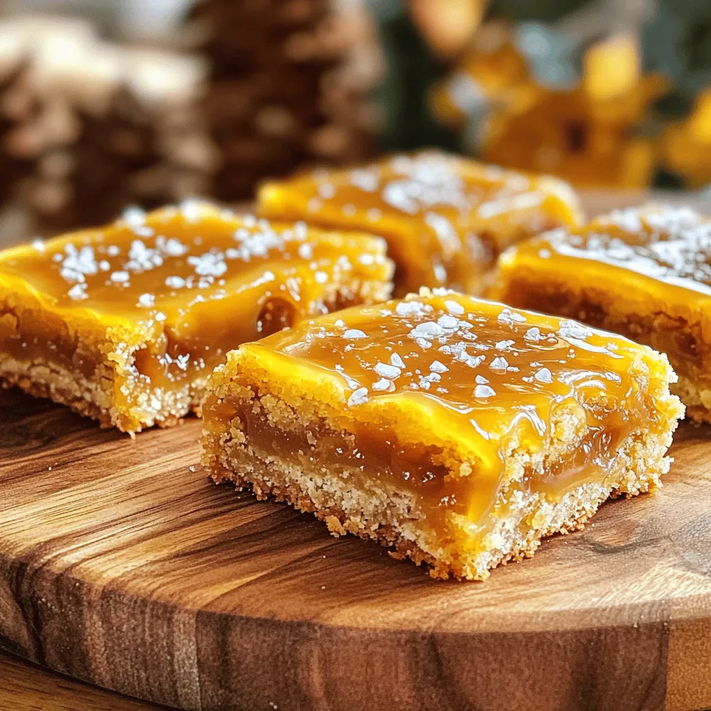 To make the perfect salted caramel bars, you'll need these main ingredients: - 1 cup unsalted butter, softened - 1 cup granulated sugar - 1 cup brown sugar, packed - 3 large eggs - 2 teaspoons vanilla extract - 2 cups all-purpose flour - 1 teaspoon baking powder - ½ teaspoon salt - 1 cup caramel sauce (store-bought or homemade) - ½ teaspoon sea salt flakes (for topping) These ingredients create a rich and sweet base. The caramel sauce adds a gooey layer, and the sea salt gives it that perfect touch. Here's the equipment you need for this recipe: - 9x13-inch baking pan - Mixing bowls - Electric mixer or whisk - Measuring cups and spoons - Rubber spatula - Parchment paper (optional for easy removal) Using the right tools helps make the process easier and more fun. Feel free to customize your bars with these optional ingredients: - Chopped nuts (like pecans or walnuts) - Chocolate chips for added richness - Flavored extracts (like almond or hazelnut) - Sea salt caramel drizzle for garnish These additions can make your salted caramel bars unique and even more delicious. First, gather all your ingredients. You will need butter, sugar, eggs, and more. Start by preheating your oven to 350°F (175°C). Grease a 9x13-inch baking pan or use parchment paper. This helps with easy removal later. In a large bowl, cream together the softened butter, granulated sugar, and brown sugar. Mix until it looks light and fluffy. Next, beat in the eggs one at a time. Add the vanilla extract and stir it well. In another bowl, whisk the flour, baking powder, and salt together. Slowly mix the dry ingredients into the wet mixture. Stop mixing when everything is just combined. Now it’s time to assemble the bars. Take half of the cookie dough and spread it into the baking pan. Make sure to smooth it out evenly. Next, pour the caramel sauce on top. Leave a small margin around the edges to avoid overflow. Crumble the rest of the cookie dough over the caramel layer. Press it down gently to seal it. This layer helps keep the caramel in place. Finally, sprinkle the sea salt flakes on top. This adds a nice touch and enhances the flavor of the caramel. Bake your bars in the preheated oven for 25-30 minutes. They should turn golden brown on the edges and firm in the center. When done, take them out and let them cool in the pan. This step is important; cooling allows the bars to set properly. Once cool, cut them into squares or bars. Enjoy this decadent treat, and don't forget to check the Full Recipe for more details! To get the best caramel, heat it slowly. This lets the sugar melt evenly. Stir gently to avoid burning. The caramel should be smooth and glossy when done. You can use store-bought caramel or make your own. If you make your own, use a heavy pot. Watch it closely, as sugar can go from perfect to burnt quickly. To cut the bars neatly, let them cool completely. Use a sharp knife for clean cuts. You can warm the knife slightly for easier slicing. If you want perfect squares, score the bars lightly before cutting. This helps guide your knife. Always cut in straight lines for a nice look. One common mistake is not cooling the bars long enough. If you cut them too soon, they may fall apart. Another mistake is using too much heat when making caramel. This can cause it to harden. Avoid these pitfalls for the best salted caramel bars. For your full recipe, follow the steps carefully to ensure success. {{image_2}} You can make your salted caramel bars even better by adding chocolate chips. Just mix in one cup of semi-sweet or dark chocolate chips into the dough. This will add a rich flavor and a nice texture. The warm chocolate will blend with the caramel, making each bite a delight. You can even sprinkle some chips on top before baking for extra chocolate goodness. Want to add some crunch? Try making nutty salted caramel bars. Add one cup of chopped nuts like pecans or walnuts to the dough. The nuts will give a lovely texture and flavor. If you like, you can toast the nuts lightly before mixing them in. This will bring out their natural oils and make them even tastier. You can enjoy these bars while sticking to a vegan diet. Swap the butter for plant-based butter. For the eggs, use flax eggs made by mixing one tablespoon of ground flaxseed with three tablespoons of water. Let it sit for a few minutes until it thickens. Use a vegan caramel sauce to make it fully plant-based. These bars will be just as tasty and satisfy your sweet tooth. Try these variations to find your favorite twist on salted caramel bars. Each version brings a unique taste and style to the classic treat! For the original recipe, check out the Full Recipe. To keep your salted caramel bars fresh, place them in an airtight container. Layer the bars with parchment paper to avoid sticking. Store them at room temperature for up to five days. If you want to keep them longer, try refrigerating them. They can last up to two weeks in the fridge. Just remember, the colder they get, the firmer they become. Freezing salted caramel bars is easy. Cut them into squares or bars first. Wrap each piece tightly in plastic wrap. Then, place the wrapped bars in a freezer-safe bag. They will stay good in the freezer for up to three months. When you're ready to enjoy, just thaw them in the fridge overnight. To reheat salted caramel bars, preheat your oven to 350°F (175°C). Place the bars on a baking sheet. Heat for about 10 minutes. They will become warm and soft, just like fresh out of the oven. You can also heat them in the microwave for about 15 seconds per bar. Top with extra caramel sauce for a delightful treat! For the complete method, refer to the Full Recipe. Yes, you can use store-bought caramel sauce. It saves time and still tastes good. Just pour it over the dough as directed in the recipe. If you want a richer taste, try making your own caramel. Homemade sauce gives a fresh touch. Salted caramel bars can last about a week. Store them in an airtight container at room temperature. If you keep them in the fridge, they can last up to two weeks. Just make sure they are covered well to prevent drying out. Salted caramel bars pair well with vanilla ice cream or whipped cream. You can also serve them with fresh fruit like apples or pears. A drizzle of chocolate sauce adds extra flavor. These options make the treat even more special. No, salted caramel bars are not gluten-free. They contain all-purpose flour, which has gluten. If you need a gluten-free option, use a gluten-free flour blend. This way, you can still enjoy the bars without worry. To make salted caramel sauce at home, you need sugar, butter, and cream. Here’s a simple method: - Cook 1 cup of sugar in a pan over medium heat. - Stir until it melts and turns amber. - Add 6 tablespoons of butter and mix well. - Slowly pour in ½ cup of heavy cream. Stir until smooth. - Add a pinch of salt, and you’re done! The Full Recipe for Salted Caramel Delight Bars includes simple steps. You start by creaming butter and sugars, then mix in eggs and vanilla. After that, combine the dry ingredients. Layer half the dough, add caramel, and top with the rest of the dough. Sprinkle sea salt on top and bake! Enjoy the rich flavor and gooey texture. Making salted caramel bars is a fun and rewarding experience. We covered the main ingredients, equipment, and many ways to customize your bars. I shared step-by-step instructions to help you bake them perfectly every time. Tips for achieving the right caramel texture and cutting your bars will save you time. You can also explore tasty variations and learn the best storage methods. Enjoy these bars fresh, or share with friends. Remember, the right ingredients and methods make all the difference. Happy baking!