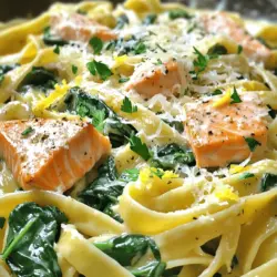 To make this dish, you need the following key ingredients: - 8 oz fettuccine or spaghetti - 2 salmon fillets (about 6 oz each) - 2 tablespoons olive oil - 4 cloves garlic, minced - 1 cup heavy cream - 1 cup grated Parmesan cheese - 1 cup baby spinach - 1 lemon (zested and juiced) - Salt and pepper to taste - Fresh parsley, chopped (for garnish) These ingredients create the rich flavors in the creamy garlic sauce. The salmon provides a lovely, flaky texture. The pasta absorbs the sauce well, making each bite delicious. To take your dish to the next level, consider adding: - Red pepper flakes for heat - Capers for a briny kick - Sun-dried tomatoes for sweetness - Fresh basil or dill for herbaceous notes These optional ingredients can add depth and excitement. You can mix and match based on what you enjoy most. You will need a few simple tools to prepare this meal: - Large pot for cooking pasta - Large skillet for the sauce and salmon - Colander for draining pasta - Zester or grater for lemon zest - Wooden spoon or spatula for mixing Having the right tools makes cooking easier. These utensils help you work efficiently and keep your kitchen organized. For the full recipe, refer to the instructions above. Start by boiling a large pot of salted water. Add 8 oz of fettuccine or spaghetti. Cook it according to the package until it is al dente. This usually takes about 8-10 minutes. Once done, reserve 1 cup of pasta water. Drain the pasta and set it aside for later. While the pasta cooks, take 2 salmon fillets and season them with salt and pepper. In a large skillet, heat 1 tablespoon of olive oil over medium heat. Place the salmon in the skillet skin-side down. Cook for 5-6 minutes until the skin is crispy. Flip the fillets and cook for another 2-3 minutes until they are fully cooked. Remove them from the skillet and flake them into bite-sized pieces. In the same skillet, add another tablespoon of olive oil. Sauté 4 minced garlic cloves over medium heat for about 1 minute until fragrant. Pour in 1 cup of heavy cream and stir it gently. Bring the mixture to a gentle simmer. Now, stir in 1 cup of grated Parmesan cheese until it melts and combines with the cream. Then, add 1 cup of baby spinach and cook for 2 minutes until the spinach wilts. Add the drained pasta to the skillet, tossing it well in the creamy garlic sauce. If the sauce seems too thick, add some reserved pasta water until you like the consistency. Gently fold in the flaked salmon, along with the juice and zest of 1 lemon. Mix everything well, then taste. Adjust the seasoning with more salt and pepper if needed. Plate the pasta and sprinkle fresh chopped parsley on top for a nice touch. Enjoy your delicious Creamy Garlic Salmon Pasta! For the detailed recipe, make sure to check the Full Recipe section. To get perfectly cooked salmon, start with fresh fillets. Look for bright color and no strong smell. Season each side with salt and pepper. Heat olive oil in a skillet over medium heat. Lay the salmon skin-side down. Cook for about 5 to 6 minutes. You want crispy skin! Flip the salmon over and cook for another 2 to 3 minutes. Check that it flakes easily with a fork. This method gives you juicy salmon that pairs well with pasta. The creamy sauce is key to this dish. If it is too thick, add reserved pasta water slowly. Start with a few tablespoons and stir. Keep adding until it reaches your desired creaminess. If it is too thin, let it simmer a little longer. This will help thicken it naturally. You can also add more cheese for extra richness. Cooking pasta may seem easy, but there are tricks. Always use a large pot with plenty of water. Add a good amount of salt to the water for flavor. Stir the pasta to prevent sticking. Cook until al dente, which means firm to the bite. Save some pasta water before draining. This water helps to bind the sauce and pasta together. Follow these steps for perfect pasta every time. For the full recipe, check out the detailed instructions above. {{image_2}} You can switch up the pasta in this dish. Fettuccine and spaghetti are great, but other types work too. Consider using penne, farfalle, or even whole wheat pasta for a healthy twist. Each type brings its own texture and taste, adding fun to the meal. Just remember to cook according to package instructions for the best results. Boost the nutrition by adding vegetables. Baby spinach is a classic choice, but you can add others too. Try cherry tomatoes for a burst of flavor or zucchini for a nice crunch. Broccoli or asparagus can also add great color and health benefits. Adding veggies makes the dish more colorful and satisfying. If you want a lighter sauce, there are great alternatives. You can use Greek yogurt or a dairy-free cream. These options cut some fat but keep that creamy feel. Adding a splash of vegetable broth can also bring flavor without heavy cream. Play around to find what you like best. For the full recipe, check out the detailed instructions above. After you enjoy your creamy garlic salmon pasta, store any leftovers in an airtight container. This keeps the pasta fresh. Let it cool to room temperature before sealing. Always place it in the fridge within two hours. The leftovers will stay good for up to three days. You can freeze creamy garlic salmon pasta for later enjoyment. First, let it cool completely. Then, place it in a freezer-safe container. Be sure to leave some space at the top for expansion. This dish can last up to three months in the freezer. When you want to eat it again, just thaw it overnight in the fridge. To reheat your creamy garlic salmon pasta, use a skillet for best results. Add a splash of water or cream to keep it moist. Heat it over low to medium heat. Stir often until it warms through. You can also use the microwave, but cover it to avoid drying out. Enjoy your meal just like the first time! For the full recipe, check out the earlier section. Yes, you can use frozen salmon. Just thaw it first. Thaw it overnight in the fridge or for a few hours in cold water. Once thawed, it cooks just like fresh salmon. The flavor stays great, and the dish will still taste amazing. You can use half-and-half or whole milk with butter. For a lighter option, try Greek yogurt or cashew cream. Each swap changes the texture and taste a bit, but they all work well in this dish. Just keep in mind that heavy cream gives the richest flavor. This dish lasts for about 3 days in the fridge. Store it in an airtight container to keep it fresh. When you’re ready to eat, just reheat it gently on the stove. Add a splash of water or broth to help it stay creamy. Yes, you can! Try serving the creamy salmon over rice or quinoa. You could also use zucchini noodles for a low-carb option. The creamy garlic sauce works well with many bases, so feel free to get creative with your choice. Check out the Full Recipe for more details. This blog post covered all you need to make creamy garlic salmon pasta. I detailed the main and optional ingredients, plus tools you’ll need. You learned step-by-step instructions and helpful tips for perfect salmon and sauce. We also explored pasta variations and smart storage methods. In summary, you can create a delicious meal that everyone will enjoy. Simple changes can make a big difference. Now, grab your ingredients and start cooking!