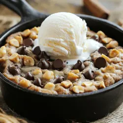To make a chocolate chip cookie skillet, you need key ingredients. Here’s what you’ll need: - 1 cup unsalted butter, softened - 3/4 cup brown sugar, packed - 1/4 cup granulated sugar - 1 large egg + 1 egg yolk - 2 teaspoons vanilla extract Unsalted butter adds rich flavor. The sugars create a sweet, chewy texture. Mixing both sugars helps the cookie stay soft inside. The egg and yolk add structure and moisture, while vanilla brings warmth and depth. Next, you need to mix in your dry ingredients. Here's what to gather: - 2 cups all-purpose flour - 1 teaspoon baking soda - 1/2 teaspoon salt - 1 cup semisweet chocolate chips - 1/2 cup chopped walnuts (optional) All-purpose flour gives the cookie body. Baking soda helps it rise, while salt enhances all the flavors. Chocolate chips are the star of the show, melting into gooey pockets of joy. If you like, add walnuts for a nice crunch. With these ingredients ready, you can start creating your delicious skillet cookie. For the full recipe, check [Full Recipe]. First, we need to cream the butter and sugars. In a large bowl, add 1 cup of softened unsalted butter. Then, add 3/4 cup of brown sugar and 1/4 cup of granulated sugar. Use an electric mixer to beat them together. Mix until the mixture is light and fluffy. This step is key for a soft cookie. Next, we’ll add the eggs and vanilla. Crack one large egg and add one egg yolk into the bowl. Then, pour in 2 teaspoons of vanilla extract. Beat everything together until it is well combined. This will add flavor and moisture. Now, let's mix the dry and wet ingredients. In a separate bowl, whisk together 2 cups of all-purpose flour, 1 teaspoon of baking soda, and 1/2 teaspoon of salt. Slowly add this dry mixture to the butter mixture. Stir until just combined. Do not overmix; a few lumps are fine. After that, fold in the chocolate chips and walnuts. Add 1 cup of semisweet chocolate chips and 1/2 cup of chopped walnuts, if you like. Gently mix them into the dough until they are evenly spread. Time to prepare the skillet. Grease a 10-inch cast-iron skillet with butter or cooking spray. This will help the cookie come out easily. Spread the cookie dough evenly in the skillet. Use a spatula to smooth the top. Now, we’ll bake the cookie. Preheat your oven to 350°F (175°C). Place the skillet in the oven and bake for 25-30 minutes. Look for golden edges and a soft center. When it’s done, take it out and let it cool for about 10 minutes. This cooling time helps it set before slicing. For the full recipe, check out the [Full Recipe]. Enjoy your warm, gooey treat! To get the best texture in your cookie skillet, adjust the baking time. If you want a chewy cookie, take it out a bit early. Aim for golden edges and a soft center. This timing helps create that perfect balance. Using room temperature ingredients is key. When butter is soft, it blends well with sugars. This helps trap air and gives you a light, fluffy cookie. Eggs should also be at room temperature. This helps them mix better into your dough. Choosing the right skillet matters. A 10-inch cast-iron skillet works best. It heats evenly and gives great results. If you don’t have cast iron, any oven-safe skillet will do. Before adding the dough, grease your skillet well. Use butter or cooking spray to coat it. This helps the cookie slide out easily once baked. Spread the dough evenly to ensure it cooks well. This cookie skillet shines when paired with ice cream. Vanilla ice cream melts perfectly on warm cookie. You can also top it with whipped cream or chocolate sauce. For a fun presentation, serve it straight from the skillet. Add spoons for a casual feel. You can even sprinkle some extra chocolate chips on top for style. For the full recipe, check the details above and get baking! {{image_2}} You can change up your chocolate chip cookie skillet with different chocolate chips. Use milk chocolate, dark chocolate, or even white chocolate for a twist. Each type of chip brings its own taste. You can also mix in some fun extras. Try adding nuts like pecans or almonds, or even candy pieces. These mix-ins add texture and flavor. If you need gluten-free options, use almond flour or coconut flour. Both work well in this recipe and still taste great. For a vegan version, swap the butter for coconut oil. You can replace the eggs with a flaxseed mixture. Mix one tablespoon of flaxseed meal with three tablespoons of water. Let it sit for a few minutes until it thickens. Seasonal flavors can make this dish special. Add warm spices like cinnamon or nutmeg during fall or winter. You can also use fresh fruits like berries or sliced apples. They bring a fresh taste that brightens the dish. For festive occasions, try adding peppermint or orange zest for a fun twist. For more details, you can check the Full Recipe. To keep your cookie skillet fresh, let it cool first. Once it’s cool, cover it tightly with plastic wrap or aluminum foil. You can also use an airtight container. This helps keep it moist. Store it in the fridge for up to five days. If you want to enjoy it later, slice it before storing. This makes it easy to grab a piece when you want a sweet treat. To reheat your chocolate chip cookie skillet, use your oven or microwave. For the oven, preheat to 350°F (175°C). Place the skillet inside for about 10 minutes. This warms it through while keeping the edges nice. If you use a microwave, heat a slice for about 20 seconds. Be careful, as it can get hot quickly. Pairing it with a scoop of ice cream is a great idea to keep the flavor fresh. You can freeze cookie dough for later. Scoop the dough into balls and place them on a baking sheet. Freeze them for about an hour, then transfer them to a freezer bag. This method helps keep them from sticking together. You can store the dough for up to three months. When you’re ready to bake, just take out as many as you need. Let them thaw for about 30 minutes before baking. This lets you enjoy fresh cookies anytime! For the full recipe, check back to make your own delicious skillet treat. Look for a few signs. The edges should be a nice golden brown. The center will be soft but not gooey. You can also poke it with a toothpick. If it comes out mostly clean, it’s done. Remember, the cookie will continue to cook a little after you take it out of the oven. Yes, you can prepare the dough in advance. Just cover it and store it in the fridge for up to 24 hours. When ready, spread it in the skillet and bake. If you have leftovers, let them cool and store in an airtight container. They will stay fresh for about three days. If you don’t have a cast-iron skillet, use any oven-safe skillet. A regular metal skillet works well too. A glass or ceramic dish can also be a good choice. Just make sure to adjust the baking time, as different materials can cook differently. In this post, we covered how to make a delicious chocolate chip cookie skillet. We explored key ingredients, detailed step-by-step instructions, and shared essential tips for perfect results. I also highlighted fun variations and storage suggestions to keep your cookies fresh. As you dive into baking, remember to enjoy the process. Try different flavors and share with others. Your tasty creation can bring joy to any gathering!