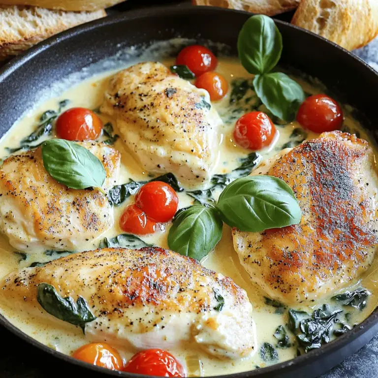 The main flavors in One-Pan Creamy Tuscan Chicken come from a few key ingredients. Here’s what you need: - 4 boneless, skinless chicken breasts - 2 tablespoons olive oil - 4 cloves garlic, minced - 1 cup cherry tomatoes, halved - 2 cups fresh spinach - 1 cup heavy cream - 1 cup grated Parmesan cheese - 1 teaspoon Italian seasoning These ingredients create the perfect balance of taste and texture. The chicken stays juicy, while the sauce is creamy and rich. To enhance the dish, you’ll also need some seasonings: - Salt and pepper - Fresh basil for garnish These simple seasonings uplift the flavors. The basil adds a fresh note that really ties everything together. For the full recipe, check out the [Full Recipe]. First, grab a large skillet and heat the olive oil over medium-high heat. While the oil warms, season the chicken breasts with salt and pepper. This simple step enhances the flavor. Once the oil is hot, add the chicken breasts to the skillet. Brown the chicken on each side for about 5 to 7 minutes. You want them golden brown and fully cooked. After browning, carefully remove the chicken from the skillet and set it aside. This keeps it juicy while you make the sauce. Next, in the same skillet, add the minced garlic. Sauté it for about 30 seconds. You want it to smell great but not burn. After that, toss in the halved cherry tomatoes. Cook them for about 3 to 4 minutes until they soften. Now, pour in the heavy cream. This adds richness. Stir in the grated Parmesan cheese and Italian seasoning. Keep stirring until the cheese melts and the sauce becomes smooth. This creamy sauce is what makes the dish shine. Now it's time to finish your dish. Add the fresh spinach to the skillet. Cook it until it wilts, which should take about 2 minutes. Then, return the chicken to the skillet, spooning the creamy sauce over the top. Let it simmer for another 3 to 5 minutes. This heats everything through and blends the flavors. Before serving, taste the sauce. Adjust the seasoning with more salt and pepper if needed. For a lovely touch, garnish with fresh basil. This One-Pan Creamy Tuscan Chicken is now ready to serve. For the full recipe, check out the earlier section! To make sure your chicken cooks well, start with a hot skillet. Heat your olive oil until it shimmers. Season the chicken breasts with salt and pepper. Cook them for 5-7 minutes on each side. This browning adds flavor and keeps the chicken juicy. Use a meat thermometer. Aim for an internal temperature of 165°F. For a creamy sauce, add the heavy cream slowly. Stir it well with the melted Parmesan cheese. This helps create a smooth texture. If the sauce seems too thick, add a splash of chicken broth or water to loosen it up. Keep stirring until everything blends well. To make your dish look fancy, serve the chicken on a plate with the creamy sauce drizzled around it. Sprinkle fresh basil on top for color. You can also add a few halved cherry tomatoes for contrast. Pair your One-Pan Creamy Tuscan Chicken with crusty bread. This adds a nice touch and helps soak up the sauce. You can also serve it with a side salad for a fresh crunch. Roasted vegetables go well too. They add flavor and complement the dish nicely. {{image_2}} You can change the proteins in this dish. Shrimp or tofu make great swaps. Shrimp cooks fast and adds a nice texture. Tofu is perfect for a plant-based option. Just ensure you season them well to match the dish's flavor. If you want a dairy-free version, you can use coconut cream or cashew cream. Both provide a rich texture without the dairy. They blend well and keep the sauce creamy. Just adjust the seasoning to balance the flavors. To add more flavor, consider mushrooms or artichokes. Mushrooms bring an earthy taste. Sauté them with garlic before adding cream for depth. Artichokes add a unique twist. They pair well with the creamy sauce and offer a pleasant bite. For spice variations, try red pepper flakes for heat or smoked paprika for a smoky touch. A pinch of nutmeg can add warmth. Just sprinkle in a little at a time, so it does not overpower the dish. These variations keep the dish exciting and tailor it to your taste. For the full details, check out the Full Recipe. To store leftovers from One-Pan Creamy Tuscan Chicken, let the meal cool first. Place it in an airtight container. This helps keep the chicken moist and the sauce fresh. Use glass or BPA-free plastic containers. They are the best options for storing food. Label the container with the date. This way, you can track how long it has been in the fridge. When it’s time to enjoy your leftovers, reheat the chicken safely. You can use the microwave or the stovetop. If using the microwave, place the chicken on a plate. Cover it with a damp paper towel. This keeps the chicken from drying out. Heat in short bursts, stirring in between. If you prefer the stovetop, place the chicken in a skillet over low heat. Add a splash of water or extra cream to maintain moisture. Stir gently to warm it up. To keep the cream sauce from separating, avoid high heat. A gentle heat keeps the sauce smooth and creamy. Enjoy your tasty dinner delight! Making this dish is quick and easy. It takes about 30 minutes from start to finish. You’ll spend around 10 minutes prepping the ingredients. The cooking time is about 20 minutes. This makes it a great choice for busy weeknights when you want a tasty meal fast. Yes, you can use frozen chicken breasts for this recipe. Just be sure to thaw them first. You can defrost them overnight in the fridge or use the quick method of placing them in cold water. Once thawed, you can follow the recipe as usual. Cooking times may vary slightly, so ensure the chicken is cooked through. This creamy chicken pairs well with many sides. Here are a few great options: - Steamed rice or quinoa - Garlic bread for dipping in the sauce - A fresh green salad to balance the meal - Roasted vegetables for a colorful plate You might also enjoy a light white wine, like Pinot Grigio, with it. Yes, this dish works well for meal prep. You can make it in advance and store it in the fridge. Just divide it into meal containers. It keeps well for about 3 days. When you’re ready to eat, simply reheat it in the microwave. Make sure the chicken is hot throughout. This way, you can enjoy a tasty meal any day of the week. For the full recipe, check above! In this blog post, we explored how to make One-Pan Creamy Tuscan Chicken. We covered the key ingredients like juicy chicken, fresh spinach, and creamy sauce. I included step-by-step instructions to guide you through prepping, cooking, and finishing the dish perfectly. For those looking to add variety, we discussed ingredient swaps and flavor boosts. Remember to follow my tips for the best texture and taste. With these simple steps, you'll create a delicious meal that everyone will love. Enjoy your cooking!