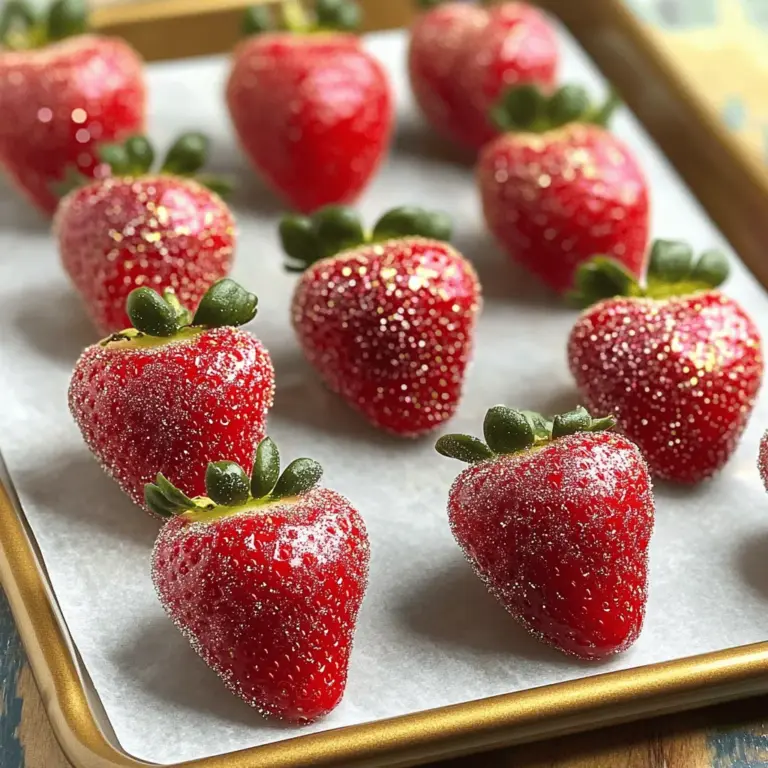 - 1 pound fresh strawberries - 1 cup granulated sugar - ½ cup water - 1 teaspoon vanilla extract - 1 tablespoon lemon juice - Optional: Edible glitter - Medium saucepan - Candy thermometer - Baking sheet - Parchment paper - Look for ripe and firm strawberries. - Check for uniform color and no bruises. - Consider organic options for better flavor. Selecting the right strawberries is key to making great candied strawberries. Fresh, ripe berries taste the best. When you shop, pick strawberries that feel firm. They should not be mushy or soft. Look for bright red color. Avoid any that have dark spots or bruises. These may not taste good. If you can, choose organic strawberries. They often have better flavor. Plus, they are free from many pesticides. Organic strawberries can make your treat taste even better and feel healthier. Now, let’s gather your ingredients. You will need fresh strawberries, sugar, water, vanilla, and lemon juice. Don’t forget the edible glitter if you want some sparkle! This simple list makes the process fun and easy. For the equipment, grab a medium saucepan, a candy thermometer, a baking sheet, and parchment paper. These tools help you create the perfect candied strawberries. You can find most of these items in your kitchen. If not, they are easy to buy. Ready to dive into the fun of making candied strawberries? Let’s get started! For the full recipe, check the section above. - Rinse and dry the strawberries thoroughly. - Remove stems carefully. Start by rinsing your strawberries under cool water. This step is key for cleaning any dirt. After rinsing, use a paper towel to dry them well. A dry strawberry will hold the candy better. Next, gently remove the green stems from each berry. I like to twist them off to keep the fruit intact. - Combine sugar, water, vanilla, and lemon juice in a saucepan. - Boil the mixture to hard crack stage at 300°F. Now it's time to make the candy syrup. In a medium saucepan, mix the sugar, water, vanilla, and lemon juice. Stir until the sugar fully dissolves. This step is important to avoid grainy candy. Increase the heat to high and let it boil. Use a candy thermometer to check the temp. You want it to reach 300°F, known as the hard crack stage. This can take about 8-10 minutes. - Dip strawberries into the hot syrup. - Drain excess syrup and set on lined baking sheet. Once the syrup is ready, remove it from the heat. Let it cool for just a minute. Now, dip each strawberry into the hot syrup. Make sure to coat it well. I find using a fork or skewer helps with dipping. Allow the excess syrup to drip off. Finally, place the coated strawberries on a baking sheet lined with parchment paper. If you want some sparkle, sprinkle edible glitter while the syrup is still warm. Let the strawberries cool for about 30 minutes. This helps the candy coating harden. To make delicious candied strawberries, start by ensuring your strawberries are completely dry. Any water left on them can ruin the candy coating. After rinsing, pat them dry using a paper towel. Next, monitor the syrup temperature closely. Use a candy thermometer to reach the hard crack stage at 300°F. This step is key for a crunchy coating. You can add fun flavors to your syrup. Consider using cinnamon or almond extract for a twist. These flavors can enhance the taste of your strawberries. You can also try different types of sugar. For example, brown sugar gives a richer flavor and a unique texture. Experiment and find what you like best! Make your candied strawberries shine at any gathering. Place them on a decorative platter or in a tall glass. This adds height and interest to your display. You can also use edible glitter to give them a sparkling finish. For parties, serve them on skewers for easy eating. This will delight your guests and make your treat stand out! {{image_2}} To make chocolate-covered candied strawberries, start with fully cooled, candied strawberries. Melt your choice of chocolate in a bowl. You can use dark, milk, or white chocolate. Each type gives a different taste. Dip each strawberry into the melted chocolate. Make sure to coat them well. Let the excess chocolate drip off. Place them on parchment paper to set. For an extra touch, drizzle more chocolate on top for a fancy look. You can mix strawberries with other fruits for fun flavors. Try using bananas, blueberries, or pineapple. Cut the fruits into bite-sized pieces for easy coating. For candy coating, dip each piece in the hot syrup just like the strawberries. This method works well for any fruit with a firm texture. Mixing colors makes your dish more vibrant and appealing. Get creative with seasonal themes for your candied strawberries. For holidays, use colors like red and green for Christmas. For Halloween, try orange and black sprinkles. You can also use flavors that match the season. Use pumpkin spice in the syrup for fall, or mint for spring. These small changes can make your treats festive and fun for any event. To keep your candied strawberries fresh, use an airtight container. This helps to prevent moisture from ruining their crisp coating. Store them at room temperature, away from direct sunlight. A cool, dry place works best. Avoid the fridge, as this can make the coating sticky. Candied strawberries stay fresh for about one day. After that, they may lose their crunch. Look for signs of spoilage, like a sticky coating or a change in color. If they look dull or feel wet, it’s best to throw them away. You can freeze candied strawberries, but the texture may change. If you want to freeze them, place them on a baking sheet. Make sure they are not touching. Freeze them until solid, then transfer to a freezer bag. To serve, thaw them in the fridge for a few hours. This helps keep their shape better than thawing at room temperature. To check the syrup's temperature, use a candy thermometer. Clip it to the side of the pan. Make sure the tip is in the syrup but not touching the bottom. When the thermometer reads 300°F, the syrup is ready. This is called the hard crack stage. - Stir the mixture gently at first to help dissolve the sugar. - Avoid stirring once it starts boiling. This can cause crystal formation. - If you don’t have a thermometer, test the syrup by dropping a little into cold water. If it forms a hard ball, it’s ready. Yes, you can use other fruits! Many fruits work well with candy coating. Here’s a list of suitable alternatives: - Apples: Slice them into wedges for easier dipping. - Bananas: Cut into thick slices for a fun treat. - Pineapple: Use fresh chunks for a tropical twist. - Grapes: These can be dipped whole for bite-sized snacks. - Oranges: Use segments or slices for a juicy option. Before dipping, make sure to wash and dry the fruits well. This helps the syrup stick better. You can find candied strawberries at many places. Look for them in: - Local candy shops: Many make their sweets fresh. - Farmers' markets: Some vendors offer homemade treats. - Online retailers: Websites like Etsy or Amazon often sell them. When buying, check for quality. Look for shiny, well-coated strawberries. If possible, ask about their freshness. Candied strawberries are coated in a sugar syrup, which hardens when cooled. The process involves boiling sugar and water to a high temperature. This creates a crunchy shell. Caramelized strawberries use sugar heated until it melts and turns brown. This gives a rich, deep flavor. The strawberries are usually cooked in the sugar until soft and glossy. Both methods are tasty but yield different textures and flavors. Candied strawberries are crunchy, while caramelized ones are chewy and sweet. This blog post covered how to make candied strawberries, step by step. You learned about the key ingredients and required equipment. We also shared tips for selecting strawberries and achieving the perfect candy coating. Plus, there are fun variations and storage tips to keep your treats fresh. Candied strawberries are a delight and perfect for any occasion. Enjoy experimenting with flavors and presentations! I hope you create sweet memories with this simple yet tasty treat.