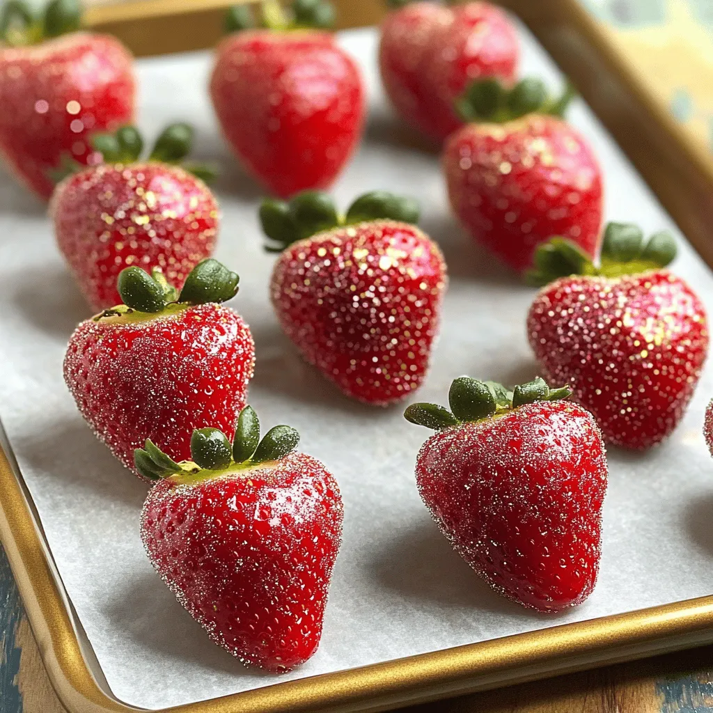 - 1 pound fresh strawberries - 1 cup granulated sugar - ½ cup water - 1 teaspoon vanilla extract - 1 tablespoon lemon juice - Optional: Edible glitter - Medium saucepan - Candy thermometer - Baking sheet - Parchment paper - Look for ripe and firm strawberries. - Check for uniform color and no bruises. - Consider organic options for better flavor. Selecting the right strawberries is key to making great candied strawberries. Fresh, ripe berries taste the best. When you shop, pick strawberries that feel firm. They should not be mushy or soft. Look for bright red color. Avoid any that have dark spots or bruises. These may not taste good. If you can, choose organic strawberries. They often have better flavor. Plus, they are free from many pesticides. Organic strawberries can make your treat taste even better and feel healthier. Now, let’s gather your ingredients. You will need fresh strawberries, sugar, water, vanilla, and lemon juice. Don’t forget the edible glitter if you want some sparkle! This simple list makes the process fun and easy. For the equipment, grab a medium saucepan, a candy thermometer, a baking sheet, and parchment paper. These tools help you create the perfect candied strawberries. You can find most of these items in your kitchen. If not, they are easy to buy. Ready to dive into the fun of making candied strawberries? Let’s get started! For the full recipe, check the section above. - Rinse and dry the strawberries thoroughly. - Remove stems carefully. Start by rinsing your strawberries under cool water. This step is key for cleaning any dirt. After rinsing, use a paper towel to dry them well. A dry strawberry will hold the candy better. Next, gently remove the green stems from each berry. I like to twist them off to keep the fruit intact. - Combine sugar, water, vanilla, and lemon juice in a saucepan. - Boil the mixture to hard crack stage at 300°F. Now it's time to make the candy syrup. In a medium saucepan, mix the sugar, water, vanilla, and lemon juice. Stir until the sugar fully dissolves. This step is important to avoid grainy candy. Increase the heat to high and let it boil. Use a candy thermometer to check the temp. You want it to reach 300°F, known as the hard crack stage. This can take about 8-10 minutes. - Dip strawberries into the hot syrup. - Drain excess syrup and set on lined baking sheet. Once the syrup is ready, remove it from the heat. Let it cool for just a minute. Now, dip each strawberry into the hot syrup. Make sure to coat it well. I find using a fork or skewer helps with dipping. Allow the excess syrup to drip off. Finally, place the coated strawberries on a baking sheet lined with parchment paper. If you want some sparkle, sprinkle edible glitter while the syrup is still warm. Let the strawberries cool for about 30 minutes. This helps the candy coating harden. To make delicious candied strawberries, start by ensuring your strawberries are completely dry. Any water left on them can ruin the candy coating. After rinsing, pat them dry using a paper towel. Next, monitor the syrup temperature closely. Use a candy thermometer to reach the hard crack stage at 300°F. This step is key for a crunchy coating. You can add fun flavors to your syrup. Consider using cinnamon or almond extract for a twist. These flavors can enhance the taste of your strawberries. You can also try different types of sugar. For example, brown sugar gives a richer flavor and a unique texture. Experiment and find what you like best! Make your candied strawberries shine at any gathering. Place them on a decorative platter or in a tall glass. This adds height and interest to your display. You can also use edible glitter to give them a sparkling finish. For parties, serve them on skewers for easy eating. This will delight your guests and make your treat stand out! {{image_2}} To make chocolate-covered candied strawberries, start with fully cooled, candied strawberries. Melt your choice of chocolate in a bowl. You can use dark, milk, or white chocolate. Each type gives a different taste. Dip each strawberry into the melted chocolate. Make sure to coat them well. Let the excess chocolate drip off. Place them on parchment paper to set. For an extra touch, drizzle more chocolate on top for a fancy look. You can mix strawberries with other fruits for fun flavors. Try using bananas, blueberries, or pineapple. Cut the fruits into bite-sized pieces for easy coating. For candy coating, dip each piece in the hot syrup just like the strawberries. This method works well for any fruit with a firm texture. Mixing colors makes your dish more vibrant and appealing. Get creative with seasonal themes for your candied strawberries. For holidays, use colors like red and green for Christmas. For Halloween, try orange and black sprinkles. You can also use flavors that match the season. Use pumpkin spice in the syrup for fall, or mint for spring. These small changes can make your treats festive and fun for any event. To keep your candied strawberries fresh, use an airtight container. This helps to prevent moisture from ruining their crisp coating. Store them at room temperature, away from direct sunlight. A cool, dry place works best. Avoid the fridge, as this can make the coating sticky. Candied strawberries stay fresh for about one day. After that, they may lose their crunch. Look for signs of spoilage, like a sticky coating or a change in color. If they look dull or feel wet, it’s best to throw them away. You can freeze candied strawberries, but the texture may change. If you want to freeze them, place them on a baking sheet. Make sure they are not touching. Freeze them until solid, then transfer to a freezer bag. To serve, thaw them in the fridge for a few hours. This helps keep their shape better than thawing at room temperature. To check the syrup's temperature, use a candy thermometer. Clip it to the side of the pan. Make sure the tip is in the syrup but not touching the bottom. When the thermometer reads 300°F, the syrup is ready. This is called the hard crack stage. - Stir the mixture gently at first to help dissolve the sugar. - Avoid stirring once it starts boiling. This can cause crystal formation. - If you don’t have a thermometer, test the syrup by dropping a little into cold water. If it forms a hard ball, it’s ready. Yes, you can use other fruits! Many fruits work well with candy coating. Here’s a list of suitable alternatives: - Apples: Slice them into wedges for easier dipping. - Bananas: Cut into thick slices for a fun treat. - Pineapple: Use fresh chunks for a tropical twist. - Grapes: These can be dipped whole for bite-sized snacks. - Oranges: Use segments or slices for a juicy option. Before dipping, make sure to wash and dry the fruits well. This helps the syrup stick better. You can find candied strawberries at many places. Look for them in: - Local candy shops: Many make their sweets fresh. - Farmers' markets: Some vendors offer homemade treats. - Online retailers: Websites like Etsy or Amazon often sell them. When buying, check for quality. Look for shiny, well-coated strawberries. If possible, ask about their freshness. Candied strawberries are coated in a sugar syrup, which hardens when cooled. The process involves boiling sugar and water to a high temperature. This creates a crunchy shell. Caramelized strawberries use sugar heated until it melts and turns brown. This gives a rich, deep flavor. The strawberries are usually cooked in the sugar until soft and glossy. Both methods are tasty but yield different textures and flavors. Candied strawberries are crunchy, while caramelized ones are chewy and sweet. This blog post covered how to make candied strawberries, step by step. You learned about the key ingredients and required equipment. We also shared tips for selecting strawberries and achieving the perfect candy coating. Plus, there are fun variations and storage tips to keep your treats fresh. Candied strawberries are a delight and perfect for any occasion. Enjoy experimenting with flavors and presentations! I hope you create sweet memories with this simple yet tasty treat.
