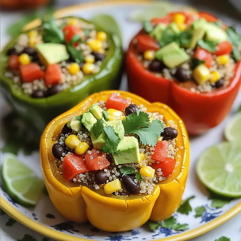 - 4 bell peppers (any color) - 1 cup quinoa, rinsed - 1 can (15 oz) black beans, drained and rinsed - 1 cup corn kernels (fresh, frozen, or canned) - 1 cup diced tomatoes (canned or fresh) Vegan quinoa stuffed peppers are a feast for the eyes and the taste buds. The bell peppers create a bright and colorful base. They hold the filling like little edible bowls. Quinoa is the star of this dish. It adds texture and protein, making it a hearty meal. Black beans give extra protein and a creamy texture. Corn kernels add sweetness and crunch. Diced tomatoes bring a juicy burst of flavor. - 1 teaspoon cumin - 1 teaspoon smoked paprika - 1 teaspoon garlic powder - 2 tablespoons olive oil - 1/4 cup fresh cilantro, chopped (for garnish) Seasonings are key to making this dish shine. Cumin gives a warm, earthy flavor. Smoked paprika adds a hint of smokiness. Garlic powder brings depth to the filling. A drizzle of olive oil helps everything blend nicely. Fresh cilantro at the end adds a pop of brightness. - Garnishes like avocado - Accompaniments like lime - Ideas for sides Serving your stuffed peppers can be fun and creative. Diced avocado adds creaminess and healthy fats. A squeeze of lime brightens the flavors. Pair this dish with a fresh salad or rice for a full meal. You can also serve it with tortilla chips for extra crunch. For the Full Recipe, just follow along with the easy steps provided. Start by preheating your oven to 375°F (190°C). Next, take each bell pepper and slice off the tops. This gives you a lid and lets you fill the peppers easily. Remove the seeds and membranes from inside the peppers. You can save the tops to chop and add to your filling if you want. In a medium pot, bring 2 cups of vegetable broth to a boil. Once it's boiling, add 1 cup of rinsed quinoa to the pot. Lower the heat to a simmer, cover the pot, and cook for about 15 minutes. The quinoa is ready when it is fluffy and the broth is all absorbed. While the quinoa cooks, heat 2 tablespoons of olive oil in a large skillet over medium heat. If you saved the bell pepper tops, chop them and add them to the skillet. Sauté for about 2-3 minutes until they soften. Then, stir in 1 can of black beans, 1 cup of corn, and 1 cup of diced tomatoes. Add 1 teaspoon of cumin, 1 teaspoon of smoked paprika, 1 teaspoon of garlic powder, and salt and pepper to taste. Cook this mixture for about 5 more minutes until it’s heated through. Once the quinoa is done, fluff it with a fork and combine it with the vegetable mixture in the skillet. Mix everything well. Now, it's time to stuff the bell peppers. Take the quinoa and vegetable mixture and pack it into each pepper. Make sure to fill them well. Place the stuffed peppers upright in a baking dish. You can drizzle a little more olive oil over the tops if you'd like. Cover the dish with aluminum foil and bake in the oven for 25 minutes. After that, take off the foil and bake for another 10-15 minutes to roast the tops. Once done, let them cool for a bit before serving. You can garnish with fresh cilantro and diced avocado to make them extra special. For the full recipe, refer back to the original section. To ensure your quinoa cooks perfectly, rinse it well before cooking. This removes any bitter coating. Use two cups of vegetable broth for one cup of quinoa. Bring the broth to a boil before adding the quinoa. Cover the pot and let it simmer until the quinoa is fluffy. This takes about 15 minutes. Check it after ten minutes to avoid overcooking. Adjusting seasoning to taste is key. Start with the basic spices like cumin, smoked paprika, and garlic powder. After mixing the quinoa and veggies, taste the filling. Add more salt, pepper, or spices if needed. Remember, you can always add more, but you can't take it out! Make your dish visually appealing by using colorful plates. A bright plate makes the stuffed peppers pop. Arrange the stuffed peppers upright for a stunning look. You can add extra avocado slices and fresh cilantro around the dish. This adds color and freshness. For a fun twist, consider using lime wedges as a garnish. The vibrant green looks great on the plate. It also adds a nice touch of flavor when squeezed over the peppers. Quinoa is a super grain. It is high in protein and contains all nine essential amino acids. This makes it a complete protein source. It is also rich in fiber, which is great for digestion. Using colorful vegetables boosts the health benefits. They provide essential vitamins and minerals. Red, yellow, and green peppers bring antioxidants. These help fight inflammation. Plus, the variety adds different flavors and textures to your meal. Eating a rainbow of vegetables is always a smart choice! For the full recipe, check the previous sections. {{image_2}} You can change the fillings in your stuffed peppers. Try using other grains, like rice or farro. Both options can give you a nice texture. You might also want to add nuts or seeds for extra crunch. Chopped walnuts or sunflower seeds work well here. Spices can elevate the taste of your dish. Try adding chili powder or oregano for a warm kick. You can also mix in different vegetables. Zucchini or mushrooms can add depth and flavor. Simply chop them and cook them with the other veggies. If you need it gluten-free, use certified gluten-free grains. Quinoa is naturally gluten-free, making it a great choice. For a nut-free version, skip the nuts or seeds. You can still enjoy a tasty meal without them. These changes keep the dish safe and delicious for everyone. For the full recipe, check out the vibrant vegan quinoa stuffed peppers. To keep your stuffed peppers fresh, let them cool first. Place them in an airtight container. They will stay good in the fridge for about 3 to 5 days. Make sure to store them without toppings like avocado. This helps prevent sogginess. When you reheat, add fresh garnishes for a tasty touch. You can freeze stuffed peppers for later. Start by letting them cool completely. Wrap each pepper in plastic wrap, then place them in a freezer-safe bag. They can last up to 3 months in the freezer. To reheat frozen peppers, remove the wrap and place them in a baking dish. Cover with foil and bake at 375°F (190°C) for about 30-40 minutes. This helps them heat through evenly. For a crispy top, remove the foil in the last 10 minutes. Enjoy your vibrant Vegan Quinoa Stuffed Peppers anytime with this easy storage method! You can tell the stuffed peppers are done when they are tender. The peppers should be soft enough to pierce with a fork. The filling should be hot and bubbly. If the tops start to brown, that’s a good sign too. Yes, you can prepare these stuffed peppers in advance. Cook the filling and stuff the peppers. Then, cover them and keep them in the fridge for up to two days. When you're ready, bake them as per the instructions in the Full Recipe. If you don't have quinoa, you can use rice, farro, or couscous. For a protein boost, lentils or chickpeas work well too. Just adjust the cooking times based on your choice. These stuffed peppers are not spicy on their own. If you want some heat, add chili powder or diced jalapeños. You can also use hot sauce for extra spice. Adjust it to your taste. Vegan quinoa stuffed peppers are easy to make and tasty. We covered key ingredients, like bell peppers, quinoa, and beans. You learned step-by-step instructions to prepare and bake them. I shared tips for cooking and presenting this dish. You saw ways to adapt the recipe for various diets and preferences. These stuffed peppers are a healthy, versatile meal. Enjoy experimenting with different flavors and ingredients. Whether for a quick dinner or meal prep, you can create a dish that delights.