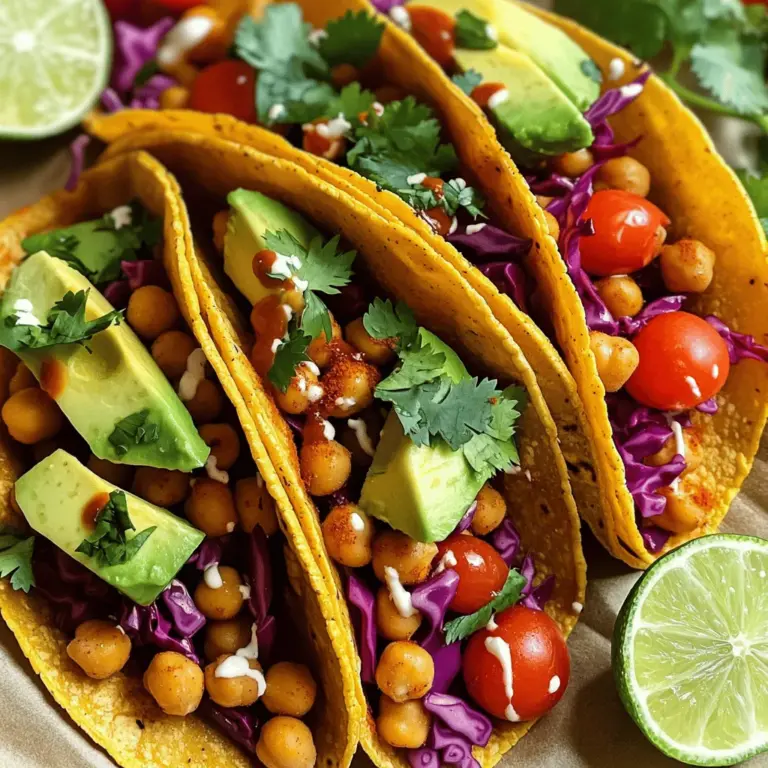 - 1 can (15 oz) chickpeas, rinsed and drained - Spices: chili powder, cumin, smoked paprika, cayenne pepper - Olive oil and seasoning: salt and pepper to taste To make spicy chickpea tacos, you need some key items. The main star is a can of chickpeas. Chickpeas are packed with protein and fiber. They give the tacos a hearty feel. You will also need a mix of spices. Chili powder, cumin, smoked paprika, and cayenne pepper create a warm and zesty flavor. Olive oil helps to cook the chickpeas and adds richness. Lastly, season with salt and pepper to taste. - Sliced avocado - Shredded red cabbage - Halved cherry tomatoes and chopped cilantro Toppings add freshness and crunch. Sliced avocado brings creaminess to the dish. Shredded red cabbage adds a nice crunch and color. Halved cherry tomatoes add sweetness. Don’t forget the chopped cilantro for a burst of flavor. These toppings make each bite exciting. - 8 small corn tortillas - Lime wedges and optional hot sauce For the base, choose small corn tortillas. They hold the filling well and have a great taste. Serve your tacos with lime wedges. A squeeze of lime adds brightness. If you like heat, optional hot sauce can elevate the flavor. This combination makes for a fun and tasty meal. For the full recipe, check out [Full Recipe]. First, take a medium bowl and mash half of the chickpeas. Use a fork or potato masher for this. You want a mix of chunky and smooth chickpeas. This mix gives the tacos great texture. Next, heat 1 tablespoon of olive oil in a skillet over medium heat. The oil should shimmer but not smoke. Add both the mashed and whole chickpeas to the skillet. This will help them crisp up nicely. Now, sprinkle the spices over the chickpeas. Use 1 teaspoon of chili powder, 1/2 teaspoon of cumin, 1/2 teaspoon of smoked paprika, and 1/4 teaspoon of cayenne pepper. Don't forget to add salt and pepper to taste. Stir well to combine everything. Cook this mixture for about 5 to 7 minutes. You want the chickpeas to heat through and get a little crispy. Keep stirring to prevent sticking. The aroma will be amazing! While the chickpeas cook, warm your corn tortillas. Heat them in a separate pan for about 30 seconds on each side. This makes them soft and easy to fold. Now, it’s time to assemble! Place a generous scoop of the spiced chickpeas onto each tortilla. Layer on sliced avocado, shredded cabbage, halved cherry tomatoes, and chopped cilantro. For the finishing touch, serve with lime wedges and a drizzle of hot sauce if you like extra heat. Enjoy your tasty spicy chickpea tacos! For more details on how to make these, check the Full Recipe. To boost flavor in your spicy chickpea tacos, adjust the cayenne pepper. If you like more heat, add a little more. For a milder taste, reduce it. You can also try adding fresh herbs. Cilantro and parsley work well. Other spices, like garlic powder or onion powder, can add depth too. Experiment with these to find your perfect mix. Getting crispy chickpeas is easy. After cooking, let them sit in the skillet for a minute. This helps them crisp up. You can also dry the chickpeas well before cooking. For warming tortillas, heat them on a skillet for about 30 seconds on each side. This makes them soft and easy to fold. Avoid overcooking them, or they may break. Pair your tacos with fresh sides. A simple salad or some rice can complete the meal. You can customize your toppings too. Try adding diced red onion or pickled jalapeños. Hot sauce is great for extra spice. Lime wedges add freshness, so don’t skip them. For a fun twist, swap out the chickpeas for black beans or lentils. For the full recipe, check out the details above. {{image_2}} You can easily make spicy chickpea tacos vegetarian or vegan. Swap in different legumes like black beans or lentils. They add protein and flavor. You can also mix in veggies like bell peppers or zucchini for extra crunch. For toppings, use vegan sour cream or cashew cream instead of dairy. This keeps it creamy while staying plant-based. You can even add pickled onions or radishes for a tangy twist. To change the heat level, you have options. For milder tacos, reduce the cayenne pepper. Alternatively, you can skip the hot sauce. If you want more heat, add extra cayenne or use a spicier hot sauce. Other options include fresh jalapeños or chili flakes. These can add heat without changing the taco's base flavor. You can use flour tortillas instead of corn if you prefer them. They make the tacos softer and are easy to roll. For gluten-free options, try corn or brown rice tortillas. Both types hold the filling well. Choose what suits your taste and diet best. Enjoy your tacos with your favorite tortilla style! To keep your spicy chickpea tacos fresh, seal leftovers in an airtight container. Place the container in your fridge. They stay good for about 3 days. For the best taste, store the chickpeas and toppings separately. This helps keep everything fresh and tasty. When reheating chickpeas, use a skillet over medium heat. Stir them often until they are hot. This method keeps them crispy. For tortillas, heat them in a dry pan for about 15 seconds per side. This way, they won't get soggy when you add the chickpeas. Yes, you can freeze this dish! Store the chickpeas in a freezer-safe bag. They will stay fresh for about 2 months. When you want to eat them, thaw the chickpeas in your fridge overnight. Reheat them in a skillet before serving. Enjoy your spicy chickpea tacos again and again with these easy steps! For the full recipe, check out the cooking guide above. Spicy chickpea tacos can last in the fridge for about three days. Store them in an airtight container. However, the texture of the tortillas may change after a day. To keep them fresh, store the chickpea filling and toppings separately from the tortillas. Reassemble the tacos just before eating for the best taste. Yes, you can use canned chickpeas. They save time and are easy to use. Just rinse and drain them before cooking. Canned chickpeas are already cooked, so you only need to warm them with the spices. This makes your cooking process quick and simple. To make these tacos more filling, consider adding protein. Here are some great options: - Grilled chicken or shrimp - Black beans or lentils - Sautéed mushrooms or tofu - Cheese or a dollop of Greek yogurt These additions boost the protein and help keep you satisfied longer. Enjoy experimenting with different toppings! This blog post showed you how to make spicy chickpea tacos with easy steps. We covered the main ingredients, from chickpeas to tasty toppings. I shared tips to boost flavor and texture, plus diverse topping options. Storing and reheating are simple, so leftovers stay fresh. These tacos are fun to customize and healthy too. Enjoy creative meals that fit your taste. Happy cooking!
