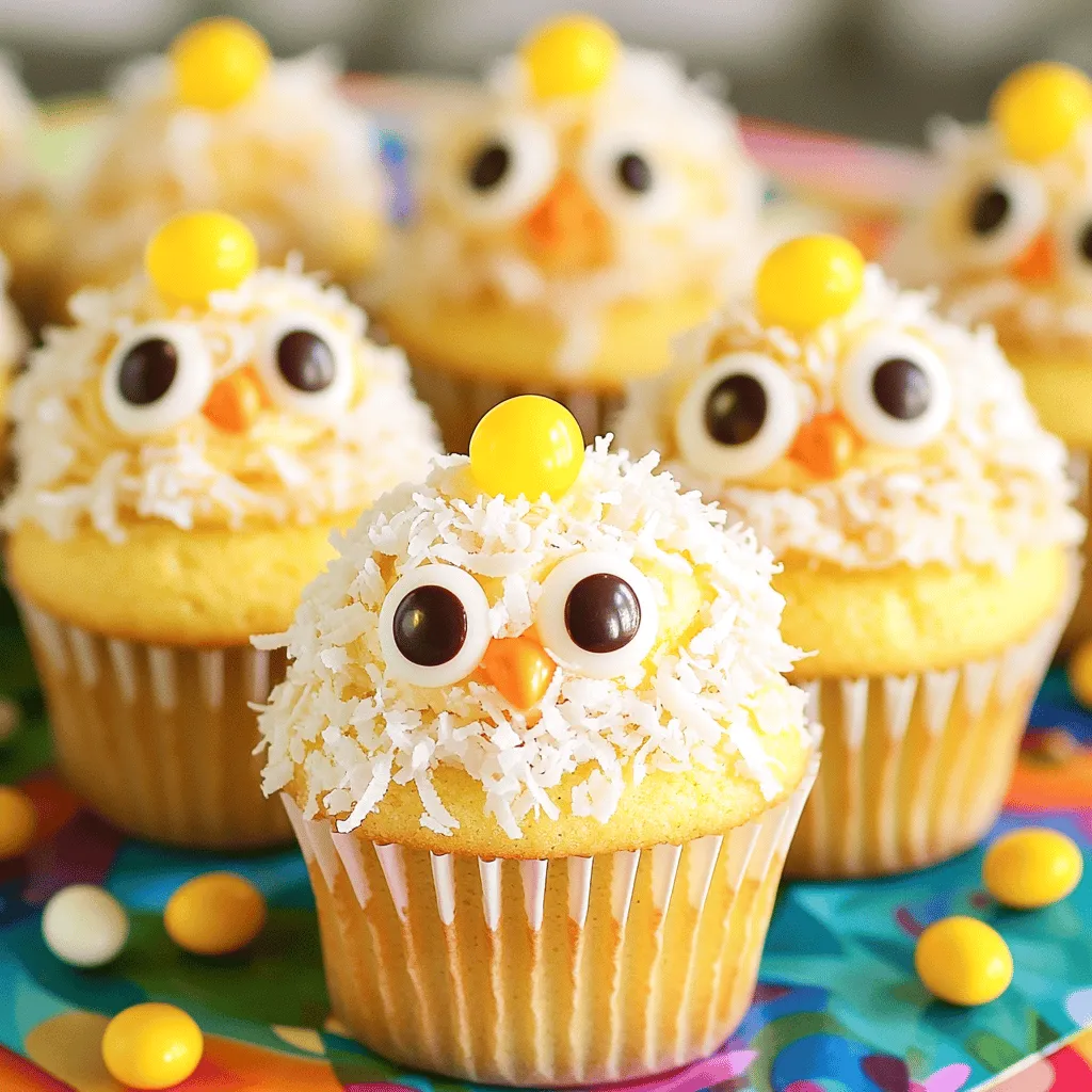 To make Easter chicks cupcakes, you need simple ingredients. This fun recipe creates 12 yummy cupcakes. Each cupcake is cute and perfect for spring. Here is a list of the main baking ingredients you will need: - 1 ¾ cups all-purpose flour - 1 ½ teaspoons baking powder - ½ teaspoon baking soda - ¼ teaspoon salt - ½ cup unsalted butter, softened - 1 cup granulated sugar - 2 large eggs - 2 teaspoons vanilla extract - 1 cup buttermilk - Yellow food coloring These ingredients create a soft and moist cupcake that everyone will love. Now, let's add some fun decorations. Here are the items you will need: - 1 cup buttercream frosting (store-bought or homemade) - ½ cup shredded coconut - Candy eyes - Mini chocolate chips - Yellow jelly beans (for decoration) These toppings help make your cupcakes look like little chicks. The coconut gives a fuzzy look, while the jelly beans add a fun hat. Enjoy the process of decorating; it’s where your creativity shines! To start, preheat your oven to 350°F (175°C). Line a cupcake pan with paper liners. In a medium bowl, whisk together the flour, baking powder, baking soda, and salt. Set this mix aside for later. In a large mixing bowl, beat the softened butter and granulated sugar with an electric mixer. You want it to be light and fluffy, which takes about 3-4 minutes. Now, add the eggs one at a time, mixing well after each. Stir in the vanilla extract next. Gradually add the dry mix and buttermilk to the butter mixture. Start and end with the dry mix. Mix until just combined. Now, add a few drops of yellow food coloring and stir until you reach the shade you like. Once your batter is ready, fill each cupcake liner about two-thirds full. Bake the cupcakes in your preheated oven for 18-20 minutes. To check if they are done, insert a toothpick in the center. If it comes out clean, they are ready. Allow the cupcakes to cool completely on a wire rack before frosting. This step is key, as hot cupcakes can melt the frosting. While the cupcakes cool, prepare the buttercream frosting. You can either make it from scratch or use store-bought frosting. Once the cupcakes are cool, spread a generous layer of frosting on each one. Next, press shredded coconut onto the frosting to create a soft, fuzzy look. Now comes the fun part! Use the buttercream to attach candy eyes and mini chocolate chips to create the chick's face. For an extra cute touch, place a yellow jelly bean on top as a little hat. These steps transform simple cupcakes into delightful Easter chicks. To see the full recipe, check out the details above. To get soft and fluffy cupcakes, use room-temperature ingredients. This allows the butter and sugar to blend better. Mix until just combined to avoid dense cupcakes. Over-mixing can lead to tough texture. Always measure your flour correctly to prevent dry batter. Use a kitchen scale for accuracy if you can. For the cutest chicks, spread frosting thickly. Use a spatula to create a smooth surface. Press shredded coconut into the frosting for a fuzzy look. Place candy eyes carefully to give each chick personality. Add mini chocolate chips for the beak. Finish with a yellow jelly bean on top as a fun hat. One common mistake is not cooling cupcakes fully before frosting. This can melt the frosting and make it runny. Another mistake is skipping the food coloring. It adds a festive touch that makes all the difference. Also, be cautious with the coconut. Too much can hide your cute chicks! For the Full Recipe, check back for the detailed steps to make these adorable Easter Chicks Cupcakes. Enjoy your baking! {{image_2}} You can make gluten-free Easter chicks cupcakes using gluten-free flour. Simply swap all-purpose flour for a gluten-free blend. This change helps keep the texture light and fluffy. Ensure your baking powder is gluten-free, too. Follow the rest of the recipe as is. These gluten-free treats will still be fun and tasty. To create vegan-friendly cupcakes, replace eggs with flax eggs. Mix one tablespoon of ground flaxseed with three tablespoons of water. Let it sit for a few minutes until it thickens. Use plant-based butter and non-dairy milk instead of regular butter and buttermilk. This will keep the cupcakes moist and delicious. They’ll still look like cheerful chicks! If you want a twist on the frosting, try using cream cheese frosting. It adds a tangy flavor that pairs well with the sweetness. For a lighter option, consider whipped coconut cream. This will give a fluffy texture and a hint of coconut flavor. You can also add colors to your frosting for a fun look. Each variation can give your Easter chicks cupcakes a unique taste and style. For the full recipe, check the earlier sections. To keep your Easter Chicks Cupcakes fresh, place them in an airtight container. Make sure the cupcakes are fully cooled before you store them. If they are not cooled, condensation can form and make them soggy. You can keep them at room temperature for up to three days. If you want to save them longer, consider freezing. Freezing cupcakes is easy and effective. First, wrap each cupcake tightly in plastic wrap to prevent freezer burn. Then, place them in a freezer-safe bag or container. You can freeze these cupcakes for up to three months. When you are ready to enjoy them, let them thaw in the fridge overnight. For the best taste, only frost what you will eat right away. Frosting can lose its texture over time. If you have leftover frosting, store it in a separate airtight container. You can keep it in the fridge for up to one week. To refresh the frosting, just give it a quick stir before using it again. Yes, you can make the batter ahead. Store it in the fridge for up to 24 hours. Just cover it well in a bowl or a bag. When you're ready, bring it to room temp before baking. This helps the cupcakes rise nicely. If you don't have buttermilk, no problem! You can use plain yogurt or sour cream mixed with water. Mix one cup of yogurt with a little water until it's smooth. You can also mix milk with vinegar or lemon juice. Use one cup of milk and add one tablespoon of vinegar, then let it sit for five minutes. These cupcakes stay fresh for about three days at room temperature. Keep them in a covered container to help them last. If you want them to last longer, put them in the fridge for up to a week. Just remember, the frosting may not be as fresh after that. Absolutely! You can use any colors you like for decorating. Just switch up the food coloring to create fun and bright chicks. Use pastel colors for a softer look, or go bold with bright shades. Let your creativity shine during this festive time! You now have all you need to bake delicious Easter Chick Cupcakes. We covered key ingredients, step-by-step instructions, and helpful tips. Remember, perfect texture and fun decorations will impress everyone. Explore tasty variations like gluten-free and vegan options. Store your treats right to keep them fresh. Don’t hesitate to try new flavors and colors. Baking should be fun, so enjoy every moment of it! Happy baking, and may your cupcakes bring joy to all!