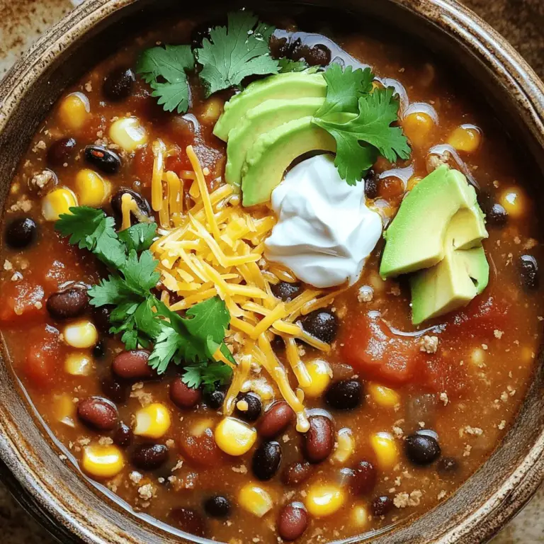 For a tasty taco soup, you need a few key items. - 1 lb ground beef (or turkey, for a lighter version) - 1 medium onion, diced - 2 cloves garlic, minced - 1 can (15 oz) black beans, rinsed and drained - 1 can (15 oz) kidney beans, rinsed and drained - 1 can (15 oz) diced tomatoes with green chilies - 1 can (15 oz) corn, drained - 2 cups beef or chicken broth - 1 packet taco seasoning - 1 teaspoon cumin - Salt and pepper to taste These ingredients create a hearty base. The ground meat adds flavor, while beans and veggies give it a nice texture. The tomatoes and broth keep every bite juicy. Toppings can elevate your soup. Here are some fun choices: - Shredded cheese - Sour cream - Fresh herbs, like cilantro - Sliced avocado - Tortilla chips Feel free to mix and match these toppings. They add creaminess and crunch. You can even turn the soup into a fun dish for family or friends. This way, everyone can personalize their bowl. For the full recipe, check out the details above. Cooking the meat Start by heating a large pot or Dutch oven on medium heat. Add 1 lb of ground beef or turkey. Cook until it turns brown and is fully cooked. If you see extra fat, drain it off. This step is key for a good base. Sautéing the vegetables Next, add 1 medium diced onion and 2 minced garlic cloves to the pot. Stir them in and cook for about 3 to 4 minutes. You want the onions to turn soft and clear. This adds flavor and depth to your soup. Mixing in beans and tomatoes Now it’s time to add the fun stuff! Stir in 1 can of black beans, 1 can of kidney beans, and 1 can of diced tomatoes with green chilies. Don’t forget to add 1 can of drained corn. Mix well. The colors and textures will begin to come together. Adding broth and seasoning Pour in 2 cups of beef or chicken broth. Then add 1 packet of taco seasoning and 1 teaspoon of cumin. Stir until everything is mixed. This is where the magic happens! The flavors build up and create that tasty taco vibe. Simmering the soup Bring the soup to a gentle simmer. Lower the heat and let it cook for 15 to 20 minutes. Stir occasionally. This will help blend the flavors nicely. You’ll love the smell as it fills your kitchen. Adjusting seasoning Finally, taste your soup. This is your moment! Add salt, pepper, or more taco seasoning if you want. Make it your own! When it tastes just right, it’s ready to serve hot. Enjoy your Quick & Easy Taco Soup! For the full recipe, check out the [Full Recipe]. - Using pre-cooked ingredients: If you want to save time, use cooked meat. You can buy pre-cooked ground beef or turkey. This cuts cooking time in half. Just heat it up with the other ingredients. - Prep and cook simultaneously: While you brown the meat, chop your veggies. This way, you do two tasks at once. It makes cooking quicker and more fun. - Choosing quality taco seasoning: Not all taco seasoning is the same. Pick a brand that uses real spices, not fillers. This choice can boost the taste of your soup. You can also make your own mix for a personal touch. - Adding fresh herbs or spices: Fresh cilantro, lime juice, or even jalapeños can brighten the soup. Just a sprinkle can make a big difference. Don’t be shy to experiment! - Best ways to garnish: Top your soup with shredded cheese, a dollop of sour cream, or sliced avocado. These toppings add creaminess and flavor. Crushed tortilla chips can give a nice crunch too. - Pairing with sides or drinks: Serve the soup with corn bread or tortilla wraps. A refreshing drink like lemonade or iced tea pairs well too. This makes for a complete meal that everyone will love. For more detailed steps, check out the Full Recipe. {{image_2}} You can easily make taco soup vegetarian or vegan. Just substitute beans for meat. Use a mix of black beans and kidney beans. This adds protein and keeps it filling. Swap out beef broth for vegetable broth. This keeps your flavors rich without meat. Want more heat? Add jalapeños or hot sauce to the mix. Start with a little, then taste. This lets you control the spice. You can also experiment with different seasonings. Try adding cayenne pepper or paprika for a unique twist. Feel free to use chicken or pork instead of beef. Both meats work well and add great flavor. You can also incorporate other vegetables. Chopped bell peppers or corn make great additions. These swaps keep the soup fresh and interesting. For the full recipe, check out the Quick & Easy Taco Soup. After you enjoy your taco soup, store any leftovers in an airtight container. This keeps the soup fresh. It will last in the fridge for up to 3 days. When you want to reheat, pour it into a pot. Heat it over medium until warm, about 5-10 minutes. Stir it often to avoid burning. You can also microwave it in short bursts, stirring in between. This helps heat evenly. If you want to save taco soup for later, freezing is a great option. Start by letting it cool down completely. Then, pour it into freezer-safe containers. Leave some space at the top because it will expand when frozen. You can write the date on the container for easy tracking. Taco soup can last in the freezer for about 3 months. When you want to eat it, thaw it overnight in the fridge. Then, reheat it like before. This way, you'll have a tasty meal ready to go anytime. For the full recipe, check out the Quick & Easy Taco Soup guide! Yes, you can use various meats in taco soup. Ground turkey is a great lighter choice. Ground chicken also works well. If you want a richer flavor, try using beef. You can even use shredded chicken or pork for a new twist. Just ensure the meat is cooked properly before adding other ingredients. This flexibility makes taco soup fun and easy to customize! Taco soup lasts about 3 to 4 days in the fridge. Store it in an airtight container to keep it fresh. Make sure to cool it down before you seal it. If you notice any odd smell or change in color, it's best to throw it out. Reheat on the stove or in the microwave until it's hot. This ensures you enjoy it safely. Absolutely! Using a slow cooker makes this recipe even easier. First, brown the meat in a pan. Then, add it to the slow cooker with all the other ingredients. Cook on low for 6 to 8 hours or on high for 3 to 4 hours. The slow cooker allows the flavors to blend nicely, giving you a rich taste. You can enjoy a warm bowl of soup without much effort! Check out the Full Recipe for more details. Taco soup is simple and fun to make. You learned about main ingredients like ground meat, beans, and tasty seasonings. I shared steps for preparation, mixing, and simmering the soup for great flavor. Tips helped speed up cooking and enhance taste. You can even explore veggie options and swap ingredients. In summary, taco soup is versatile and perfect for everyone. Try different toppings and serve it with sides. Enjoy creating your own delicious versions!