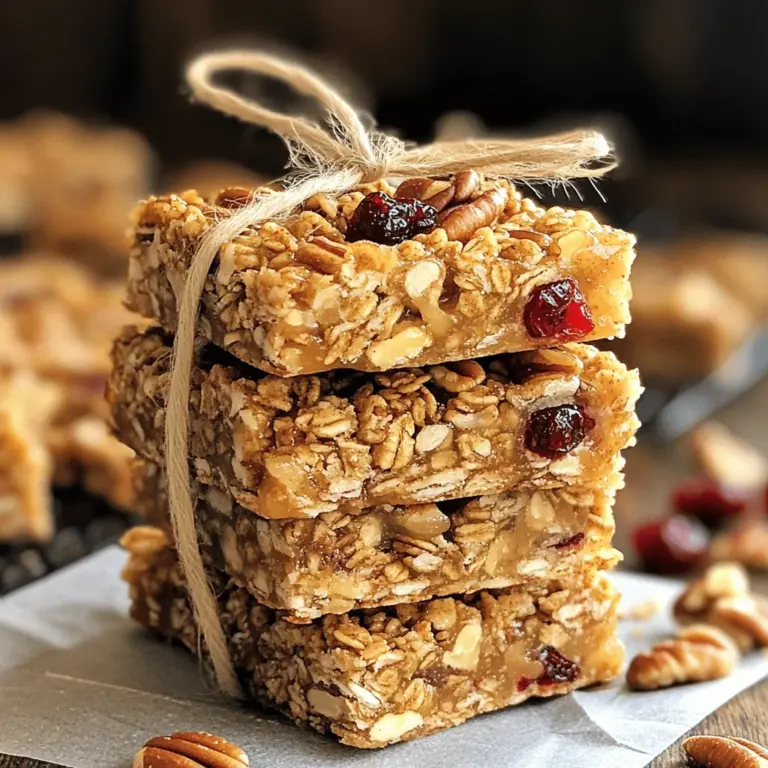 - 2 cups rolled oats - 1 cup pecans, roughly chopped - 1/2 cup almond butter (or any nut butter) - 1/2 cup pure maple syrup - 1/4 teaspoon salt - 1/2 teaspoon cinnamon - 1/2 cup dried cranberries or raisins - 1/4 cup dark chocolate chips (optional) - 1 teaspoon vanilla extract These ingredients come together to make a tasty treat. You’ll find that the rolled oats form a solid base. I love using pecans for their rich, buttery flavor. Almond butter adds creaminess and binds the mix well. Pure maple syrup gives the bars a natural sweetness. Salt and cinnamon enhance the flavors, making them pop. Dried cranberries or raisins add a chewy texture and a fruity taste. If you want a chocolatey twist, add dark chocolate chips. When you gather these ingredients, make sure they are fresh. Fresh nuts give a better crunch. Quality maple syrup makes a big difference in taste. You can find the full recipe at the end to guide you through the steps. Each serving has about 150 calories. - Calories per serving: 150 - Carbohydrates: 20g - Protein: 4g - Fat: 7g - Fiber: 2g - Sugar: 6g These bars are a balanced snack. They provide good energy, thanks to healthy fats and carbs. Plus, they are packed with nutrients from the oats and nuts. Enjoy them anytime for a boost! 1. Preheat your oven to 350°F (175°C). 2. Line an 8x8 inch baking dish with parchment paper. Leave some overhang. This makes it easy to remove the bars later. 3. In a large bowl, mix the rolled oats, chopped pecans, salt, and cinnamon. Make sure to stir well. 4. In another bowl, whisk together the almond butter, maple syrup, and vanilla extract. Mix until smooth. 1. Pour the wet mixture over the dry mix. Stir until everything is coated well. 2. If you wish, gently fold in the dried cranberries or raisins and dark chocolate chips. 3. Transfer the mixture to the prepared baking dish. Press it down firmly with a spatula or your hands. Make sure it’s even. 4. Bake for 20-25 minutes. Check for golden edges to know it's done. 1. Let the granola cool in the pan for about 10 minutes. 2. Use the parchment overhang to lift it from the dish. 3. Allow it to cool completely on a wire rack before cutting. 4. Cut into bars or squares for easy snacking. Store in an airtight container for up to a week. For the complete recipe, check the [Full Recipe]. Getting the measurements right is key. Use a kitchen scale for precision. Too much of one ingredient can change the texture. To get that perfect chewy bar, pack the mixture tightly. Press it down firmly into the baking dish. You want it to hold together when cut. You can serve these bars in fun ways. Stack them in a pretty jar for a snack display. Wrap them in parchment paper for easy grab-and-go treats. Drizzle some extra maple syrup on top for added flavor. They also taste great with a side of yogurt. Be careful not to overbake your granola bars. If you do, they will turn hard and dry. Keep an eye on the edges; they should be golden, not burnt. Also, be cautious with substitutions. Using a different nut butter may alter the taste and texture. Stick to the recipe for the best results. {{image_2}} You can make these bars more fun and tasty. Try adding different nuts or seeds. Walnuts, almonds, or sunflower seeds work well. Mix and match to find your favorite blend! You can also include dried fruits. Chopped apricots or figs add a sweet twist. You could even toss in some mini chocolate chips for extra joy. If you want a different sweetener, honey is a great choice. It adds a nice flavor too. You can also make nut-free versions of these bars. Use sun butter or pumpkin seed butter instead of almond butter. These options still taste good and keep the bars chewy. For those who avoid gluten, use certified gluten-free oats. This keeps the bars safe for all. If you want a vegan treat, make sure to use maple syrup and a plant-based butter. This way, everyone can enjoy these yummy snacks! Check out the Full Recipe for details on how to make these delicious bars. Store your maple pecan granola bars in airtight containers. This keeps them fresh and tasty. Air can make them go stale quickly. An airtight container helps protect them from moisture and air. Your bars will stay good for up to a week. For the best taste, eat them within five days. You can freeze granola bars for long-term storage. Wrap each bar in plastic wrap. Then, place them in a freezer-safe bag. This keeps them safe from freezer burn. You can freeze them for up to three months. To thaw, simply leave them at room temperature for a few hours. You can also heat them in the microwave for a quick snack. Enjoy your homemade treats anytime! For the [Full Recipe], check it out. Homemade granola bars last about one week when stored in an airtight container. Make sure to keep them in a cool, dry place. If you want to keep them longer, you can freeze them. They last up to three months in the freezer. Yes, you can use different nut butters. Almond butter, peanut butter, or cashew butter all work well. Each nut butter brings its unique flavor, so feel free to experiment! Granola bars can be too crumbly if there isn't enough binding. Make sure you add enough nut butter and maple syrup. Press the mixture down firmly into the baking dish. This helps them stick together better. To cut granola bars, let them cool for about ten minutes. Use a sharp knife to slice them into bars. You can also use a pizza cutter for clean edges. If the bars stick, run the knife under warm water for easier cutting. You can make these bars without maple syrup. Use honey or agave syrup as an alternative. The flavor will change slightly, but they will still be delicious. Just keep the same amount for good binding. For the full recipe, check the details above. You learned how to make tasty and healthy granola bars. We covered the ingredients, step-by-step instructions, and tips for perfect results. I shared variations that let you customize the bars to suit your taste and diet. Remember to store them right for lasting freshness. With this knowledge, you're ready to create your snacks at home. Enjoy making these delicious bars, and make them your own!
