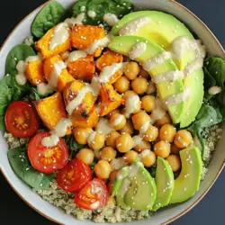 - 1 cup quinoa - 2 cups vegetable broth or water - 1 can (15 oz) chickpeas - 1 medium sweet potato, diced - 2 cups spinach or kale, chopped - 1 avocado, sliced - 1 cup cherry tomatoes, halved - 1 tablespoon olive oil - 1 teaspoon smoked paprika - 1 teaspoon garlic powder - Salt and pepper to taste - 2 tablespoons tahini - 2 tablespoons lemon juice - 1 tablespoon maple syrup - 1 tablespoon sesame seeds The first step is to gather these ingredients. Quinoa serves as the base, providing protein and fiber. You can mix it with vegetable broth to enhance its flavor. The chickpeas add more protein and a nice texture. Sweet potatoes give a sweet touch and are rich in vitamins. Spinach or kale adds greens, making your bowl colorful and nutritious. Avocado brings creaminess, while cherry tomatoes add freshness. For flavor, you need olive oil, smoked paprika, garlic powder, salt, and pepper. These seasonings create depth in taste. Tahini, lemon juice, and maple syrup combine to make a tasty dressing. This drizzle ties all the flavors together. When you prepare your Vegan Buddha Bowl, remember that each ingredient adds its unique taste and nutrition. You can find the full recipe to guide you through the steps. - Preheat the oven to 400°F (200°C). - Rinse the quinoa under cold water. Cook quinoa in a pot with vegetable broth or water. Bring to a boil, then reduce heat. Cover and simmer for about 15 minutes until fluffy. - Toss diced sweet potatoes with olive oil, smoked paprika, garlic powder, salt, and pepper. - Spread sweet potatoes on a baking sheet. Roast in the oven for 20-25 minutes until tender and slightly caramelized. - Heat a skillet over medium heat. Add drained and rinsed chickpeas. - Sauté chickpeas for about 5 minutes. They should be warm and slightly crispy outside. - In a small bowl, whisk together tahini, lemon juice, maple syrup, and a pinch of salt. - If the dressing is too thick, add a splash of water until it reaches your desired consistency. - Start with a base of quinoa in a large bowl. - Layer in roasted sweet potatoes, sautéed chickpeas, chopped greens, avocado slices, and halved cherry tomatoes. - Drizzle the tahini dressing over the top. Sprinkle sesame seeds for added crunch. You can find the full recipe above to guide you through these steps! - To achieve fluffy quinoa, rinse it well before cooking. This removes the bitter outer layer called saponin. Use a pot with a lid. Add quinoa and vegetable broth. Bring it to a boil, then reduce heat. Let it simmer for about 15 minutes. Fluff with a fork when done. - For perfectly roasting sweet potatoes, preheat your oven to 400°F (200°C). Cut sweet potatoes into even pieces. Toss them with olive oil, smoked paprika, garlic powder, salt, and pepper. Spread them on a baking sheet. Roast for 20-25 minutes until they are tender and golden. - Arrange ingredients for visual appeal by layering them neatly. Start with quinoa as the base. Add greens, followed by sweet potatoes, chickpeas, and avocado. Place cherry tomatoes on top for color. - Incorporate fresh herbs for garnish. Parsley or cilantro adds a pop of green and freshness. Sprinkle them on top just before serving. - You can customize the tahini dressing thickness. If it is too thick, add a splash of water or more lemon juice. Adjust until you reach your desired consistency. - Add spices for a flavor boost. Try a pinch of cayenne, cumin, or black pepper to give your dressing an extra kick. This enhances the overall taste of your Buddha bowl. For the full recipe, check out the [Full Recipe]. {{image_2}} You can swap chickpeas for lentils or tofu. Lentils cook fast and add fiber. Tofu gives a hearty texture. You can also add tempeh or edamame for extra protein. Both options boost your bowl's protein content and flavor. Instead of quinoa, try brown rice, farro, or barley. These grains bring unique tastes and textures. If you're looking for a low-carb option, cauliflower rice works great. It’s light and soaks up flavors well. Experiment with different dressings or sauces. A spicy peanut sauce or ginger dressing adds a kick. You can also add nuts or seeds for crunch. Almonds or sunflower seeds give a nice texture and extra nutrients. Feel free to get creative with these ideas to make your Vegan Buddha Bowl even more delicious. Check the Full Recipe to see how these variations fit in! To store leftovers, place your Buddha bowl in an airtight container. Keep it in the fridge. This will keep the flavors fresh. The shelf life of the components is about 3 to 5 days. Quinoa can last up to a week. Sweet potatoes and chickpeas stay good for the same time. Greens like spinach or kale should be used within 3 days for best taste. You can freeze components of your Buddha bowl. Quinoa and chickpeas freeze well. Spread them on a baking sheet first. Once frozen, transfer them to freezer bags. Sweet potatoes can also be frozen, but they may lose some texture. For meal prep, thaw overnight in the fridge. This keeps everything safe and tasty. To reheat quinoa, add a splash of water. Microwave it for 1 to 2 minutes. For vegetables, use a skillet over medium heat. This keeps the flavors intact. Stir often until warm. Avoid reheating multiple times to maintain taste and texture. Enjoy your vibrant Vegan Buddha Bowl fresh and delicious! A Vegan Buddha Bowl is a colorful meal. It includes grains, veggies, and proteins. You can make it in many ways. The base is often quinoa, rice, or farro. You add roasted veggies like sweet potatoes. Chickpeas or beans add protein. Fresh greens like spinach or kale give crunch. Avocado adds creaminess. Top it with a tasty dressing for flavor. This dish is not only healthy but also fun to make! Yes, you can easily make this recipe gluten-free. Swap quinoa with brown rice or millet. You can also use gluten-free oats if you want. Make sure to check all labels when buying ingredients. This ensures they are gluten-free. Enjoy the same great taste without gluten! You can make this bowl your own! Start by changing the base grain. Use farro, rice, or even cauliflower rice. Next, add your favorite veggies. Try roasted carrots, zucchini, or bell peppers. For protein, swap chickpeas for lentils or tofu. You can mix and match as you like. Get creative with toppings, too! Nuts and seeds add a nice crunch. A Vegan Buddha Bowl is packed with nutrients. Quinoa provides protein and fiber. Sweet potatoes offer vitamins A and C. Chickpeas add more protein and iron. Greens like spinach are full of vitamins and minerals. Healthy fats come from avocado. This dish gives you energy and supports your health. Yes, this recipe is great for meal prep! Cook all components in advance. Store them in airtight containers. Keep grains, veggies, and dressing separate to stay fresh. You can combine them when ready to eat. This makes for quick and easy meals all week long. Enjoy the flavors whenever you want! This blog post covered how to create a tasty Vegan Buddha Bowl. We explored the main ingredients, like quinoa, sweet potatoes, and chickpeas. I shared steps for cooking, assembling, and enhancing your bowl's flavor. Remember, you can customize this dish to fit your taste and nutritional needs. Use the tips for perfecting each component and store leftovers wisely. Enjoy making this healthy meal that’s both delicious and fun to create!