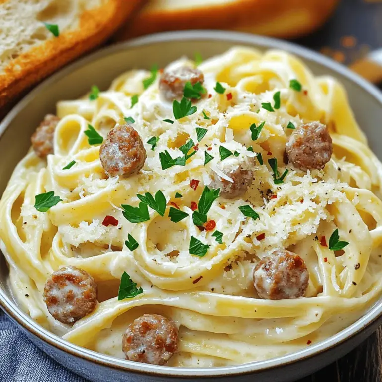 To make this creamy dish, you need: - 8 oz fettuccine pasta - 1 lb Italian sausage (mild or spicy, your choice) - 2 tablespoons olive oil - 3 cloves garlic, minced - 1 cup heavy cream - 1 cup freshly grated Parmesan cheese - 1 teaspoon Italian seasoning - Salt and pepper to taste - Fresh parsley, chopped (for garnish) - Crushed red pepper flakes (optional, for a spicy kick) If you're missing an ingredient, here are some swaps: - Use penne or rotini pasta instead of fettuccine. - Ground turkey or chicken can replace the Italian sausage. - For a lighter sauce, try half-and-half instead of heavy cream. - Nutritional yeast can stand in for Parmesan cheese for a vegan option. - Use vegetable broth instead of olive oil for a lighter flavor. This dish can fit various diets with some changes: - To make it gluten-free, use gluten-free pasta. - For a vegan option, use plant-based sausage, coconut cream, and nutritional yeast. - Check labels to ensure your ingredients are dairy-free if needed. - This recipe can easily adjust to be lower in fat by using low-fat cream or less cheese. For those interested in the Full Recipe, check the section above. Start by filling a large pot with water. Add a good amount of salt, about one tablespoon. Bring the water to a rolling boil. Add the fettuccine pasta. Cook it according to the package directions until it is al dente. This means it should be firm but not hard. Stir the pasta occasionally to keep it from sticking. Once done, drain the pasta in a colander. Remember to save one cup of the pasta water for later. This water can help loosen your sauce. Use a large skillet for this step. Heat two tablespoons of olive oil over medium heat. Take the Italian sausage out of its casing. Crumble it into the hot skillet. Spread it evenly in the pan so it cooks well. Let it brown for about 5 to 7 minutes. You want it to be cooked through and have a nice golden color. Stir it occasionally to ensure it cooks evenly. This adds great flavor to your dish. After the sausage is cooked, add minced garlic to the skillet. Sauté it for about one minute. Then, lower the heat to medium-low. Pour in one cup of heavy cream slowly while stirring. Add half of the freshly grated Parmesan cheese and one teaspoon of Italian seasoning. Mix until the cheese melts and the sauce is creamy. If the sauce gets too thick, add a little of the reserved pasta water. This will help make it smooth and perfect for coating the pasta. Combine the cooked fettuccine with the sauce. Toss it well so every piece of pasta gets coated. Add salt and pepper to taste. If you love spice, sprinkle in some crushed red pepper flakes for a kick. For the complete recipe, check out the Full Recipe. When making sausage Alfredo pasta, avoid overcooking the fettuccine. This pasta should be al dente, firm but not hard. If you overcook it, the pasta can become mushy. Also, watch the sausage closely. It cooks fast. If it gets too brown, it may taste bitter. Finally, don’t rush the sauce. Stir slowly to blend everything well. To boost the flavor of your dish, try adding a touch of nutmeg to the sauce. This spice adds warmth and depth. You can also mix in sautéed spinach or sun-dried tomatoes for extra taste and color. For a kick, sprinkle in some crushed red pepper flakes. Fresh herbs like basil or thyme can also brighten the dish. Serve your sausage Alfredo pasta in shallow bowls. This way, everyone can enjoy the creamy sauce. Top each bowl with fresh parsley and a generous sprinkle of Parmesan cheese. It looks great and adds flavor. Pair the dish with garlic bread or a crisp salad for a full meal. Enjoy it right away for the best taste! {{image_2}} You can swap Italian sausage for vegetarian or vegan options. Look for plant-based sausage made from soy or lentils. They taste great and add similar flavors to the dish. If you want more texture, try using mushrooms. They can give a meaty feel without the meat. While fettuccine is classic, other pasta shapes work well too. You can use penne, rigatoni, or even spaghetti. Each shape holds the sauce differently, giving you new experiences with each bite. Choose whichever pasta you like best or have on hand. Add vegetables to boost nutrition and flavor. Spinach, broccoli, or bell peppers cook well in the sauce. Simply sauté them with the sausage for a tasty mix. You can also add frozen peas for a pop of color. These extras make your meal healthier and more colorful. To keep your leftover Sausage Alfredo Pasta fresh, place it in an airtight container. Make sure to let the pasta cool to room temperature before sealing it. This helps prevent moisture buildup, which can make it soggy. Store the container in the fridge for up to three days. When you are ready to enjoy your leftovers, use a skillet for reheating. Add a splash of milk or cream to help restore the creamy texture. Heat it on low, stirring often. This way, the sauce stays smooth and creamy. You can also microwave it, but be careful not to overheat. If you want to save your Sausage Alfredo Pasta for later, you can freeze it. Place the cooled pasta in a freezer-safe bag or container. Try to remove as much air as possible before sealing. It will stay good for up to three months. To thaw, place it in the fridge overnight or use the microwave on a low setting. After thawing, reheat as mentioned above for the best results. For the full recipe, check out the detailed instructions provided earlier! Yes, you can use different types of sausage! I love using Italian sausage, but you could try chicken, turkey, or even plant-based sausage. Each type brings its own taste. Just remember to adjust the cooking time if needed. For a milder flavor, choose sweet Italian. For a kick, go with spicy sausage. The choice is yours! To keep your Alfredo sauce smooth, don't let it boil. Cook it on low heat. Adding the cream slowly helps too. Stir constantly as you add cheese. If it gets too thick, mix in a bit of pasta water. This keeps the sauce creamy and delicious. To make your Sausage Alfredo Pasta gluten-free, swap regular pasta for gluten-free pasta. Many brands offer great options that taste amazing. Just follow the cooking times on the package. Enjoy the same creamy delight without the gluten! For the full recipe, click [here](#). You’ll find all the details you need to create this tasty dish! In this blog post, we covered all you need to make Sausage Alfredo Pasta. We explored ingredients, cooking steps, and the best tips to avoid mistakes. I shared ways to adjust the recipe for different diets and preferences. Remember, you can mix in your favorite veggies or try different pasta shapes. Storage tips help keep leftovers tasty. Enjoy your cooking and create a meal that suits your taste!