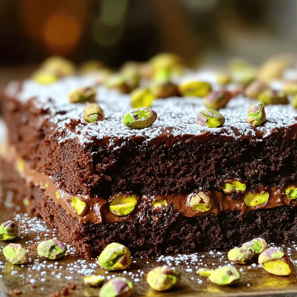 - 1 cup all-purpose flour - 1/2 cup unsweetened cocoa powder - 1 teaspoon baking powder - 1/2 teaspoon baking soda - 1/4 teaspoon salt - 1/2 cup unsalted butter, softened - 1 cup granulated sugar - 2 large eggs - 1 teaspoon vanilla extract - 1/2 cup buttermilk - 3/4 cup roasted unsalted pistachios, finely chopped - 1/2 cup dark chocolate chips - Optional: Powdered sugar for dusting Using high-quality ingredients makes a big difference in your cake. Fresh flour gives better texture. Good cocoa helps with rich chocolate flavor. Quality chocolate chips melt perfectly and add a creamy taste. Fresh eggs ensure your cake rises well. Pistachios add a unique crunch. They also bring a nice green color to the cake. Always choose unsalted pistachios for balance. This will prevent the cake from being too salty. Each ingredient plays a role in making this cake special. If you have dietary needs, there are options. You can use gluten-free flour instead of all-purpose flour. This keeps the flavor while making it gluten-free. For a dairy-free version, use almond milk instead of buttermilk. You can also swap butter for coconut oil. If you cannot find pistachios, walnuts or almonds work well. Just chop them finely to match the texture. Dark chocolate chips can be replaced with semi-sweet or milk chocolate for a sweeter taste. For those who want less sugar, try using a sugar substitute. This recipe is flexible and can fit many tastes. Use the [Full Recipe] for precise measurements and steps. Start by preheating your oven to 350°F (175°C). You want to get that heat just right. Next, take an 8-inch round cake pan and grease it with butter. Then, dust it lightly with flour. This step helps the cake slide out easily after baking. Grab a medium bowl and sift together the dry ingredients. Combine 1 cup of all-purpose flour, 1/2 cup of cocoa powder, 1 teaspoon of baking powder, 1/2 teaspoon of baking soda, and 1/4 teaspoon of salt. Sifting helps remove lumps and mixes everything well. Set this bowl aside for later. In a large bowl, take 1/2 cup of softened unsalted butter and 1 cup of granulated sugar. Use a hand mixer to beat them together until they look light and fluffy. This usually takes about 3 to 4 minutes. Make sure you scrape the sides of the bowl so everything mixes evenly. Now, it's time to mix the wet and dry ingredients. Add 2 large eggs to the butter-sugar mix, one at a time. Mix well after each egg. Then, stir in 1 teaspoon of vanilla extract. Gradually add the dry mix to this bowl, alternating with 1/2 cup of buttermilk. Start and end with the dry mix. Mix just until combined; don’t overdo it. Gently fold in 3/4 cup of finely chopped roasted pistachios and 1/2 cup of dark chocolate chips. Use a spatula to ensure they are evenly spread throughout the batter. This adds great flavor and texture to your cake. Pour the cake batter into the prepared pan. Smooth the top with your spatula. Place it in the oven and bake for 30 to 35 minutes. To check if it’s done, insert a toothpick into the center. If it comes out clean, your cake is ready. Once baked, remove the cake from the oven. Let it cool in the pan for 10 minutes before transferring it to a wire rack. Let it cool completely. If you want, dust the top with powdered sugar for a nice finish. You can also add whole pistachios for decoration. Enjoy your delicious creation! For the full recipe, check out the main article. To get a cake that is light and fluffy, you must cream the butter and sugar well. This process adds air to the mix. Use a hand mixer for about 3 to 4 minutes. Also, be careful not to over-mix when adding the dry ingredients. Mixing just until combined will help keep the cake tender. Adding buttermilk keeps the cake moist. The balance of dry and wet ingredients is key to your cake's texture. One mistake is not measuring ingredients correctly. Use proper measuring cups for dry and wet items. Another error is not sifting the dry ingredients. Sifting helps mix the cocoa and flour, ensuring no lumps. Also, avoid opening the oven door too soon. This can cause the cake to sink. Wait until the last 10 minutes of baking to check for doneness. To boost flavor, choose high-quality cocoa powder and dark chocolate chips. You can also add a pinch of espresso powder. This will enhance the chocolate taste without being too strong. Mixing in a bit of almond extract can add a lovely nutty note. Lastly, consider using fresh pistachios. Their crunch and flavor will shine through in every bite. For the full recipe, follow along with the detailed steps above! {{image_2}} You can make a gluten-free version of this cake easily. Substitute all-purpose flour with a gluten-free blend. Many blends work well in cakes. Just ensure it has a good mix of starches. You might need to add a bit of xanthan gum for better structure. This will help the cake rise and stay moist. The fun part about this cake is the toppings! You can keep it simple with a dusting of powdered sugar. If you want more flavor, try a cream cheese frosting. It pairs well with chocolate and adds a tangy touch. You can also use a ganache made from dark chocolate. Pour it over the cooled cake for a rich finish. For a crunchy texture, sprinkle more chopped pistachios on top. To boost the flavor of your cake, think about adding espresso powder. Just a teaspoon can enhance the chocolate without making it taste like coffee. Another idea is to add a splash of almond extract. This pairs nicely with pistachios and adds a unique twist. You can also mix in some orange zest for a fresh and bright note. Each of these options adds a new layer of taste to your Chocolate Pistachio Cake. For the full recipe, refer back to the earlier section. After you enjoy your Chocolate Pistachio Cake, store any leftovers in an airtight container. This keeps it fresh and moist. If you don’t have a container, you can cover it tightly with plastic wrap. Make sure to put it in a cool, dry place. This way, you can enjoy your cake for days. Want to save your cake for later? You can freeze it! First, let the cake cool completely. Then, slice it into individual pieces. Wrap each slice in plastic wrap, then place them in a freezer-safe bag. Label the bag with the date. When you’re ready to eat, simply thaw it in the fridge overnight. This cake stays fresh at room temperature for about 3 to 4 days. For the best taste, eat it within this time. If you freeze it, it can last up to 3 months. Just remember to check for quality. If it looks or smells off, it’s best to toss it. Enjoy your cake, whether fresh or frozen! Serve this cake warm or at room temperature. Slice it into wedges and place on plates. You can add a dollop of whipped cream or a scoop of vanilla ice cream. A sprinkle of extra chopped pistachios or a dusting of powdered sugar looks great too. This makes each slice fun and inviting. Yes, you can make this cake a day in advance. Just store it in an airtight container. Keep it at room temperature if you plan to serve it soon. If you want to keep it longer, wrap it well and place it in the fridge. Bring it to room temperature before serving for the best taste. To check if your cake is done, insert a toothpick in the center. If it comes out clean, the cake is ready. If it has wet batter on it, bake for a few more minutes. Remember, every oven is different, so keep an eye on it! Absolutely! You can use walnuts, almonds, or hazelnuts instead. Just chop them finely, just like the pistachios. Each nut will add its own flavor to the cake, making it a fun twist. Feel free to experiment with your favorite nuts. The ideal temperature for baking chocolate cakes is 350°F (175°C). This heat helps the cake rise nicely while keeping it moist. Make sure to preheat your oven before baking. This ensures even cooking and great results for your Chocolate Pistachio Cake. For the full recipe, check above! This blog post shared a simple recipe for Chocolate Pistachio Cake. We covered the key ingredients, tips for success, and variations. Quality ingredients play a big role in flavor, while proper techniques ensure a great texture. Remember to avoid common mistakes and try different toppings to make it your own. With careful storage, this cake stays fresh longer. I hope you feel ready to create a delicious cake that impresses everyone! Enjoy baking and share your results.