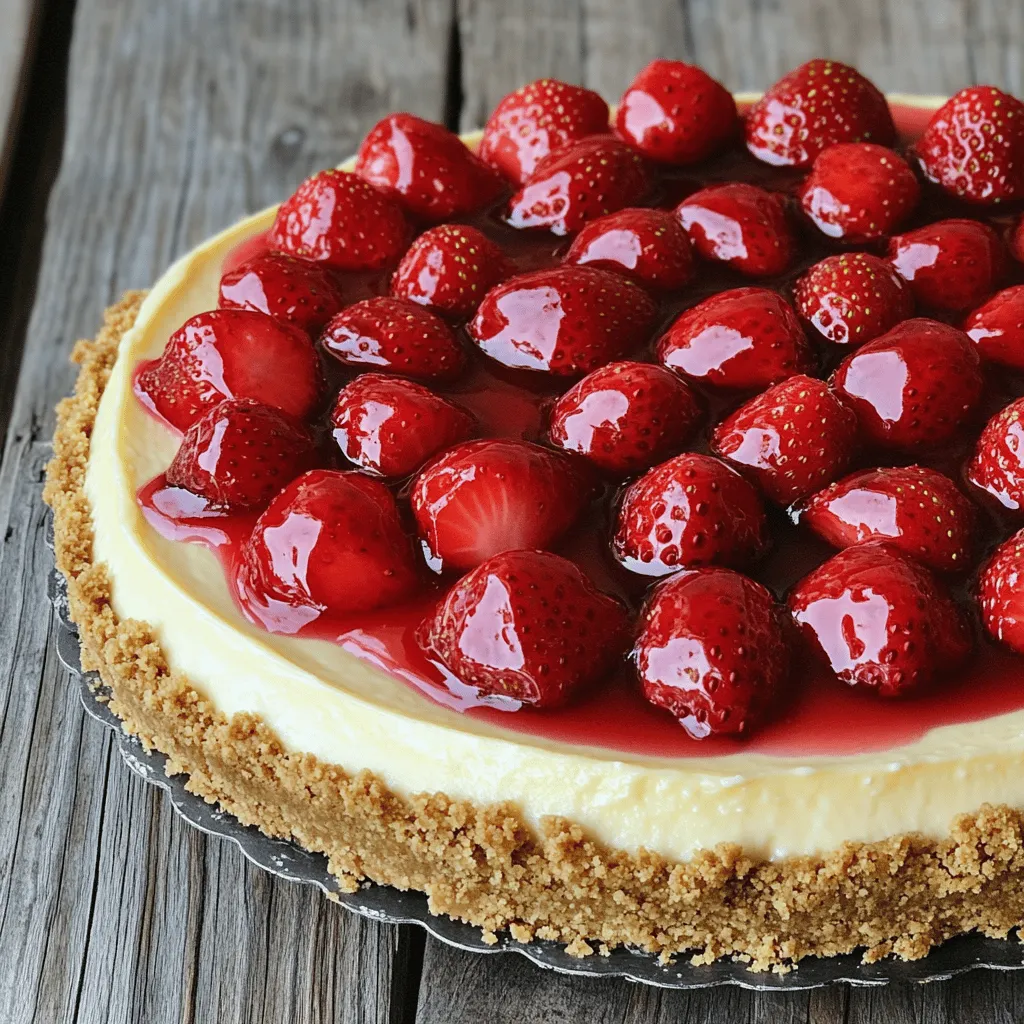 For this delightful strawberry cheesecake, gather these ingredients: - 1 ½ cups graham cracker crumbs - ½ cup unsalted butter, melted - 2 tablespoons sugar - 16 oz cream cheese, softened - 1 cup powdered sugar - 1 teaspoon vanilla extract - 1 cup sour cream - 2 cups fresh strawberries, hulled and sliced - 2 tablespoons lemon juice - 3 tablespoons cornstarch - 1 tablespoon sugar (for strawberry topping) When choosing ingredients, opt for fresh strawberries. They give a burst of flavor. Use high-quality cream cheese for a rich taste. If you are out of graham crackers, crushed cookies work well. To make this cheesecake, you will need: - Mixing bowls - Electric mixer - 9-inch springform pan - Spatula - Measuring cups and spoons For the best results, use a springform pan. It helps in easy removal. A hand mixer is great for a smooth filling. If you don’t have one, a whisk can work, but it takes longer. To start, grab a mixing bowl. Add 1 ½ cups of graham cracker crumbs, ½ cup of melted unsalted butter, and 2 tablespoons of sugar. Mix these ingredients until they look like wet sand. This step is key for a great crust. Next, take a 9-inch springform pan and press the mixture evenly into the bottom. It should be packed tightly. Now, refrigerate this crust while you make the filling. This helps it set well. In a large bowl, beat 16 oz of softened cream cheese with an electric mixer. You want it smooth and creamy. Slowly add 1 cup of powdered sugar, mixing until fluffy. Then, add 1 cup of sour cream, 1 teaspoon of vanilla extract, and 2 tablespoons of lemon juice. Keep mixing until everything is blended well. Next, stir in 3 tablespoons of cornstarch. Make sure there are no lumps. Pour this filling over your chilled crust. Smooth the top with a spatula. Bake the cheesecake in a preheated oven at 325°F for 50-60 minutes. The edges should set, but the center can jiggle a bit. Turn off the oven and let it cool inside for one hour. This helps prevent cracks. While the cheesecake cools, take 2 cups of hulled and sliced strawberries. In a bowl, mix them with 1 tablespoon of sugar. Set them aside for about 15-20 minutes. This process is called macerating. It helps the strawberries release their juices and makes a tasty sauce. Timing is important here; don’t skip this step! To serve strawberry cheesecake, let it chill well. This makes it firm and tasty. You can slice it into nice pieces. Add a dollop of whipped cream on each slice. Fresh mint leaves add a pop of color. You can also sprinkle some crushed graham crackers on top. This will give it a nice crunch. Common mistakes can ruin your cheesecake. Do not overmix the cream cheese. This can add too much air and cause cracks. Make sure to bake it at the right temperature. Check for doneness by gently shaking the pan. The edges should be set, but the center can jiggle a bit. This means it's still creamy. Use a good electric mixer for the best results. A springform pan is great for easy removal. If you have a food processor, it helps with crust prep. When baking, use a water bath to keep the cheesecake moist. If cracks appear, don't worry! You can cover them with a strawberry topping. This makes it look beautiful again. For more detailed instructions, refer to the [Full Recipe]. {{image_2}} For a quick and easy treat, try a no-bake strawberry cheesecake. This version skips baking, making it perfect for hot days. Ingredients: - 1 ½ cups graham cracker crumbs - ½ cup unsalted butter, melted - 1 cup cream cheese, softened - 1 cup powdered sugar - 1 teaspoon vanilla extract - 1 cup whipped cream - 2 cups fresh strawberries, hulled and sliced - 2 tablespoons lemon juice - 1 tablespoon sugar (for strawberries) To make it, mix the graham cracker crumbs and melted butter. Press this mixture into a springform pan. In a bowl, beat the cream cheese until smooth. Add the powdered sugar and vanilla, mixing well. Fold in the whipped cream gently. Pour this filling over the crust and spread evenly. Chill for at least four hours. For serving, top with sliced strawberries mixed with sugar and lemon juice. This adds a fresh, fruity flavor that everyone loves. You can also create a vegan strawberry cheesecake. It's simple to swap regular ingredients for plant-based ones. Alternative Ingredients: - 1 ½ cups almond flour (instead of graham cracker crumbs) - ½ cup coconut oil (instead of butter) - 1 cup soaked cashews (instead of cream cheese) - 1 cup maple syrup (instead of powdered sugar) - 1 cup coconut whipped cream (for fluffiness) Blend soaked cashews until smooth. Mix with maple syrup and vanilla. Fold in the whipped cream for a light texture. Follow the same steps as the no-bake recipe. The flavor is rich and creamy, just like the classic version. You get a delicious taste without any dairy. Feel free to get creative with flavors! Try adding chocolate or lemon zest to your cheesecake. Suggestions: - Mix in cocoa powder for a chocolate twist. - Add lemon zest for a bright flavor. - Combine crushed cookies or nuts for crunch. For toppings, consider crushed cookies, nuts, or a drizzle of chocolate sauce. Fresh mint can add a nice touch too. The options are endless, and it makes your cheesecake unique! To store leftover cheesecake, keep it in the fridge. Use an airtight container to avoid drying. You can also cover the cheesecake with plastic wrap. This helps keep the flavors fresh. Store it in the fridge for up to five days. If you do not have a container, you can wrap it tightly in plastic wrap. To freeze the cheesecake, first, let it cool completely. Wrap it in plastic wrap, then place it in a freezer-safe bag. This keeps it fresh for up to three months. When ready to eat, thaw it in the fridge for a few hours. Do not thaw at room temperature, as this may change the texture. In the fridge, cheesecake lasts about five days. In the freezer, it can stay good for three months. Watch for signs of spoilage like a sour smell or discoloration. If it looks off or smells strange, it’s best to throw it away. Enjoy your strawberry cheesecake while it’s fresh! Yes, you can make strawberry cheesecake ahead of time. This dessert tastes even better after sitting in the fridge. Prepare it a day before serving for the best flavor. Store it tightly wrapped in the refrigerator. This keeps it fresh and tasty. Baking at high altitudes can change how your cheesecake cooks. You often need to reduce the sugar and increase the liquid. Bake the cheesecake a bit longer, as the air is thinner. Check for doneness by gently shaking the pan. If it jiggles slightly in the center, it is ready. You can use frozen strawberries. They work well, but fresh strawberries have better flavor. Frozen berries may not slice as nicely. If using frozen, thaw and drain them first. This helps avoid excess water on your cheesecake. Cracks often happen due to rapid temperature changes. To avoid this, cool the cheesecake slowly in the oven after baking. Another tip is to avoid overmixing the batter. This can add too much air and lead to cracks. Lastly, use a water bath while baking to keep moisture in. To cut your cheesecake well, use a sharp knife. Dip the knife in hot water and wipe it dry before cutting. This helps create clean slices. Cut slowly and gently to keep the crust intact. If you want perfect pieces, use a ruler to measure. Yes, cooling in the oven is necessary. This step helps set the cheesecake and reduces the chance of cracks. After baking, turn off the oven and leave the door slightly open. Let it sit for about an hour. This gradual cooling is key for a smooth finish. This blog post covered all you need for making strawberry cheesecake. We discussed ingredients, essential equipment, and step-by-step instructions. You learned tips for serving, achieving the right texture, and some fun variations. I shared storage methods and answered common questions. Now, dive into creating your perfect cheesecake. Enjoy the process and share it with others. Happy baking!